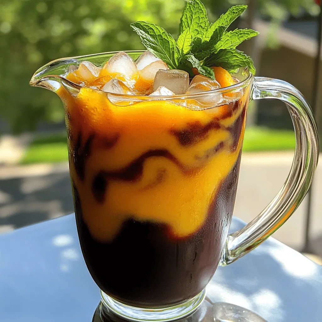 Here is what you need to make simple iced peach tea: - 4 ripe peaches, pitted and sliced - 4 cups water - 4 tea bags (black tea or green tea) - 1/4 cup honey (adjust to taste) - Fresh mint leaves for garnish - Ice cubes Using ripe peaches is key. They give the tea a sweet and rich flavor. You can use black or green tea; both work well. Honey adds sweetness, but you can change the amount to fit your taste. Fresh mint leaves will make the drink look and taste fresh. Lastly, ice cubes keep the tea cold and refreshing. For more details, check out the Full Recipe. 1. Start by boiling 4 cups of water in a medium saucepan over medium heat. 2. Once the water boils, remove the pan from the heat. Add 4 tea bags to the hot water. 3. Let the tea bags steep for about 5 minutes. This makes a strong tea. 4. While the tea is steeping, take 4 ripe peaches. Pit and slice them. 5. Place the peach slices in a blender. Add 1/4 cup of honey for sweetness. 6. Blend the peaches and honey until you get a smooth puree. 1. After 5 minutes, remove the tea bags from the saucepan. 2. Stir the peach puree into the steeped tea. Make sure it mixes well. 3. Let the mixture cool to room temperature. Then, move it to the fridge. 4. Chill the tea for at least 1 hour. This makes it refreshing. 1. Once chilled, grab a glass and fill it with ice cubes. 2. Pour the iced peach tea over the ice. 3. For a nice touch, garnish with fresh mint leaves. 4. Enjoy your homemade iced peach tea! You can find the Full Recipe for more details on making this delicious drink. To make the best iced peach tea, start by picking ripe peaches. Look for peaches that are soft but not mushy. They should smell sweet and fragrant. The color should be vibrant and rich. This ensures the tea will taste fresh and fruity. Next, adjust the sweetness to your taste. I use honey in this recipe, but you can try other sweeteners too. Taste the tea before serving. If it needs more sweetness, add honey little by little. Mix well after adding. This lets you control the flavor perfectly. When serving iced peach tea, choose clear glassware. This shows off the beautiful peach color. Tall glasses work best, as they hold more ice. You might also use mason jars for a rustic look. Pair your iced peach tea with light snacks. Finger foods like sandwiches or fruit platters work well. You can also serve it with a slice of lemon cake or peach cobbler. These treats will enhance the peach flavor and make your tea time special. For the full recipe, check out the complete guide on making refreshing iced peach tea. {{image_2}} You can change your iced peach tea in fun ways. Start by using different types of tea. Black tea gives a bold flavor, while green tea offers a lighter taste. Herbal teas, like chamomile, can add unique notes. You can also mix in other fruits or herbs. Try adding sliced strawberries, mint, or basil for a fresh twist. Each change can bring a new flavor to your drink. If you want a peach tea cocktail, it’s easy to add some spirits. Vodka works well because it has a mild taste. For a sweeter drink, try peach schnapps. You can also use bourbon, which gives a warm, rich flavor. Mix your peach tea with a splash of your chosen spirit for a refreshing adult drink. Enjoy it on a sunny day with friends! For the full recipe, check out the detailed steps above. To keep your iced peach tea fresh, store it in the refrigerator. Use a clean pitcher or a glass jar with a tight lid. This helps keep out any smells from the fridge and keeps your tea tasting great. Make sure to drink your tea within a week for the best flavor. If you want to save some iced peach tea for later, you can freeze it. First, pour the tea into ice cube trays or freezer-safe containers. Leave some space at the top. The tea will expand as it freezes. When you are ready to drink it, just take out the amount you need. To thaw, place the cubes in the fridge overnight or let them sit at room temperature for a few hours. Enjoy your peach tea chilled and refreshing! Iced peach tea can last for about 3 to 5 days in the fridge. To keep it fresh, store it in a tight container. This helps maintain its flavor and aroma. Always check for any changes before drinking. Yes, you can make iced peach tea without sugar. Use ripe peaches for natural sweetness. You can also try using sugar substitutes like stevia or agave. This way, you still get a tasty drink without the added sugar. The best way to sweeten peach tea is by using honey or agave syrup. Both dissolve well and add a nice flavor. You can adjust the amount based on your taste. Start with a little and add more if needed. Yes, you can use canned peaches for this recipe. Just make sure they are in juice, not syrup. Drain and blend them like fresh peaches. This can save time and still give you a nice peach flavor. Iced peach tea is simple to make and refreshing to drink. You start with ripe peaches, blend them, and mix with steeped tea. Remember to adjust sweetness to your taste. You can serve it over ice and add mint for freshness. Explore different teas, fruits, or even cocktails to customize your drink. With easy storage tips, you can keep leftovers fresh. This delicious drink is perfect for hot days, gatherings, or a quiet moment. Enjoy your creative twist on iced peach tea!