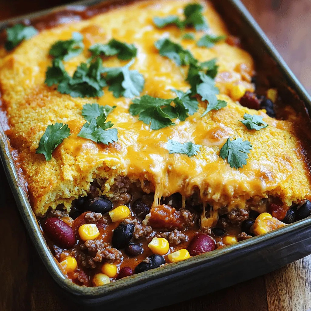 For a tasty Cowboy Casserole with Cornbread, you need these main ingredients: - 1 pound ground beef - 1 can (15 oz) kidney beans, drained and rinsed - 1 can (15 oz) black beans, drained and rinsed - 1 can (15 oz) corn, drained - 1 can (10.5 oz) diced tomatoes with green chilies - 1 medium onion, chopped - 2 cloves garlic, minced - 1 packet taco seasoning - 1 cup shredded cheddar cheese - 1 cup cornbread mix - 1 egg - 1 cup milk - Salt and pepper to taste - 2 tablespoons olive oil You might have some of these pantry staples at home. They help make the dish complete: - Taco seasoning - Olive oil - Salt - Pepper If you run out of an ingredient, don’t worry. Here are some swaps: - Ground beef can be replaced with turkey or chicken. - You can use canned chickpeas instead of kidney or black beans. - Try frozen corn if you lack canned corn. - Use any cheese you like instead of cheddar. - For a vegetarian option, skip the meat and add more beans. These options keep the dish tasty while fitting your needs. Check out the Full Recipe for more details on cooking this delicious meal! To make your Cowboy Casserole with Cornbread, start by gathering your ingredients. You will need ground beef, beans, corn, diced tomatoes, onion, garlic, and more. First, preheat your oven to 375°F (190°C). In a large skillet, heat two tablespoons of olive oil over medium heat. Add one chopped onion and cook it until it turns soft, about five minutes. Next, add two minced garlic cloves and one pound of ground beef. Cook the beef until it turns brown. Drain any fat from the skillet if needed. Now, mix in one drained can of kidney beans, one drained can of black beans, one drained can of corn, one can of diced tomatoes with green chilies, and one packet of taco seasoning. Stir everything well and let it simmer for about five minutes. Add salt and pepper to taste. Transfer this beef mixture into a greased 9x13 inch baking dish evenly. To save time, chop all your ingredients before starting. This way, you can cook without interruption. Use a food processor for the onion and garlic if you have one. Clean as you go to keep your workspace neat. When cooking the beef, make sure to break it into small pieces. This helps it cook evenly. If you need to, you can use a spatula or wooden spoon to break it up as it cooks. This way, you avoid large chunks in your casserole. After preparing the beef layer, it’s time to make the cornbread topping. In a bowl, mix the cornbread mix with one egg and one cup of milk. Stir until just combined; don’t overmix. Pour this cornbread batter over the beef mixture, spreading it evenly. Sprinkle one cup of shredded cheddar cheese on top of the cornbread layer. Then, place the baking dish in the oven. Bake for 25-30 minutes. Check if it’s done by inserting a toothpick into the center. If it comes out clean, it’s ready. Once baked, take it out and let it cool for about five minutes. This waiting time helps the layers set. Enjoy your delicious Cowboy Casserole with Cornbread! For a full recipe, check the details provided above. To boost the taste of your Cowboy Casserole, try these tips: - Use fresh herbs: Adding cilantro or parsley at the end brightens the flavor. - Sauté veggies: Cook onions and garlic until golden. This adds depth. - Add jalapeños: If you like heat, toss in diced jalapeños for a spicy kick. - Experiment with cheese: Mix different cheeses, like pepper jack, for a creamy twist. These small changes can make a big difference in taste. Here are some common pitfalls to watch for: - Overcooking the beef: If you cook it too long, it can get tough. Aim for just browned. - Not draining canned beans and corn: This can make your dish too watery. Always drain well. - Skipping the seasoning: Don’t forget salt and pepper. They are key to flavor. - Not checking cornbread doneness: Insert a toothpick to check. If it comes out clean, it’s done. Avoid these mistakes for a perfect casserole every time. Using the right tools makes cooking easier: - Large skillet: Ideal for browning meat and sautéing veggies. - 9x13 inch baking dish: Perfect for layering your casserole. - Mixing bowls: Useful for preparing the cornbread mix. - Spatula: Great for spreading the cornbread batter evenly. Having the right tools helps create a smooth cooking experience. For the full recipe, check out the Cowboy Casserole with Cornbread. {{image_2}} You can easily make a vegetarian cowboy casserole. Replace the ground beef with 1 pound of lentils. Lentils give you protein and a nice texture. Use extra beans, like pinto or chickpeas, for a hearty dish. Keep the rest of the ingredients like corn, tomatoes, and seasoning. This way, you still get that rich flavor without meat. To make this dish gluten-free, switch to a gluten-free cornbread mix. Ensure your canned goods are certified gluten-free. You can use quinoa instead of beef for more protein. Quinoa cooks fast and adds a nice crunch. Always check your ingredients to avoid gluten sneaking in. Want to spice things up? Add jalapeños or chili powder for heat. A dash of smoked paprika can give a nice BBQ flavor. You can also mix in BBQ sauce into the beef mixture. It adds a sweet and smoky taste that everyone will love. Don't be shy to experiment; try adding other veggies like bell peppers or zucchini for new flavors. Storing your leftover cowboy casserole is easy. Let it cool completely first. Then, place it in an airtight container. Store it in the fridge for up to four days. Make sure to cover it well. This keeps the casserole moist and fresh. You can also wrap it tightly in aluminum foil. Just be sure to store any leftover cornbread separately, if possible. If you want to keep the casserole longer, freezing is a great option. First, let the casserole cool down. Cut it into individual portions for easier thawing. Wrap each piece in plastic wrap. Then, place them in a freezer-safe bag. Label the bag with the date. This way, you can enjoy it for up to three months. When you are ready to eat, thaw it in the fridge overnight. Reheating your cowboy casserole can be simple. For the best taste, use the oven. Preheat it to 350°F (175°C). Place the casserole in a baking dish. Cover it with foil to keep moisture in. Heat for about 20-30 minutes. You can also use a microwave for quicker results. Just heat it in short bursts. Stir it between intervals to avoid cold spots. Enjoy your tasty leftovers just like the first time! For more detailed instructions, check out the Full Recipe. Yes, you can prepare Cowboy Casserole ahead of time. Cook the beef and mix it with the beans, corn, and spices. Place it in the baking dish and cover it tightly. You can store it in the fridge for up to two days. When ready to eat, just add the cornbread mix on top and bake as directed. Cowboy Casserole pairs well with many sides. Consider serving it with: - Fresh salsa - Guacamole - A simple green salad - Jalapeño cornbread for extra flavor - Sour cream or Greek yogurt for creaminess These options will enhance your meal and add freshness. To adjust the spice level, you can: - Add more taco seasoning for heat. - Mix in diced jalapeños or green chiles for a kick. - Use spicy diced tomatoes instead of regular ones. - Serve with hot sauce on the side for those who like it hot. You can easily tailor the spice to fit your taste. Just remember to start small; you can always add more! In this article, we covered key ingredients for Cowboy Casserole, cooking steps, and useful tips. You learned how to store leftovers and add your own twist. Remember, you can make this dish your own by choosing veggies or spices to suit your taste. Cooking should be fun, so try new ideas and enjoy the process. Whether it's a family meal or a gathering, this casserole works well for any occasion. Happy cooking!