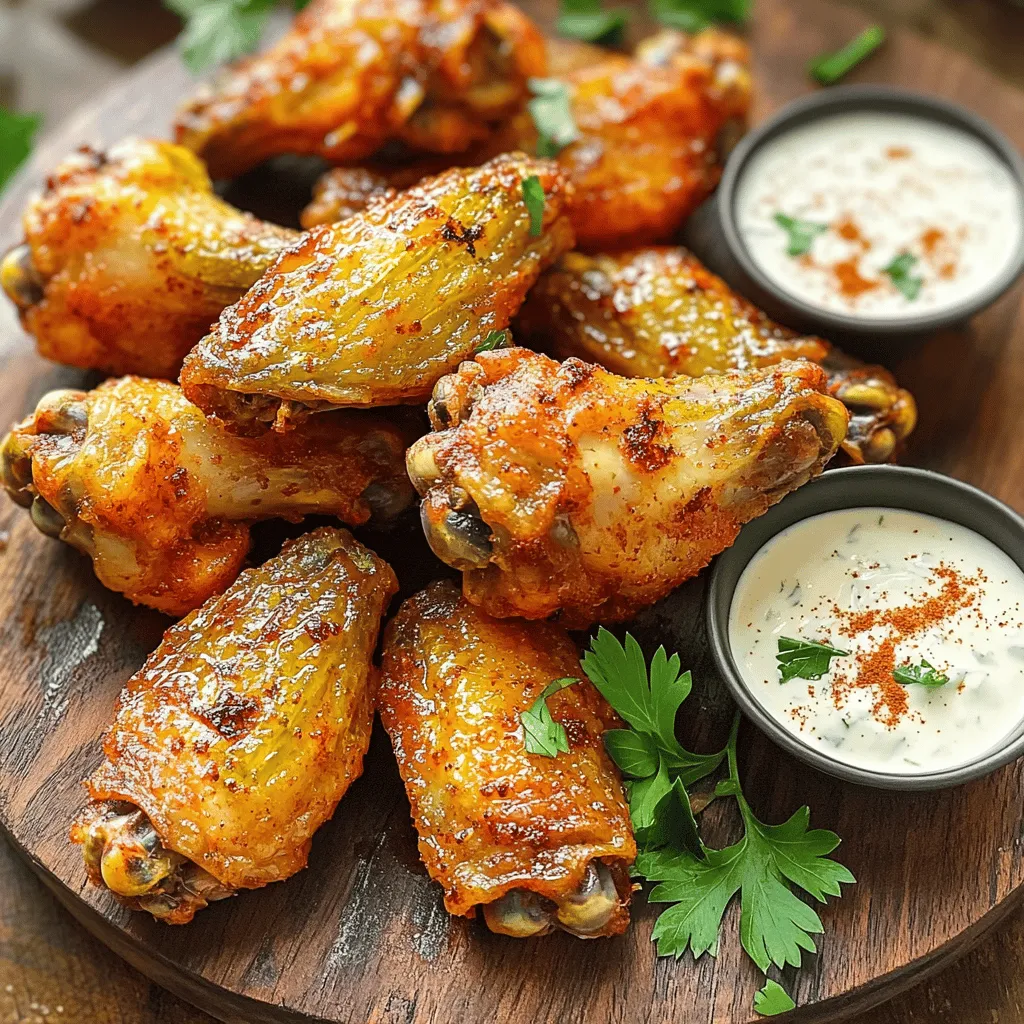 For pickle brined air fryer wings, you need a few simple ingredients. These items bring out great flavor and crispiness. Here’s what you will need: - 2 pounds chicken wings - 1 cup dill pickle juice - 1 tablespoon garlic powder - 1 teaspoon onion powder - 1 teaspoon paprika - 1 teaspoon black pepper - 1 teaspoon salt - 1/2 teaspoon cayenne pepper (optional for heat) - Cooking spray or olive oil for spraying Each ingredient plays a role in making these wings special. The chicken wings are your main event, while the dill pickle juice adds a tangy kick. It also helps tenderize the meat. The spices and seasonings, like garlic and paprika, give the wings a tasty crust. Using cooking spray or olive oil keeps them from sticking while cooking. For the full recipe, check out the entire guide. You'll find step-by-step directions to make these wings perfectly crispy and full of flavor. Marinating in pickle juice First, grab a large bowl. Place the chicken wings inside. Pour in the dill pickle juice until the wings are fully covered. This brine adds great taste and helps keep the wings juicy. Cover the bowl with plastic wrap. Pop it in the fridge for at least two hours. For even more flavor, let it sit overnight. Preheating the air fryer While the wings soak up all that flavor, it’s time to preheat your air fryer. Set it to 375°F (190°C). Preheating ensures the wings cook evenly and get that perfect crispiness. Mixing spice blend Now, let’s make the spice mix! In a small bowl, combine one tablespoon of garlic powder, one teaspoon of onion powder, one teaspoon of paprika, one teaspoon of black pepper, one teaspoon of salt, and if you like it spicy, add half a teaspoon of cayenne pepper. Mix it well! Coating the wings evenly After marinating, take the wings out of the brine. Let any excess juice drip off. Discard the pickle juice. Sprinkle the spice mix all over the wings. Toss them gently until they are coated evenly. Each wing should be covered in that tasty spice blend. Arranging in the air fryer Before cooking, lightly spray the air fryer basket with cooking spray or brush it with olive oil. This step helps prevent sticking. Place the seasoned wings in a single layer in the basket. Don’t overcrowd them. If you have a lot of wings, you may need to cook them in batches. Cooking time and flipping Cook the wings for 25 to 30 minutes. Halfway through, flip them to ensure they get crispy on both sides. The wings are done when they look golden brown and crispy. Once cooked, let the wings rest for a few minutes before serving. Enjoy your delicious pickle brined air fryer wings! For more details, check the Full Recipe. To get that perfect crunch, cook the wings in one layer. This way, they get good air flow and cook evenly. If you stack them, some wings will steam instead of crisp. Preheat your air fryer to 375°F (190°C). This temperature helps the wings crisp up nicely, creating a golden exterior. Marinating time matters. A short soak of just two hours gives a good flavor, but overnight is best. Longer marination allows the dill pickle juice to soak in deeply. If you want more pickle flavor, try adding some spices to the pickle juice. For more zing, consider adding crushed red pepper or garlic. When serving, think about dipping sauces. Ranch and blue cheese work great with these wings. You can also try spicy mustard for a kick. For garnishing, use fresh herbs like parsley or thyme. They add color and a fresh taste to your dish. Serve the wings on a bright platter to make them shine. For more details, check the Full Recipe. {{image_2}} Want to kick up the heat? Add cayenne pepper to your spice mix. You can also try using chili powder or crushed red pepper flakes. These spices give your wings a nice zing. Just remember to start with a little. You can always add more if you want extra spice. Experimenting with different pickle flavors can be fun. Try bread and butter pickle juice for a sweeter twist. You can also use spicy dill pickle juice for a kick. Using flavored oils, like garlic-infused oil, can add depth. A drizzle of lemon oil gives a fresh touch. These small changes can make your wings unique and exciting. If you don’t have an air fryer, you can bake your wings. Preheat your oven to 400°F (200°C). Place the wings on a baking sheet. Bake for 40-45 minutes, flipping halfway for even cooking. Grilling is another great option. Heat your grill to medium-high. Cook the wings for about 20 minutes, turning them until crispy. Each method brings a different texture, so try them all! To keep your leftover wings fresh, store them in the fridge. Use airtight containers to prevent air from getting in. This helps maintain their taste and texture. They last about three days in the fridge. Make sure to let them cool down before packing. When you want to eat your wings again, keep them crispy. The best way to reheat them is in the air fryer. Set the air fryer to 350°F (175°C). Heat them for about 5 to 7 minutes. This makes them hot and crispy again. Avoid using a microwave, as it can make them soggy. If you want to store wings longer, you can freeze them. Freeze them as soon as they cool down. Place them in a freezer bag or airtight container. They can last up to three months in the freezer. When ready to eat, thaw them in the fridge overnight before reheating. Marinate the wings for at least 2 hours. For the best flavor, overnight is ideal. The longer the wings soak, the more they absorb the tangy taste. This makes the meat flavorful and moist. Yes, you can use frozen wings. Just make sure to thaw them first. Frozen wings may need a bit longer to cook. Always check that they reach an internal temperature of 165°F for safety. Using pickle juice adds a unique flavor. Without it, the wings may taste bland. You can use lemon juice or vinegar as alternatives, but the taste will change. If you skip the brine, add more spices to boost the flavor. These wings pair well with various side dishes. Try serving them with: - Celery sticks - Carrot sticks - French fries - Coleslaw - Dipping sauces like ranch or blue cheese For a complete meal, consider adding a fresh salad or roasted veggies. The crunch of the sides complements the crispy wings. Enjoy your feast! For the complete recipe, check out the Full Recipe section above. In this post, we explored how to make tasty pickle brined air fryer wings. We covered essential ingredients, marinating steps, and cooking techniques to achieve crispy wings. I shared tips for marination and even some fun variations to try. Remember, experimenting can lead to your best wings yet. Enjoy sharing them with friends and family. Happy cooking!