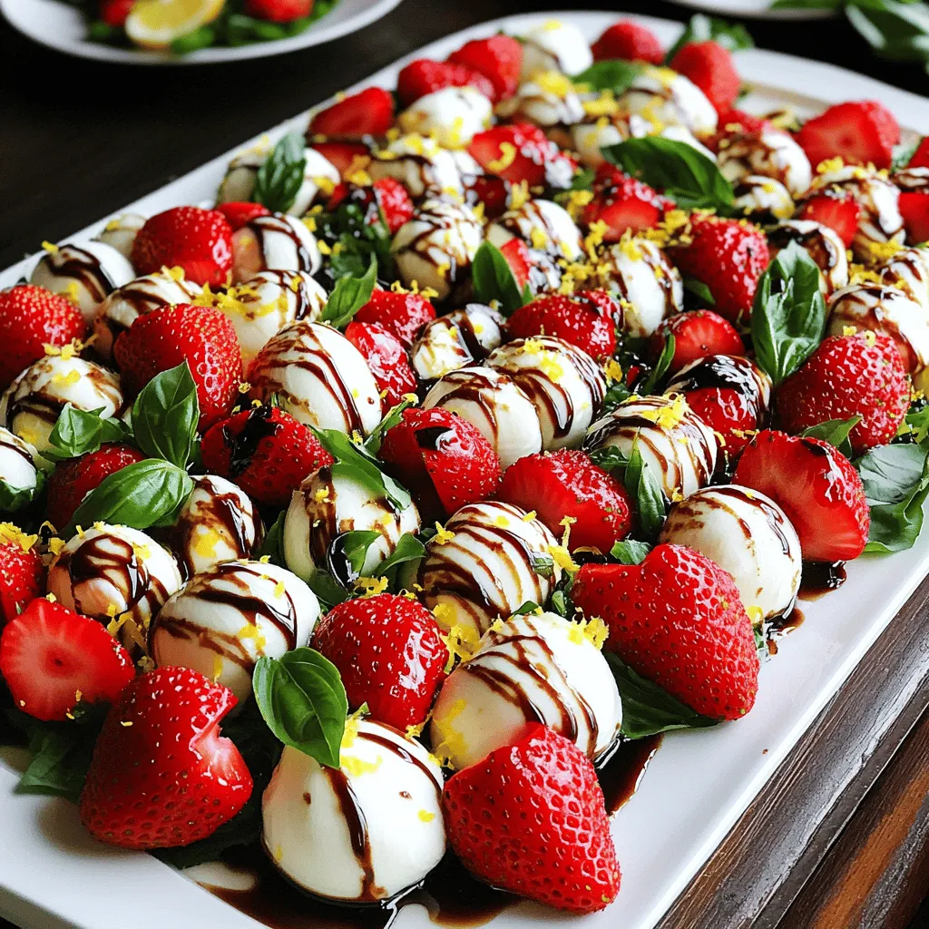 To make a great Balsamic Strawberry Caprese Salad, you need fresh ingredients. Here’s what you’ll need: - 2 cups fresh strawberries, hulled and sliced - 1 cup fresh mozzarella balls (bocconcini), halved - 1 handful fresh basil leaves - 3 tablespoons balsamic glaze - 1 tablespoon extra virgin olive oil - Salt and pepper to taste - Zest of 1 lemon (optional for added freshness) These ingredients come together for a bright, tasty salad. The strawberries add sweetness, while the mozzarella gives creaminess. Fresh basil provides a fragrant touch. The balsamic glaze ties everything together with its rich flavor. You can make this salad even better with a few simple add-ons. Consider these options: - A sprinkle of crushed red pepper flakes for heat - Sliced avocado for creaminess - Toasted nuts like walnuts or almonds for crunch - A drizzle of honey for extra sweetness These enhancements can elevate your salad and impress your guests. You don’t need fancy tools to make this salad. Here’s what you’ll need: - A large mixing bowl - A sharp knife for slicing - A cutting board - Measuring spoons for the balsamic glaze and olive oil Having these tools handy will make the process smooth and easy. With just a few basic items, you can whip up this fresh and flavorful dish. For the full recipe, check out the details above. To start, gather your ingredients. You need fresh strawberries, mozzarella, and basil. Slice the strawberries and halve the mozzarella balls. Place them in a large mixing bowl. Add the basil leaves gently. This keeps them whole and fresh. Drizzle balsamic glaze and olive oil over the top. Sprinkle salt and pepper to taste. If you like a zesty touch, add lemon zest. Now, gently toss everything together. Make sure the dressing coats all the ingredients. This salad is all about balance and flavor. When mixing, use a light hand. You want to keep the mozzarella and strawberries intact. If you stir too hard, they can break apart. Serve the salad on a large white platter. This makes the colors pop. Right before serving, add a bit more balsamic glaze on top. It gives a nice shine and extra flavor. Garnish with whole basil leaves for a fresh look. After mixing, let the salad sit for 5 minutes. This allows the flavors to blend well. The strawberries will release some juice, adding to the dressing. If you serve it right away, the flavors may not be as strong. Enjoy your fresh and flavorful Balsamic Strawberry Caprese Salad! For the complete recipe, visit the section above. Serving your Balsamic Strawberry Caprese Salad right is key. I love using a large white platter. The colors pop against the white. Drizzle extra balsamic glaze on top just before serving. This adds a nice touch. Garnish with whole basil leaves for a fresh look. You can also serve it in individual bowls for a more personal touch. This salad can shine with a few simple pairings. Try serving it with grilled chicken or fish. The flavors mix well and create a balanced meal. A side of crusty bread will complement the salad nicely. If you want to drink something, a light white wine works great. It enhances the flavors without overpowering them. Avoid using strawberries that are overripe. They can make the salad too mushy. Fresh mozzarella should be soft but not dripping. Don't skip the salt and pepper. They elevate the taste of each ingredient. Toss the salad gently. You don't want to tear the basil leaves. Lastly, let it sit for a few minutes. This waiting time helps the flavors blend beautifully. For the full recipe, refer to the earlier section. {{image_2}} You can change up this salad based on what is fresh. In spring, try ripe peaches instead of strawberries. In fall, use apples or pears for a crunchy twist. Each fruit brings new flavors. You might also add tomatoes for extra color and taste. Mix and match to find what you love best. This salad is easy to adapt. For a vegan version, swap mozzarella with vegan cheese or avocado. For gluten-free needs, this recipe is already safe. Just ensure all ingredients are gluten-free. You can enjoy this salad without any worry. Try adding nuts like almonds or walnuts for crunch. A drizzle of honey can make it sweeter. You could also include a pinch of chili flakes for some heat. If you love herbs, mix in mint or oregano for a fresh kick. Each twist makes this salad unique and fun. For the full recipe, check the main article. To store your Balsamic Strawberry Caprese Salad, place it in an airtight container. Make sure to cover it well to keep out air. This helps keep the salad fresh. Refrigerate it right away. Enjoy it within two days for the best taste. When prepping this salad in advance, keep the dressing separate. This helps the salad stay crisp. You can slice the strawberries and mozzarella ahead of time. Just wait to add the basil until right before serving. This keeps the basil fresh and vibrant. The salad stays fresh for up to two days. After that, the strawberries may become mushy. The cheese can get rubbery and lose its charm. The basil can also turn brown and wilt. For the best flavor and texture, enjoy your salad soon after making it. If you want to try this delicious dish, check out the Full Recipe. If you can't find fresh basil, try using fresh parsley or mint. Both herbs add a fresh taste. You can also use arugula for a peppery kick. Each option gives a unique twist to your salad. Yes, you can prepare the salad ahead of time. Just be careful with the basil. It wilts quickly when mixed with moisture. I suggest adding the basil right before serving. This keeps the leaves fresh and vibrant. Making balsamic glaze is easy! Simply heat 1 cup of balsamic vinegar in a pot. Bring it to a simmer and cook until it reduces by half. This usually takes about 10-15 minutes. The glaze thickens as it cools. Absolutely! This salad is colorful and tasty, making it perfect for a potluck. It’s easy to transport and doesn’t need cooking. Just mix it in a bowl and serve. The bright flavors will impress your friends. For the full recipe, check out the earlier section. This blog post covered all you need to know for a great Balsamic Strawberry Caprese Salad. We discussed fresh ingredients and optional enhancements for bold flavors. I shared tips for perfect mixing and serving, along with common mistakes to avoid. You can also explore seasonal swaps and dietary options to cater to different tastes. Remember to store your leftovers properly for the best taste later. Enjoy this delicious salad and get creative with your own variations!