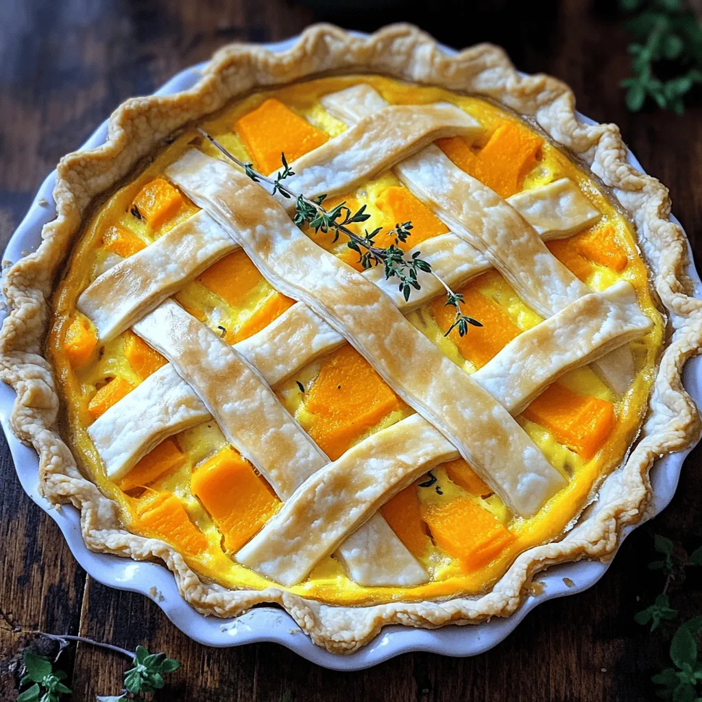 To make a tasty butternut lattice quiche, you need just a few key items. Here’s what you will gather: - 1 medium butternut squash, peeled and diced - 1 onion, finely chopped - 2 cloves garlic, minced - 4 large eggs - 1 cup heavy cream - 1 cup shredded Gruyère cheese - Salt and pepper to taste - Fresh thyme leaves, for garnish - 1 pie crust (store-bought or homemade) These ingredients create a rich, creamy filling and a lovely flavor. Using fresh and seasonal ingredients makes your quiche shine. Look for a butternut squash that feels heavy for its size. Choose an onion that is firm with no soft spots. Fresh garlic adds a punch of flavor, so avoid pre-minced options. For the best results, select high-quality Gruyère cheese. This cheese melts well and adds depth to your dish. Fresh thyme leaves give a burst of color and aroma, making your quiche more inviting. You can adapt this recipe based on what you have on hand. If you can’t find Gruyère, try Swiss cheese or cheddar. For a lighter option, replace heavy cream with whole milk or half-and-half. If you want a vegetarian quiche, skip the cheese and add more veggies like spinach or bell peppers. If you prefer a gluten-free dish, use a gluten-free pie crust. These swaps will still give you a delicious butternut lattice quiche. For the full recipe, check out the detailed instructions above. To start, gather all your ingredients. You will need a medium butternut squash, an onion, garlic, eggs, heavy cream, Gruyère cheese, salt, and pepper. Don't forget your pie crust! Next, peel and dice the butternut squash into small cubes. Chop the onion finely and mince the garlic. This makes everything cook evenly. 1. Preheat your oven to 375°F (190°C). This step is key for a nice, crisp crust. 2. Heat a splash of olive oil in a skillet over medium heat. Add the chopped onion and minced garlic. Cook for about 3-4 minutes until soft. 3. Now add the diced butternut squash. Stir and cook for another 10-12 minutes. The squash should be tender when done. Season with salt and pepper. Set it aside to cool a bit. 4. In a large mixing bowl, whisk together the eggs and heavy cream until smooth. Add the shredded Gruyère cheese. Mix it all together well. 5. Fold in the cooled butternut squash mixture. Make sure it is evenly spread in the egg mixture. 6. Roll out your pie crust and place it into a quiche dish. Make sure it fits snugly against the edges. Trim off any extra crust. 7. Pour the filling into the prepared crust. Spread it out evenly. 8. To make the lattice top, you can either cut strips from another pie crust or use fun shapes. Place this on top of the filling. 9. Bake in the oven for 35-40 minutes. Your quiche is ready when the filling is set and the crust is golden brown. 10. After baking, let it cool for a few minutes. Before serving, add fresh thyme leaves on top for a nice touch. Creating a lattice top is all about practice. Start with even strips of dough, about 1 inch wide. Lay half of the strips across the quiche in one direction. Then, weave the other half over and under the first half. This gives a beautiful, homemade look. If you make it a little messy, don’t worry! It will still taste amazing. To enhance the flavor of your filling, start with fresh herbs. Thyme and rosemary work wonders. You can also add a pinch of nutmeg for warmth. If you like heat, sprinkle in some red pepper flakes. Mixing in sautéed mushrooms or spinach adds depth and texture. Always taste your filling before baking. Adjust the salt and pepper as needed. A crisp crust is key to a great quiche. Start by pre-baking the crust. This helps set it and keeps it from getting soggy. Use pie weights or dried beans to weigh it down while baking. Bake it for about 10 minutes before adding the filling. Make sure your oven is hot enough; 375°F works best. Also, avoid overfilling the crust, as this can lead to a soggy base. One mistake is not letting the filling cool before pouring it into the crust. Hot filling can make the crust soggy. Another mistake is using cold eggs and cream. Let them sit at room temperature for about 30 minutes. This helps the filling mix well. Lastly, don’t skip the garnish. Fresh thyme adds a pop of color and flavor. For the full recipe, check the previous sections. {{image_2}} You can change the cheese in your quiche to mix flavors. Try sharp cheddar for a bold taste. Feta adds a salty kick, while goat cheese gives a creamy texture. Use mozzarella for a milder flavor and great melt. Each cheese brings its own flair, so feel free to experiment! Add more veggies for extra color and taste. Spinach or kale can boost nutrition and flavor. Bell peppers add sweetness, while mushrooms bring an earthy note. You can also toss in fresh herbs like basil or parsley for a fresh twist. These choices make your quiche unique and yummy! If you want to switch up the crust, consider using a vegetable crust. A cauliflower crust is low-carb and gluten-free. You could also try a whole wheat crust for a healthy option. Even a puff pastry gives a flaky texture. Each crust style offers a new bite to enjoy. For more details on making the perfect Butternut Lattice Quiche, check out the Full Recipe. After you enjoy your Butternut Lattice Quiche, store leftovers in the fridge. Place slices in an airtight container. This keeps the quiche fresh for up to three days. If you want to keep it longer, consider freezing it. To reheat your quiche, preheat your oven to 350°F (175°C). Place the quiche slices on a baking sheet. Heat for about 15-20 minutes. This method warms it evenly and keeps the crust crispy. You can also use a microwave, but the crust may get soggy. If you want to freeze the quiche, let it cool completely first. Wrap it tightly in plastic wrap and then in aluminum foil. This prevents freezer burn. It can stay frozen for up to three months. When you're ready to eat, let it thaw in the fridge overnight before reheating. For the full recipe, check the section above! Yes, you can make Butternut Lattice Quiche ahead of time. Prepare the quiche fully, but do not bake it. Cover it with plastic wrap and store it in the fridge. You can bake it the next day. This way, the flavors have time to blend. It makes for a quick meal on a busy day. You can serve many things with Butternut Lattice Quiche. A fresh green salad pairs well. Use leafy greens, tomatoes, and a light vinaigrette. You can also add fruit, like sliced apples or pears. A simple yogurt or sour cream can bring extra creaminess. These sides balance the flavors of the quiche. Check your quiche after baking for 35-40 minutes. The filling should be set and not jiggly. A knife inserted into the center should come out clean. The crust should be a golden brown. If it looks good, let it cool for a few minutes. Trust your eyes and that knife test! You now know how to make a Butternut Lattice Quiche. We covered the best ingredients, detailed steps, and handy tips. You learned about flavor boosts and storage methods. Each part helps you craft a tasty dish with ease. Remember, cooking is about fun and trying new things. Enjoy creating your quiche and impressing others with your skills!