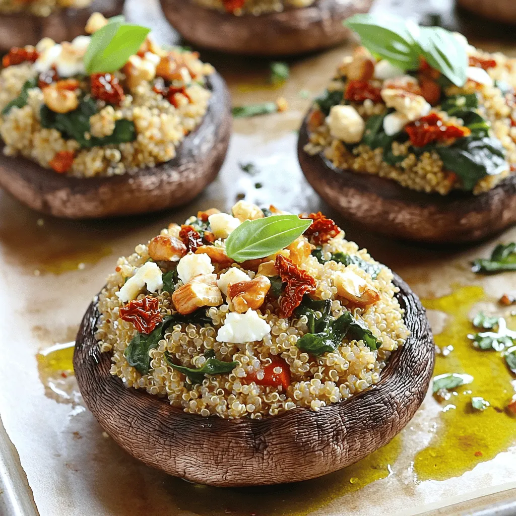 - 4 large portobello mushrooms - 1 cup cooked quinoa - 1 cup fresh spinach, chopped - 1/2 cup sun-dried tomatoes, finely chopped - 1/2 cup feta cheese, crumbled - 1/4 cup walnuts, chopped - 2 cloves garlic, minced - 2 tablespoons olive oil - 1 teaspoon dried oregano - Salt and pepper to taste - Fresh basil leaves for garnish To make stuffed portobello mushrooms, gather your ingredients first. This helps you stay organized. Start with the main ingredients. You need four large portobello mushrooms. Remove their stems to create a hollow space for stuffing. Next, cook one cup of quinoa. This grain adds a nutty flavor and good texture. Chop one cup of fresh spinach, which adds color and nutrients. For the extra flavor, add sun-dried tomatoes. You want half a cup, chopped finely. Crumble half a cup of feta cheese for creaminess. Finally, chop a quarter cup of walnuts to add some crunch. Now, don't forget about the seasonings. Mince two cloves of garlic for a strong taste. Use two tablespoons of olive oil to sauté your veggies. One teaspoon of dried oregano gives an earthy flavor. Add salt and pepper to taste. Fresh basil leaves at the end will make a lovely garnish. For the full recipe, check out the details in the next section. Enjoy making these tasty stuffed mushrooms! - Preheat the oven to 375°F (190°C). - Clean the portobello mushrooms. Rinse them under water and pat them dry. Remove the stems and place them hollow side up on a baking sheet. - In a skillet, add olive oil and heat it on medium. - Sauté 2 cloves of minced garlic for 1-2 minutes until you smell a strong aroma. - Add 1 cup of chopped spinach and stir it until it wilts, which takes about 3 minutes. - In a large bowl, mix together the cooked quinoa, wilted spinach, 1/2 cup of finely chopped sun-dried tomatoes, 1/2 cup of crumbled feta cheese, 1/4 cup of chopped walnuts, 1 teaspoon of dried oregano, and salt and pepper to taste. Ensure everything combines well. - Generously spoon the filling into each portobello mushroom cap. - Bake the stuffed mushrooms in the oven for 25-30 minutes. Look for tender mushrooms with golden tops. - After baking, take them out and let them cool for a few minutes. - Garnish with fresh basil leaves before serving. Enjoy your stuffed portobello mushrooms! Check the Full Recipe for more details. To ensure your mushrooms are tender, start by washing them carefully. Remove any dirt, but do not soak them. Soaking can make them too watery. After cleaning, dry them gently with a paper towel. This helps keep them firm. When stuffing, use a spoon to pack the filling tightly. Don't be shy; fill them well! This ensures every bite is full of flavor. Bake them until the tops are golden brown and the mushrooms are soft. This usually takes about 25-30 minutes. Herbs and spices can really boost the taste of your stuffed mushrooms. Consider adding fresh parsley, thyme, or chives. These herbs add brightness and depth. You can also sprinkle some crushed red pepper for a bit of heat. If you want to customize the flavor, swap some ingredients. For example, use cooked rice instead of quinoa. You can also try different cheeses such as goat cheese or mozzarella. Feel free to add your favorite vegetables like bell peppers or zucchini. This gives your dish a personal touch. For the full recipe, check out the detailed instructions provided earlier. {{image_2}} Gluten-free options To make stuffed portobello mushrooms gluten-free, replace quinoa with rice or gluten-free grains. Use gluten-free breadcrumbs if you wish to add some crunch to the filling. Always check that all your ingredients are gluten-free, especially pre-packaged items. Vegan adaptations For a vegan version, swap feta cheese for a plant-based cheese or nutritional yeast. This adds flavor without dairy. Use a mix of nuts and seeds to keep the filling rich and satisfying. You can also use tofu as a protein source. Different cheeses to use While feta adds a nice tang, you can try mozzarella for a melty texture. Goat cheese works too, giving a creamy feel. If you like sharp flavors, use aged cheddar or blue cheese for a bold twist. Alternate vegetables for stuffing Feel free to get creative with veggies! Bell peppers, zucchini, or shredded carrots can add color and nutrition. You can also toss in some cooked lentils for extra protein. Mix and match based on what you have at home. For the full recipe, check the complete instructions above! To keep your stuffed portobello mushrooms fresh, store them in the fridge. Place them in an airtight container. This helps to keep moisture in and air out. Try to eat leftovers within three days for the best taste. If you want to make them last longer, you can freeze them. Wrap each mushroom in plastic wrap and then place them in a freezer-safe bag. This method helps keep the flavor intact. When you are ready to eat, thaw them in the fridge overnight. To reheat stuffed mushrooms, use the oven for the best results. Preheat your oven to 350°F (175°C). Place the mushrooms on a baking sheet and cover them with foil. Heat for about 15 minutes. This keeps them moist and warm. You can also use a microwave if you are short on time. Place a mushroom on a microwave-safe plate and cover it with a damp paper towel. Heat for about 1-2 minutes. Check to see if they are warm enough. If not, heat in 30-second intervals. Enjoy your meal! For the full recipe, check the section above. Can I prep stuffed mushrooms in advance? Yes, you can prepare stuffed mushrooms ahead of time. Stuff the mushrooms and store them in the fridge. Cover them with plastic wrap. This way, they stay fresh for a day. When you're ready to cook, just bake them as directed. How do I know when the mushrooms are done? You’ll know mushrooms are done when they feel soft. The tops should be golden brown. Use a fork to check. If the mushrooms give easily, they are ready to eat. Can I use dried herbs instead of fresh ones? Yes, you can use dried herbs. They work well in the recipe. Just remember that dried herbs have a stronger flavor. You’ll need less than fresh herbs. Use about one-third the amount of dried herbs to fresh ones. What dishes pair well with stuffed portobello mushrooms? Stuffed portobello mushrooms go well with many sides. Here are a few ideas: - A fresh green salad - Roasted vegetables - Quinoa or rice pilaf - Garlic bread These options add color and taste to your meal. You can mix and match as you like! Stuffed portobello mushrooms make a tasty and healthy meal. You start with fresh mushrooms, add quinoa, spinach, and cheese, then bake. Along the way, I shared tips for flavors and storing leftovers. You can even customize these mushrooms to fit your diet. In the end, stuffed mushrooms are easy to make and fun to enjoy. Experiment with flavors and enjoy your creation. You’ll impress your friends and family with this dish.