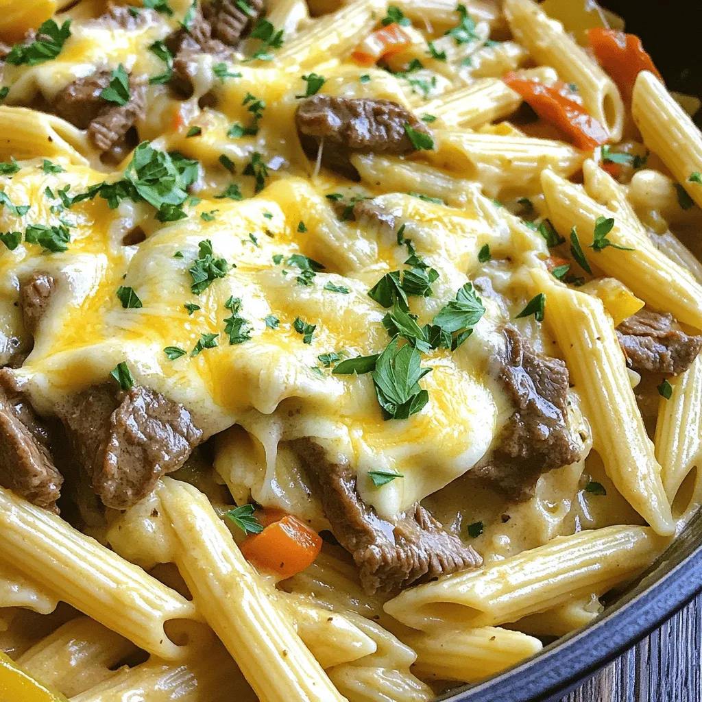 To make the Philly cheesesteak pasta skillet, you need the following ingredients: - 8 oz penne pasta - 1 lb beef sirloin, thinly sliced - 1 tablespoon olive oil - 1 medium onion, sliced - 1 bell pepper (red or green), sliced - 2 cloves garlic, minced - 1 tablespoon Worcestershire sauce - 1 cup beef broth - 1 cup heavy cream - 1 teaspoon Italian seasoning - Salt and pepper to taste - 1½ cups provolone cheese, shredded - Fresh parsley for garnish You can easily swap out some ingredients to fit your taste. If you don’t have sirloin, use flank steak or even chicken. For a lighter option, try turkey or tofu. If you want it lighter, use whole wheat pasta or gluten-free pasta. You can also replace provolone with mozzarella or cheddar cheese. For a vegan twist, use plant-based meat and nutritional yeast instead of cheese. Using fresh ingredients makes your dish taste better. Fresh vegetables add crunch and flavor. Fresh herbs like parsley give a bright touch. When you use fresh beef, it cooks nicely and stays juicy. Always choose high-quality items for the best results. Fresh ingredients help you create a meal that your family will love. First, boil a large pot of salted water. Add 8 oz of penne pasta to the pot. Cook until the pasta is al dente. This takes about 8-10 minutes. Drain the pasta and set it aside for later. Next, heat 1 tablespoon of olive oil in a large skillet over medium-high heat. Add 1 lb of thinly sliced beef sirloin. Season with salt and pepper. Cook the beef for 3-4 minutes until it is browned. Remove the beef and place it on a plate. In the same skillet, add 1 medium sliced onion and 1 sliced bell pepper. Sauté these for about 5 minutes until they soften. Then, add 2 cloves of minced garlic and cook for 1 more minute until it smells good. Now, return the beef to the skillet with the vegetables. Pour in 1 tablespoon of Worcestershire sauce, 1 cup of beef broth, and 1 cup of heavy cream. Add 1 teaspoon of Italian seasoning. Stir everything together. Allow it to simmer for about 2-3 minutes until it thickens. Next, mix in the cooked penne pasta until it is covered with the sauce. Finally, sprinkle 1½ cups of shredded provolone cheese on top. Stir until the cheese melts and the sauce is creamy. Taste and add more salt and pepper if needed. For the full recipe, check out the details above! To cook the pasta just right, use a large pot. Bring salted water to a full boil. Add 8 ounces of penne pasta. Stir often for even cooking. Cook until al dente, which means it should still be firm. This usually takes about 8 to 10 minutes. After cooking, drain the pasta and set it aside. Do not rinse it; you want the starch to help the sauce stick. Seasoning is key to a great flavor. Start with salt and pepper when cooking the beef. This brings out its natural taste. Use Worcestershire sauce to add depth. It enhances the umami flavor. When you mix in the heavy cream, add a teaspoon of Italian seasoning. This adds a nice herbal note. Always taste as you go, adjusting seasoning as needed. Fresh parsley at the end adds a pop of color and freshness. One common mistake is overcooking the beef. Sauté it just until browned, about 3 to 4 minutes. If you cook it too long, it can become tough. Another mistake is not letting the sauce simmer enough. This thickens the sauce and melds the flavors. Lastly, don’t skip the cheese. Provolone cheese adds creaminess and richness. If you forget it, your dish won’t be as delicious. For the full recipe, check the detailed instructions provided. {{image_2}} You can easily make a vegetarian version of this dish. Swap beef for mushrooms or tempeh. Use sliced portobello mushrooms for a meaty texture. You can also add tofu for protein. The flavors stay rich and savory with these swaps. Combine them with onions, bell peppers, and garlic for a tasty base. Don't forget to use vegetable broth instead of beef broth. The creamy sauce will still shine through with fresh provolone cheese or a vegan cheese option. If you like heat, add jalapeños or other chilis. Chopped jalapeños bring a nice kick. You can add them when you cook the onions and peppers. For more heat, try serrano or habanero chilis. Adjust the amount based on your spice level. This adds flavor and makes the dish exciting. The heat works well with the creamy sauce and the cheesiness. Don't shy away from experimenting with different chili varieties! To make this dish gluten-free, choose gluten-free pasta. There are many options like rice or corn pasta. They cook similarly to regular pasta. Be sure to check your other ingredients too. Use gluten-free Worcestershire sauce and beef broth. Most cheese is gluten-free, but double-check labels. This way, you get the same deliciousness without the gluten. Enjoy a hearty meal that everyone can savor! Feel free to check out the Full Recipe for more details. To keep your Philly cheesesteak pasta fresh, let it cool first. Place the leftovers in an airtight container. This helps prevent moisture loss and keeps flavors intact. Store it in the fridge for up to three days. If you want to enjoy it later, freezing is an option. When you're ready to eat the leftovers, reheat them on the stove. Add a splash of beef broth or cream to keep it creamy. Stir the pasta over low heat until it warms through. You can also use the microwave, but stir every 30 seconds to avoid hot spots. To freeze, portion the pasta into freezer-safe bags. Remove as much air as possible to avoid freezer burn. It can stay frozen for up to three months. When you want to eat it, thaw it overnight in the fridge. Reheat it as mentioned above for the best taste. For the complete recipe, check out the Full Recipe section. Yes, you can use other types of pasta. While penne works great, feel free to try rotini, fussili, or even spaghetti. Each shape holds sauce differently and adds its own charm. Just cook it according to the package instructions for best results. For this recipe, beef sirloin is my top choice. It cooks quickly and stays tender. You can also use flank steak or ribeye for more flavor. Just slice the beef thinly for even cooking and great texture. To make this dish dairy-free, swap heavy cream for coconut milk or a nut-based cream. Use dairy-free cheese instead of provolone. The flavors will still shine through and keep the dish creamy. You can find many options in stores today. For the full recipe, check the link provided. This blog post covers everything you need for a tasty Philly Cheesesteak Pasta. We talked about key ingredients, cooking steps, and helpful tips. I shared fun variations like a vegetarian option and easy storage tips. Fresh ingredients boost flavor and texture, so always choose wisely. Avoid common mistakes for the best results. Explore the options to make this dish your own. Enjoy your cooking journey and delicious meal!