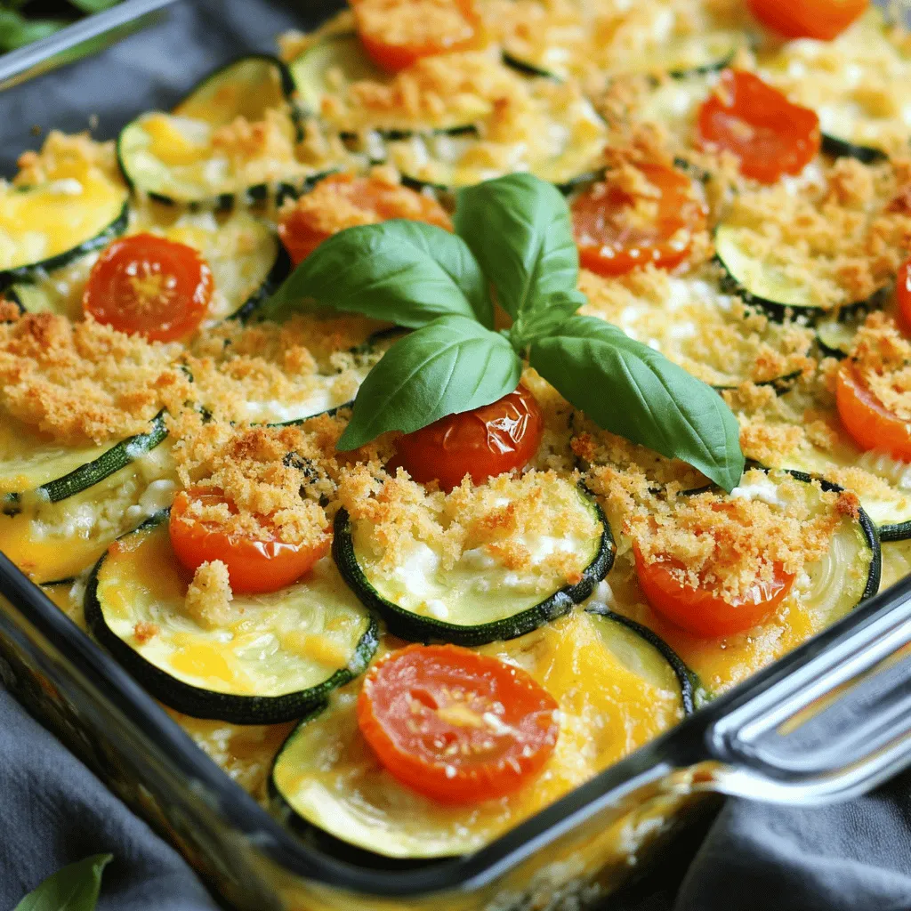 To make your Family-Style Zucchini Casserole, gather these ingredients: - 4 medium zucchinis, sliced - 1 cup cherry tomatoes, halved - 1 onion, finely chopped - 3 cloves garlic, minced - 1 cup shredded mozzarella cheese - 1 cup ricotta cheese - 1/2 cup grated Parmesan cheese - 1 egg - 1 teaspoon dried oregano - 1 teaspoon dried basil - Salt and pepper to taste - 2 tablespoons olive oil - 1 cup breadcrumbs (preferably whole wheat) - Fresh basil leaves for garnish This list gives you the perfect mix for a tasty dish. When selecting zucchini, look for firm, shiny ones. Check for: - A vibrant green color - No soft spots or blemishes - A small size, as smaller zucchinis are sweeter Fresh zucchini will help make your casserole bright and flavorful. Want to spice things up? Consider adding: - Red pepper flakes for heat - Chopped bell peppers for sweetness - Spinach for a healthy boost - Mushrooms for an earthy taste These options can enhance your casserole and make it even more delicious. For the full recipe, check out the details above. Start by gathering all your ingredients. You’ll need zucchinis, tomatoes, onion, garlic, and cheeses. Slice the zucchinis into thin rounds. Cut the cherry tomatoes in half for even cooking. Finely chop the onion and mince the garlic. This step is important for flavor. Heat olive oil in a skillet over medium heat. Sauté the onion until it is soft and clear. Then, add garlic and cook for one more minute. Finally, stir in the sliced zucchinis. Cook until they soften, about five to seven minutes. Season with salt, pepper, dried oregano, and dried basil. Let this mixture cool slightly. Now, let’s build our casserole. Grease a 9x13-inch baking dish with olive oil. In a bowl, mix ricotta cheese, egg, and half of the mozzarella. This will be your creamy layer. Start by adding half of the sautéed zucchini to the dish. Spoon half of the ricotta mixture over the zucchini. Then, add half of the halved cherry tomatoes. Repeat this step with the remaining zucchini, ricotta, and tomatoes. Don’t forget to sprinkle the rest of the mozzarella and Parmesan on top. This will create a nice, cheesy crust. Preheat your oven to 375°F (190°C). Once your casserole is layered, it's time to bake it. In a small bowl, mix breadcrumbs with a drizzle of olive oil. Sprinkle this mixture evenly over the top. This adds a crispy texture. Bake the casserole for 30-35 minutes. It’s done when the top is golden and bubbly. When it’s ready, take it out and let it sit for five minutes. This rest time helps the layers set. Now, you can serve it family-style right in the baking dish. Enjoy this cheesy, delicious dish with your family! For the full recipe, check out the details above. To get the best texture, choose medium zucchinis. They have the right water content. Slice them evenly to ensure they cook at the same rate. Sauté the zucchini just enough to soften it. Overcooking will make it mushy. When mixing the cheeses, make sure they blend well. A smooth mixture will help hold the casserole together. Serve the casserole straight from the baking dish for a cozy feel. Garnish with fresh basil leaves for color and flavor. Pair it with a simple salad or crusty bread. This adds freshness and crunch to your meal. You can also serve it alongside grilled chicken or fish. This makes it a complete dinner that everyone will enjoy. One common mistake is not seasoning well. Zucchini needs a good amount of salt and pepper. Avoid overcrowding the pan when sautéing. This can lead to steaming instead of browning. Also, don’t skip the breadcrumbs on top. They give a nice crunch. Finally, let the casserole sit for a few minutes before serving. This helps it set, making it easier to cut. {{image_2}} You can easily make this dish vegetarian. Just skip the egg, and use a plant-based cheese. Vegan ricotta works well here. For added flavor, try nutritional yeast. It gives a cheesy taste without dairy. Also, you can add extra veggies like bell peppers or mushrooms. These add more texture and taste. To make this dish gluten-free, swap the breadcrumbs for gluten-free ones. You can also use crushed cornflakes or almond flour. These options give a nice crunch. Ensure that your cheeses are gluten-free, as some brands may add gluten. This way, everyone can enjoy the casserole. If you want more protein, add cooked chicken, turkey, or beans. Shredded chicken mixes well with the zucchini. You can also try black beans or chickpeas for a vegetarian option. Just layer them in with the zucchini for a hearty meal. These additions make the dish filling and satisfying. For the full recipe, check out the details above. To keep your zucchini casserole fresh, let it cool. Then, cover it tightly with plastic wrap or transfer it to an airtight container. Store it in the fridge for up to three days. This way, you can enjoy those tasty leftovers later! When you’re ready to eat your casserole again, preheat your oven to 350°F (175°C). Place the casserole in the oven for about 15-20 minutes. This warms it through and keeps the top crisp. You can also microwave individual portions for quicker reheating. Just cover them with a damp paper towel to retain moisture. If you want to prepare meals ahead, freezing works well. First, let the casserole cool completely. Cut it into individual portions and wrap each piece tightly in plastic wrap, then place them in a freezer-safe bag. You can freeze it for up to three months. When you’re ready to eat, thaw it overnight in the fridge before reheating. Enjoy your delicious family-style zucchini casserole anytime! For the full recipe, check the section above. Yes, you can use frozen zucchini. However, fresh zucchini gives the best taste. If you use frozen, thaw it first and drain any excess water. This keeps the casserole from becoming too watery. I love using mozzarella for its meltiness. It pairs well with ricotta, giving a creamy texture. Parmesan adds a nice flavor on top. Combining these cheeses creates a rich, cheesy goodness in every bite. You can prepare the casserole a day in advance. Just layer all the ingredients in the dish, cover it, and store it in the fridge. When you’re ready, bake it straight from the fridge. This saves time on busy days and allows the flavors to blend. - Full Recipe: Cheesy Family-Style Zucchini Casserole 🥒 This blog post covered all you need to make a cheesy zucchini casserole. I shared tips on choosing fresh zucchini and using optional flavors. You learned step-by-step instructions for prepping, layering, and baking. The tips helped avoid common mistakes for perfect texture and serving ideas. We explored fun variations like vegetarian and gluten-free options. Finally, I included storage info and answered common questions. Enjoy making this easy and tasty dish for your family!
