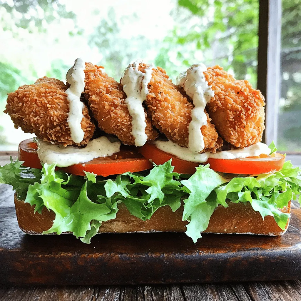 To make a tasty Crispy Chicken Caesar Sandwich, gather these key items: - 2 boneless, skinless chicken breasts - 1 cup buttermilk - 1 cup breadcrumbs (panko works best) - 1/2 cup grated Parmesan cheese - 1 teaspoon garlic powder - Salt and pepper to taste - 4 slices of ciabatta or your favorite sandwich bread - 2 cups Romaine lettuce, chopped - 1/4 cup Caesar dressing - Olive oil for frying These ingredients give you all the flavor you need. The buttermilk makes the chicken juicy and tender. The panko breadcrumbs add a wonderful crunch. Feel free to personalize your sandwich with these extras: - Sliced tomatoes - Avocado slices - Extra Caesar dressing - Bacon bits Adding these ingredients can boost flavor and texture. Try adding sliced tomatoes for freshness or avocado for creaminess. To make the sandwich, you'll need some handy tools: - Large skillet for frying - Shallow dish for breading - Mixing bowl for marinating - Paper towels for draining oil - Knife for slicing the bread Having the right tools makes cooking easier and more fun. Set everything up before you start to keep your kitchen organized. For the full recipe, check the details in the cooking instructions. To start, marinate the chicken. Marinating makes it juicy and full of flavor. Use buttermilk for this. Place the chicken breasts in a bowl and cover them with buttermilk. Let it sit in the fridge for at least 30 minutes. This helps to tenderize the meat. You can also add spices like paprika or cayenne for more kick. Now it’s time to bread the chicken. This step gives your sandwich that crunchy texture. In a shallow dish, mix breadcrumbs, Parmesan cheese, garlic powder, salt, and pepper. Panko breadcrumbs work best for extra crunch. Remove the chicken from the buttermilk and let the excess drip off. Dredge it in the breadcrumb mix. Press firmly to coat well. This will make your chicken crispy and delicious. Next, we’ll cook the chicken. Heat olive oil in a large skillet over medium heat. When the oil is hot, gently add the breaded chicken. Fry each side for about 5-7 minutes. You want them golden brown and cooked through. Use a meat thermometer to check if it reaches 165°F. When done, place the chicken on a paper towel-lined plate. This will absorb any extra oil, keeping it crispy and tasty. To make crispy fried chicken, start with marinating it in buttermilk. This adds flavor and helps the meat stay juicy. I suggest letting the chicken sit for at least 30 minutes. Longer is better if you have time. Next, make sure your oil is hot enough before frying. This keeps the outside crispy while the inside cooks through. Fry the chicken for about 5-7 minutes on each side. You want a nice golden color. Always place the cooked chicken on a paper towel to absorb extra oil. When choosing bread, I recommend ciabatta for its sturdy texture. It holds up well against the fillings. You can also use sourdough or any crusty bread you enjoy. If you prefer a softer bite, try using brioche. Toasting the bread adds a nice crunch, too. Don't skip this step; it improves the sandwich's overall texture. Serve the crispy chicken Caesar sandwich with a side of sweet potato fries. They add a nice contrast to the savory flavors. A fresh side salad is another great option. You can use mixed greens or a simple Caesar salad. For drinks, a cold lemonade or iced tea pairs well. If you want to impress, add a sprinkle of extra Parmesan on top. This gives it a gourmet touch. For the full recipe, check the section above. {{image_2}} You can swap chicken for many tasty options. Tofu is a great choice for a vegan meal. It absorbs flavors well and gives a nice texture. Turkey works too, giving you a leaner sandwich. Just be sure to season it well! If you want a lighter meal, try grilled chicken instead of fried. This keeps it tasty but cuts down on fats. Whole grain bread is another great choice. It adds fiber and nutrients, making your sandwich more filling. Want to boost flavor? Add creamy avocado slices for richness. You can also try different dressings. A tangy yogurt dressing can add a fun twist. Mixing in some spicy mustard might surprise your taste buds! These variations keep your Crispy Chicken Caesar Sandwich exciting. You can easily change it up based on your mood or diet. For the full recipe, check out the recipe section. To keep your leftover Crispy Chicken Caesar Sandwich fresh, wrap it tightly. Use plastic wrap or foil. Store it in the fridge. It will stay good for up to three days. If you have extra chicken, store it separately. This prevents the bread from getting soggy. When you're ready to eat your sandwich again, reheat it carefully. The best way is in the oven. Preheat the oven to 350°F (175°C). Place the sandwich on a baking sheet. Heat for about 10 minutes. This keeps the bread crispy and the chicken warm. You can also use a toaster oven if you have one. If you want to save some sandwiches for later, freezing is a great option. Wrap each sandwich in plastic wrap. Then, place them in a freezer bag. Make sure to label the bag with the date. You can freeze them for up to a month. When you’re ready to eat, thaw the sandwich in the fridge overnight. Reheat it using the oven for the best texture. Enjoy your meal anytime! Yes, you can make parts of the sandwich ahead. Prepare the chicken and let it cool. Store it in an airtight container in the fridge. You can also chop the lettuce and slice the tomatoes in advance. Just wait to assemble your sandwich until you are ready to eat. This keeps everything fresh and crispy. To keep your chicken crispy, use panko breadcrumbs. They add great texture. After frying, place the chicken on a paper towel-lined plate. This helps remove excess oil. Avoid covering the chicken while it cools, as steam can make it soggy. Serve it right after frying for the best crunch. You can find the Full Recipe for the Crispy Chicken Caesar Sandwich in earlier sections of this article. It includes all the steps and ingredients you need. This blog discussed key ingredients, tips, and variations for a Crispy Chicken Caesar Sandwich. You learned how to prepare chicken, ensure a crispy coating, and customize flavors. Remember, storing and reheating sandwiches correctly keeps them fresh. You can try different proteins or healthier options for variety. By following these steps, you can create a tasty meal everyone will enjoy. Experiment and find what works best for you!