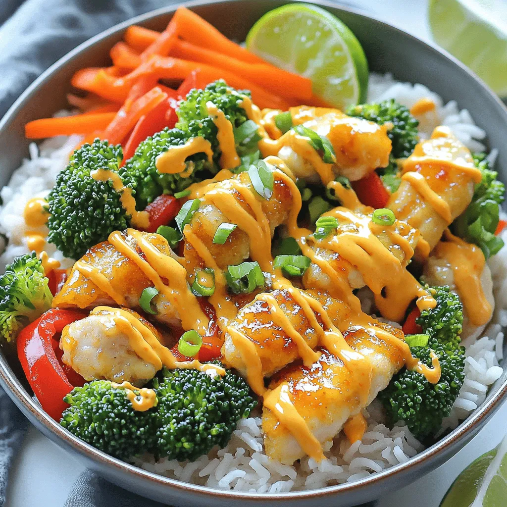 To make a Bang Bang Chicken Bowl, gather these key items: - 1 pound chicken breast, diced - 1 cup cooked jasmine rice - 1 tablespoon cornstarch - 1 tablespoon olive oil - 1 cup broccoli florets - 1 red bell pepper, sliced - 1 carrot, sliced - 1 green onion, chopped - 1/2 cup mayonnaise - 2 tablespoons sweet chili sauce - 1 tablespoon sriracha (adjust to taste) - 1 teaspoon garlic powder - Salt and pepper to taste These ingredients create a tasty and colorful bowl. Each item adds flavor and crunch to the dish. You can dress up your Bang Bang Chicken Bowl with these tasty toppings: - Sesame seeds - Extra green onions - Lime wedges - Chopped cilantro - Crushed peanuts These toppings add extra flavor and fun. Choose your favorites to make your bowl unique. If you need different options, consider these substitutes: - Chicken: Use tofu or shrimp instead. - Jasmine rice: Brown rice or quinoa work well too. - Mayonnaise: Try Greek yogurt for a lighter sauce. - Sweet chili sauce: Honey or agave can be a good swap. These substitutes keep the dish tasty while catering to your needs. Don't hesitate to mix and match! For the full recipe, check out the detailed instructions. Start by cutting the chicken breast into small, even pieces. Place the diced chicken in a bowl. Add cornstarch, salt, and pepper. Toss it well to coat each piece. This step helps make the chicken crispy when cooked. Heat olive oil in a large pan over medium-high heat. Once the oil is hot, add the coated chicken. Cook the chicken for 6-8 minutes. Stir occasionally until it turns golden brown and is fully cooked. Remove the chicken from the pan and set it aside. In the same pan, add broccoli florets, red bell pepper, and carrot slices. Sauté these veggies for about 4-5 minutes. You want them to be tender-crisp. This keeps them colorful and fresh. In a small bowl, combine mayonnaise, sweet chili sauce, sriracha, and garlic powder. Mix until smooth. Taste the sauce and add more sriracha if you like it spicy. This sauce brings all the flavors together. Grab a large serving bowl. Start with a layer of cooked jasmine rice at the bottom. On top, add the sautéed vegetables and the cooked chicken. Drizzle the Bang Bang sauce generously over everything. This makes the dish look inviting and delicious. Finish by sprinkling chopped green onions on top. This adds a fresh kick and bright color. For extra flair, you can add sesame seeds or serve with lime wedges on the side. This step makes your Bang Bang Chicken Bowl even more appealing. For the full recipe, check out the details above. Enjoy your cooking! To cook the chicken just right, start with good pieces. Use fresh chicken breast. Cut it into small, even cubes. This helps it cook fast and evenly. I like to coat it with cornstarch. This gives it a nice crisp when cooked. Heat your olive oil in a large pan. Make sure the oil is hot before adding the chicken. This way, it won't stick. Sauté the chicken for about 6-8 minutes. Look for a golden brown color. This shows it's cooked through and tasty. The Bang Bang sauce is key to this dish. Start with mayonnaise for a creamy base. Add sweet chili sauce for sweetness. Then, mix in sriracha for heat. I suggest starting with one tablespoon of sriracha. You can always add more if you like it spicier. Finally, add garlic powder for depth. Stir it all together until smooth. Taste it! Adjust the flavors as needed. You want a nice balance of spicy and sweet. Prepping ahead makes cooking easier. I like to chop my vegetables first. Slice the bell pepper, carrot, and broccoli into bite-sized pieces. Store them in the fridge in a sealed container. You can also dice the chicken early. Just coat it with cornstarch and keep it covered. This way, when you are ready to cook, everything is ready to go. It saves time and keeps the kitchen neat. For the sauce, mix it in advance and keep it in the fridge. It will stay fresh and tasty. With these tips, your Bang Bang Chicken Bowl will turn out flavorful and fun! For the full recipe, check the earlier section. {{image_2}} You can still enjoy a Bang Bang Bowl without meat. For a tasty vegetarian option, use tofu instead of chicken. Firm tofu works best. Press it to remove excess water, then cube it. Coat the tofu in cornstarch before cooking. This gives it a nice crunch. You can also use tempeh for a nutty flavor. If you want to switch up the protein, try shrimp or pork. Shrimp cooks quickly and adds a sweet flavor. Just sauté it in the pan until it turns pink. For pork, use thin slices of tenderloin. Cook it until it’s well-done, then mix it in. Feel free to mix and match your veggies. Snap peas, zucchini, or bell peppers all work well. Add spinach for a nutritional boost. You can also try colorful carrots or corn for sweetness. The key is to keep the veggies crisp and fresh. Enjoy experimenting to find your favorite mix! For a complete recipe to create your own Bang Bang Chicken Bowl, check the Full Recipe above. To store your Bang Bang Chicken Bowl, let it cool first. Place the leftovers in an airtight container. You can keep it in the fridge for up to three days. Make sure to separate the sauce if you want to keep the rice and veggies fresh. When you're ready to enjoy your leftovers, reheat them. Use a microwave-safe dish. Heat for one to two minutes, stirring halfway. If you prefer the stove, warm it in a pan over medium heat. Add a splash of water to keep it moist. You can freeze the Bang Bang Chicken Bowl if you want to save it longer. Use a freezer-safe container. Keep it for up to three months. To enjoy it later, thaw it in the fridge overnight before reheating. This method helps keep the flavor and texture intact. For the best taste, freeze the chicken and sauce separately. A Bang Bang Chicken Bowl is a tasty dish. It features cooked chicken, veggies, and rice. The dish gets its name from the sauce. The sauce is creamy and has a bit of heat. It combines mayonnaise, sweet chili sauce, and sriracha. This bowl is colorful, filling, and very satisfying. Yes, you can make the Bang Bang Chicken Bowl ahead of time. Cook the chicken and veggies in advance. Store them in the fridge. Prepare the sauce separately to keep its freshness. When you are ready to eat, just reheat the chicken and veggies. Serve them over rice and add the sauce. To make the dish less spicy, reduce the sriracha. You can also use less sweet chili sauce. If you want a milder sauce, skip the sriracha. Use regular mayonnaise instead of spicy versions. Taste as you go, so you can adjust it to your liking. You can serve many sides with a Bang Bang Chicken Bowl. Here are some ideas: - Steamed edamame - Cucumber salad - Fresh fruit like mango or pineapple - Spring rolls - A light soup These sides add more color and flavor to your meal. The Bang Bang Chicken Bowl is packed with flavor and fun. You learned about key ingredients, tasty toppings, and how to switch them out if needed. I shared easy steps for cooking and tips for perfecting your dish. Plus, you can explore different variations and storage options. This dish is not just about good taste; it's also about creativity in the kitchen. Enjoy making it your own!