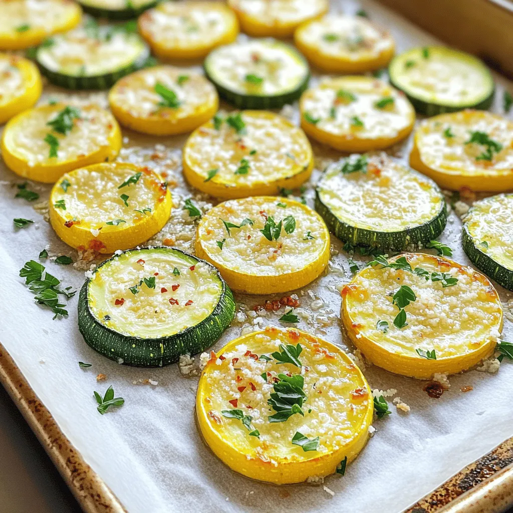 - 2 medium zucchinis, sliced into half-moons - 2 medium yellow squashes, sliced into half-moons - 3 tablespoons olive oil - 4 cloves garlic, minced - 1/2 teaspoon red pepper flakes (optional) - Salt and pepper to taste - 1/2 cup grated Parmesan cheese When you start with fresh produce, you set a strong base for flavor. Zucchini and yellow squash are both mild yet versatile. Their texture holds up well when roasted, making them perfect for this dish. Next, you need essential pantry items. Olive oil adds richness. Garlic brings a punch of flavor. These two ingredients work together, enhancing the natural taste of the squash. For flavor enhancers, you can add red pepper flakes if you like heat. Salt and pepper are key for balance. Parmesan cheese adds a savory, nutty flavor. It brings everything together and makes it divine. This recipe is all about combining these ingredients. With the Full Recipe, you can whip up a tasty side dish in no time. Enjoy the process! - Preheat the Oven to 400°F (200°C) Start by turning on your oven. Set it to 400°F (200°C). This high heat helps the veggies get nice and tender. - Slice the Zucchini and Yellow Squash Take two medium zucchinis and two yellow squashes. Cut them into half-moons. Make even slices. This way, they cook at the same speed. - Combine Vegetables with Oil and Seasonings In a big bowl, add the sliced zucchinis and squashes. Pour three tablespoons of olive oil over them. Add salt and pepper to your taste. - Toss with Garlic and Parmesan Cheese Next, mix in four minced garlic cloves. If you like spice, add half a teaspoon of red pepper flakes. Finally, add half a cup of grated Parmesan cheese. Toss everything well so each piece gets coated. - Arrange on Baking Sheet Spread the mixture evenly on a baking sheet lined with parchment paper. Make sure there’s space between the pieces. This helps them roast better. - Roast and Stir Halfway Through Place the baking sheet in the preheated oven. Roast your veggies for 20 to 25 minutes. Remember to stir them halfway. This ensures they cook evenly and get that nice caramelized look. Enjoy this delicious dish as a side! You can find the full recipe above. Choosing the right zucchini and squash is key. Look for firm, shiny vegetables. They should feel heavy for their size. Fresh produce translates to better taste. To roast vegetables perfectly, cut them into even pieces. This ensures they cook at the same rate. Don't overcrowd the baking sheet. Space helps them caramelize nicely. Stir them halfway through for even browning. Adding herbs and spices can really lift the flavor. Try fresh thyme or basil for a nice touch. You can also use a squeeze of lemon juice for brightness. If you want to switch up the cheese, try feta or goat cheese. Both can add unique flavors. Nutritional yeast is a great vegan option too. Pair garlic parmesan zucchini and squash with grilled chicken or fish. The flavors complement one another well. For a fun twist, serve them in tacos or wraps. This adds crunch and color to your meal. You can also toss them into pasta for a hearty dish. For the full recipe, check the main article. {{image_2}} You can easily add protein to your Garlic Parmesan Zucchini and Squash. - Incorporating Chicken or Shrimp: Simply sauté chicken pieces or shrimp and add them to the dish. This gives a hearty boost. Cook the protein in the pan before mixing with the veggies. This way, you add flavor from the browning. - Turning it into a Casserole: Layer your roasted zucchini and squash with cooked chicken or shrimp in a baking dish. Top with extra cheese and bake until golden. This makes a filling meal for family or friends. Even if you avoid animal products, you can enjoy this dish. - Replacing Cheese with Nutritional Yeast: Nutritional yeast adds a cheesy flavor without dairy. Use the same amount as the Parmesan cheese. The dish remains tasty and satisfying. - Using Alternative Seasonings: Swap garlic and cheese for herbs like thyme or oregano. Add spices like cumin or smoked paprika for depth. This keeps your dish flavorful and unique. You can get creative with seasonal veggies. - Incorporating Other Vegetables: Add bell peppers, cherry tomatoes, or carrots for color and taste. Chop them into similar sizes for even cooking. This builds a vibrant dish. - Adjusting for Seasonal Ingredients: Change up your ingredients based on what’s fresh. In summer, use fresh basil and corn. In fall, try adding butternut squash or sweet potatoes. This keeps your meals exciting all year long. For the complete step-by-step method, check out the Full Recipe. To keep Garlic Parmesan Zucchini and Squash fresh, follow these simple tips: - Refrigeration Tips: Place leftovers in an airtight container. Store them in the fridge. They will stay good for up to three days. Make sure to cool them to room temperature first. This helps avoid moisture buildup which can make them soggy. - Freezing for Later Use: If you want to save them for longer, freeze the dish. Use a freezer-safe container or bag. They will last for about three months in the freezer. When ready to eat, thaw in the fridge overnight before reheating. To enjoy your leftovers, use these reheating methods: - Best Methods for Reheating: The best way to reheat is in the oven. Preheat it to 350°F (175°C). Spread the zucchini and squash on a baking sheet. Heat for about 10-15 minutes until warm. You can also use a microwave for quick reheating, but the oven keeps them crisp. - Maintaining Flavor and Texture: To keep the flavor, add a touch of olive oil or sprinkle some extra Parmesan before reheating. This helps revive the dish’s rich taste and keeps the vegetables from drying out. Understanding the shelf life helps you know when to eat your leftovers: - Expected Longevity in the Fridge: Garlic Parmesan Zucchini and Squash can last up to three days in the fridge. After that, they may lose flavor and texture. - Signs of Spoilage: Check for changes in color or an off smell. If the zucchini or squash looks slimy or mushy, it’s time to toss it. Always trust your senses when it comes to food safety. Yes, you can use frozen zucchini and squash. However, fresh produce gives better texture. Frozen veggies may get mushy when cooked. If you choose frozen, thaw them first and pat dry. This helps keep your dish from being too watery. You can store Garlic Parmesan Zucchini and Squash in the fridge for 3 to 4 days. Use an airtight container for best results. Make sure it cools before sealing. If you want to save it longer, consider freezing it. Garlic Parmesan Zucchini and Squash pairs well with many dishes. Try it with grilled chicken, fish, or pasta. You can also serve it as a side for steak or pork. It adds color and flavor to any meal. Yes, this recipe is great for meal prep. You can make a larger batch and store it for later. It reheats well and keeps its tasty flavors. Just follow the storage tips mentioned earlier. You can find the full recipe for Garlic Parmesan Zucchini and Squash Delight in the article. It includes all the steps and tips to make this dish a success. This blog post covered how to make Garlic Parmesan Zucchini and Squash. We explored fresh veggies, key pantry items, and flavor boosters. I shared step-by-step instructions to roast them perfectly. Additionally, you learned helpful tips to enhance your dish. We even talked about fun variations and storage tips for leftovers. In summary, this recipe is simple and can adjust to your taste. Enjoy your tasty creation and feel free to share it with others!