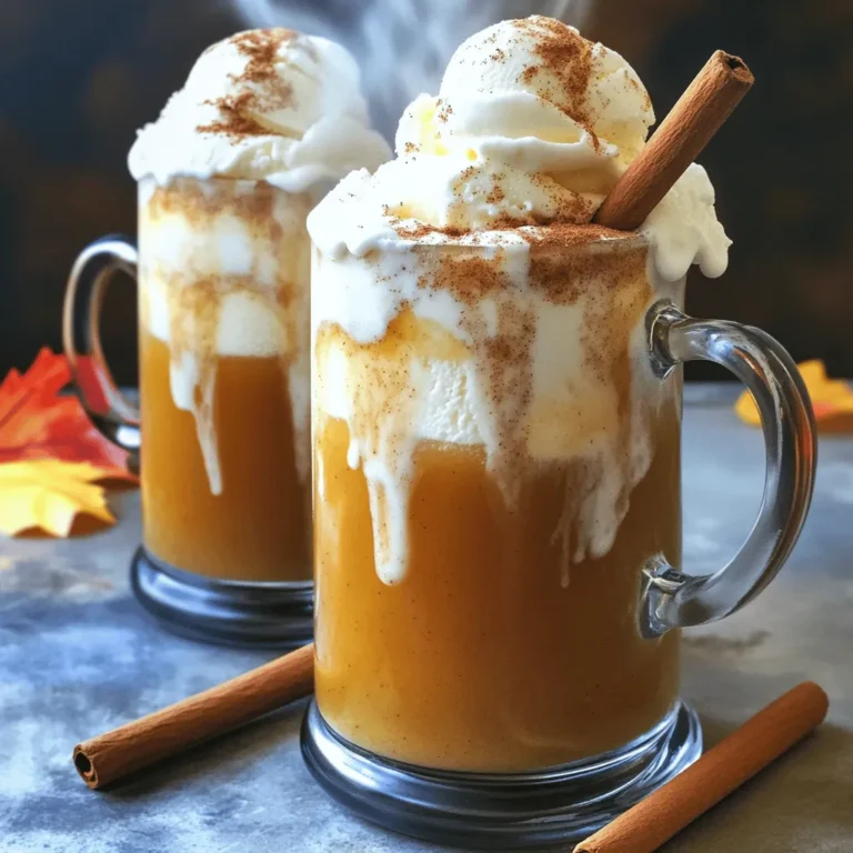 - 4 cups apple cider - 2-3 chai tea bags (or 2 tablespoons loose chai blend) - 1 cup vanilla ice cream - 1/2 teaspoon ground cinnamon - 1/4 teaspoon ground ginger - 1/4 teaspoon ground cloves - Honey or maple syrup to taste - Whipped cream, for garnish - Cinnamon sticks for serving The main ingredients create the base of our Chai Spiced Apple Cider Floats. Apple cider gives it that sweet, fruity taste. Chai tea bags or loose chai blend add the warm spice. Vanilla ice cream brings creaminess and chill. The spice components enhance the flavor profile. Ground cinnamon adds warmth. Ground ginger gives a bit of zing. Ground cloves add depth and richness to the mix. If you like your float sweeter, you can add honey or maple syrup. Whipped cream on top makes it look fancy and taste even better. A cinnamon stick is a fun touch for stirring and flavor. You can find the complete details in the Full Recipe. Each ingredient plays a role in making this drink special. Feel free to mix and match to suit your taste! - Heating the cider Start by pouring 4 cups of apple cider into a medium saucepan. Heat it over medium heat. Watch closely as it warms. You want it to simmer gently, not boil. This step brings out the sweet apple flavor. - Steeping the chai spice Once your cider simmers, remove it from the heat. Add 2-3 chai tea bags or 2 tablespoons of loose chai blend. Let them steep for 5-7 minutes. This infuses the cider with warm, spicy notes. If you like it stronger, steep a bit longer. After steeping, take out the tea bags or strain the loose chai blend. Stir in 1/2 teaspoon of ground cinnamon, 1/4 teaspoon of ground ginger, and 1/4 teaspoon of ground cloves. If you want it sweeter, add honey or maple syrup to taste. - Scooping ice cream Grab your favorite large mugs or glasses. Scoop 2-3 tablespoons of vanilla ice cream into each one. The ice cream adds creaminess and a chill to the drink. - Pouring cider over ice cream Carefully pour the hot chai-spiced apple cider over the ice cream. Do this gently to create a float effect. Watch the ice cream swirl and mix with the warm cider. It’s a fun and tasty sight! - Adding whipped cream Top each float with a generous dollop of whipped cream. This adds extra sweetness and a light texture. You can sprinkle a little ground cinnamon on top for more flavor. - Garnishing with cinnamon sticks Finally, add a cinnamon stick into each glass. This serves as a stirrer and gives a lovely aroma. It also makes your float look delightful and festive. Enjoy your chai spiced apple cider floats! For the complete recipe, check the Full Recipe section. To make your chai spiced apple cider floats shine, start with sweetness. You can use honey or maple syrup. Add a little at a time, then taste. This helps you find the right balance for your drink. Remember, you can always add more, but you can’t take it out! Next, choose your chai blend wisely. Some blends are stronger than others. I like using a mix that has bold spices, like cardamom and black pepper. This adds depth to the cider. Experiment with different brands until you find your favorite. The right glassware can elevate your float. I recommend using clear glasses. This way, you can see the beautiful layers of cider and ice cream. Mugs work too, but the view is best in clear glass. Timing matters when serving this drink. Serve your floats warm right after making them. The hot cider melts the ice cream slightly, creating a creamy texture. The first sip should be a delightful mix of flavors and temperatures. Pair your floats with snacks for a fun treat. I love serving them with spiced cookies or apple slices. The sweet and spicy notes complement each other well. For seasonal variations, try adding pumpkin spice to the cider. You can also swap vanilla ice cream for caramel or cinnamon flavors. These small changes create new experiences with each sip. For the full recipe, check out the instructions above! {{image_2}} You can change the flavor of your chai spiced apple cider floats easily. Try using different ice cream flavors to switch things up. Chocolate or caramel ice cream can add a rich twist. You might even like a scoop of cinnamon ice cream for a warm touch. Experimenting with spices is fun too. Swap out the ground ginger for nutmeg if you want a cozy feel. You could also try adding a pinch of cardamom for an unexpected kick. Each spice brings its own charm, so feel free to explore. If you prefer non-dairy, there are great choices. Use vegan ice cream made from almond or coconut milk. These will still give you that creamy texture. You can also substitute apple cider with other juices like pear or cranberry. These juices can create a lovely, fruity base. Want to make it more exciting? Add a splash of alcohol to your float. A bit of spiced rum or bourbon can warm you up on chilly nights. Just remember to keep it light so the cider shines through. You can also incorporate caramel for extra sweetness. Drizzle some on top of your whipped cream or mix it into the cider. This extra layer of flavor will make your float even more delightful. For the full recipe, check out [Full Recipe]. To keep your chai spiced apple cider floats fresh, store leftovers in the fridge. Place the cider in a sealed container. It will stay good for up to three days. Avoid storing ice cream with the cider; it can melt and lose texture. When ready to enjoy again, reheat the cider slowly on the stove or in the microwave. Heat it until it’s warm but not boiling. This way, you keep the lovely flavors intact. You can make the cider ahead of time. Just follow the Full Recipe steps and refrigerate the cider after steeping. This lets the spices blend well. When you’re ready to serve, reheat the cider and scoop the ice cream into your glasses. It’s a quick way to impress guests with little effort. If you want to save time, prepare the cider a day before your event. Just remember to heat it before pouring over the ice cream. If you want to prepare for a party, you can freeze apple cider. Pour the cider into ice cube trays and freeze. Later, use these cubes in drinks or floats. For ice cream float preparation, scoop ice cream into glasses, then pour the warm cider over it. This keeps your floats from getting too watery. You’ll have a great treat ready for your guests, and they will love the combination of flavors! To make chai spiced apple cider floats, follow these steps: 1. Heat the cider: In a medium saucepan, heat 4 cups of apple cider over medium heat until it starts to simmer. 2. Steep the chai: Remove from heat and add 2-3 chai tea bags or 2 tablespoons of loose chai blend. Let it steep for 5-7 minutes for a strong flavor. 3. Add spices: Remove the tea bags or strain out the loose chai. Stir in 1/2 teaspoon of ground cinnamon, 1/4 teaspoon of ground ginger, and 1/4 teaspoon of ground cloves. Adjust the sweetness with honey or maple syrup if you like. 4. Prepare the float: In large mugs or glasses, scoop 2-3 tablespoons of vanilla ice cream at the bottom. 5. Combine: Pour the hot chai-spiced apple cider over the ice cream gently. Watch it create a fun float effect! 6. Finish it: Top with whipped cream and a sprinkle of ground cinnamon. Add a cinnamon stick for decoration and extra flavor. Check out the Full Recipe for more details. Yes, you can prepare the chai spiced apple cider a day in advance. Store the apple cider in the fridge after it cools. Keep the ice cream separate until you are ready to serve. This helps the ice cream stay nice and creamy. When you want to enjoy the floats, heat the cider and then follow the steps to combine with ice cream. Traditional chai spices work best for these floats. Here are some great options: - Cinnamon: Adds warmth and sweetness. - Ginger: Gives a spicy kick. - Cloves: Adds depth and earthiness. - Cardamom: Offers a floral note. - Nutmeg: Adds a touch of sweetness. Feel free to mix and match spices to find your perfect flavor! Chai spiced apple cider floats blend two beloved drinks: chai and apple cider. Chai comes from India and has been enjoyed for centuries. It combines tea with spices and milk. Apple cider has roots in many cultures, especially in North America. Both drinks celebrate the flavors of fall. The float concept adds a fun twist, making it a popular treat at autumn gatherings. Absolutely! You can adjust the sweetness of your chai spiced apple cider floats in a few ways: - Honey or maple syrup: Stir in as much as you like while making the cider. - Sweet ice cream: Use sweeter ice cream for a richer flavor. - Skip the sweeteners: If you prefer less sweetness, you can enjoy the natural flavors of the cider and spices. Experiment until you find your ideal balance! Chai spiced apple cider floats mix rich flavors and cozy vibes. We explored the easy steps, from heating cider and steeping chai to adding creamy ice cream. Remember to customize your float with spices or sweeteners to suit your taste. You can also try vegan options or creative variations. Enjoy this drink on chilly days or festive gatherings. It's a fun treat that warms both belly and heart. Make it your own, and share it with family and friends for a delightful experience.