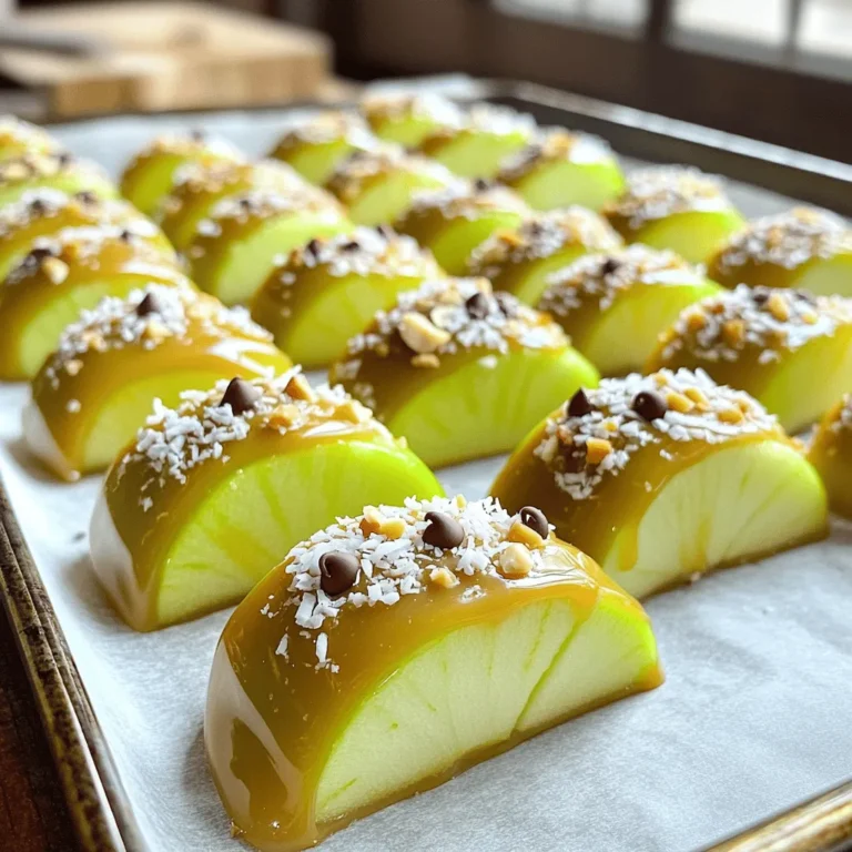 To make caramel apple bites, you need just a few key items: - 4 medium-sized apples (any variety you prefer) - 1 cup caramel candies - 2 tablespoons milk (or water) - Popsicle sticks These simple ingredients create a sweet and fun treat for everyone. You can make your caramel apple bites even more special with these add-ins: - 1 cup shredded coconut (sweetened or unsweetened) - 1 cup chopped nuts (such as peanuts or almonds) - 1/2 cup mini chocolate chips (optional) Feel free to mix and match these toppings for your unique flavor! Choosing the right apple is key for great flavor. I love using these varieties: - Granny Smith apples for a tart taste - Honeycrisp apples for sweetness - Fuji apples for crunch Each of these apples pairs well with the rich caramel. Explore the variety to find your favorite! Start by washing the apples well. Use a clean towel to dry them. Remove any stickers you find. Slice the apples into wedges. You can choose to core them or leave them whole. Insert a popsicle stick into each wedge. This step makes it easy to hold while dipping. For the caramel, use a microwave-safe bowl. Add 1 cup of caramel candies and 2 tablespoons of milk or water. Heat it in the microwave. Do this in 30-second intervals. Stir in between until the caramel is smooth. If the caramel is too thick, add a bit more milk. This will help it coat the apples better. Once the caramel is ready, it’s time to dip! Take an apple wedge and dip it into the caramel. Make sure to coat it evenly. Let any extra caramel drip off. Next, roll the caramel-covered apple in shredded coconut or chopped nuts. You can also add mini chocolate chips on top if you like. Place your finished bites on a parchment-lined baking sheet. For decoration, drizzle extra melted chocolate over them. Allow the caramel to set for about 15-20 minutes. You can refrigerate them to speed up this process. For the full recipe, check out the details above. To get the best caramel, you need the right mix. Use equal parts caramel candies and milk or water. Heat your mixture in short bursts. Stir every 30 seconds until it is smooth. If it gets too thick, add a bit more milk. This keeps it easy to dip the apples. A great consistency makes for a fun treat. If you have leftover caramel apple bites, store them in a cool place. Use wax paper to separate each piece. This stops them from sticking together. Place them in an airtight container. Try to eat them within a few days for the best taste. If they do stick, you can gently pull them apart with a knife. One common mistake is not drying the apples well. If they are wet, the caramel won't stick. Another mistake is overheating the caramel. This can make it too hard or grainy. Also, remember to coat the apples quickly. The caramel sets fast, so work quickly after dipping. Following these tips will help you make the best caramel apple bites. {{image_2}} You can make your caramel apple bites even more fun with toppings. Here are some ideas: - Chopped pretzels for a salty crunch. - Crushed Oreos for a chocolatey twist. - Rainbow sprinkles for a pop of color. - Cinnamon sugar for a warm flavor. Mix and match these toppings to make your bites unique. You can even have a topping bar for friends and family to choose their favorites. While apples are the star, other fruits work great too. Try these options: - Pears for a softer bite. - Bananas for a sweet twist. - Strawberries for a fresh taste. - Peaches when in season for a juicy treat. Cut the fruits into bite-sized pieces and follow the same steps. Each fruit brings its own flavor, making every bite special. If you want a healthier treat, try these swaps: - Use dark chocolate instead of caramel for a rich taste. - Try yogurt or honey as a dip. - Substitute dried fruit for a chewy topping. These options still taste great, and they add more nutrients. You can enjoy the flavor without too much sugar. Explore these healthier ideas to find what you love! To keep your caramel apple bites fresh, store them in an airtight container. Place a layer of parchment paper between each layer of bites. This step prevents them from sticking together. Keep the container in a cool, dry place, away from sunlight. If your kitchen is warm, use the fridge instead. To freeze caramel apple bites, first let them cool completely. Then, place them in a single layer on a baking sheet. Freeze for about an hour until firm. After that, transfer them to a freezer-safe bag or container. This method helps preserve their shape and texture. When you want to eat them, let them thaw in the fridge. Caramel apple bites can last up to a week when stored properly. If you keep them in the fridge, they will stay fresh longer. Always check for any signs of spoilage, like changes in texture or smell. Enjoy your bites while they are still tasty! For the full recipe, check out the details above. To make caramel apple bites, start by washing four medium-sized apples. Dry them with a clean towel. Slice the apples into wedges. You can core them or leave them as is. Next, insert popsicle sticks into each wedge. In a microwave-safe bowl, melt one cup of caramel candies with two tablespoons of milk. Stir and heat in 30-second bursts until smooth. Dip each apple wedge in the caramel, letting excess drip off. Roll in toppings like coconut or nuts. Place them on parchment paper to set. Yes, you can use store-bought caramel. It saves time and effort. Look for caramel sauce or pre-wrapped caramels. If using sauce, heat it gently to dip the apples. This method still gives you a great taste and texture. Store-bought options make this recipe easy and fun. Many toppings pair well with caramel apple bites. Here are some great choices: - Shredded coconut - Chopped nuts (like peanuts or almonds) - Mini chocolate chips (optional) - Crushed graham crackers - Sprinkles Feel free to mix and match to find your favorite combination. Caramel apple bites last about 2-3 days when stored properly. Keep them in an airtight container. Make sure they are fully set before storing. The caramel may become sticky over time, but they will still taste great. Yes, you can use alternative sweeteners. Look for sugar-free caramel sauces or homemade options. These can work well, but they may change the flavor and texture. Experiment to find the best fit for your tastes. Enjoy the process of making caramel apple bites your own! For the full recipe, refer to the detailed instructions above. You now have the key steps and tips to make tasty caramel apple bites. We covered essential ingredients, preparation methods, and helpful storage tips. With your creativity, you can add fun toppings and even try other fruits. Remember, practice makes perfect, so don’t stress over mistakes. Enjoy learning and making these treats. Share them with friends or family for a fun snack. I hope this guide helps you create delicious caramel apple bites everyone will love!