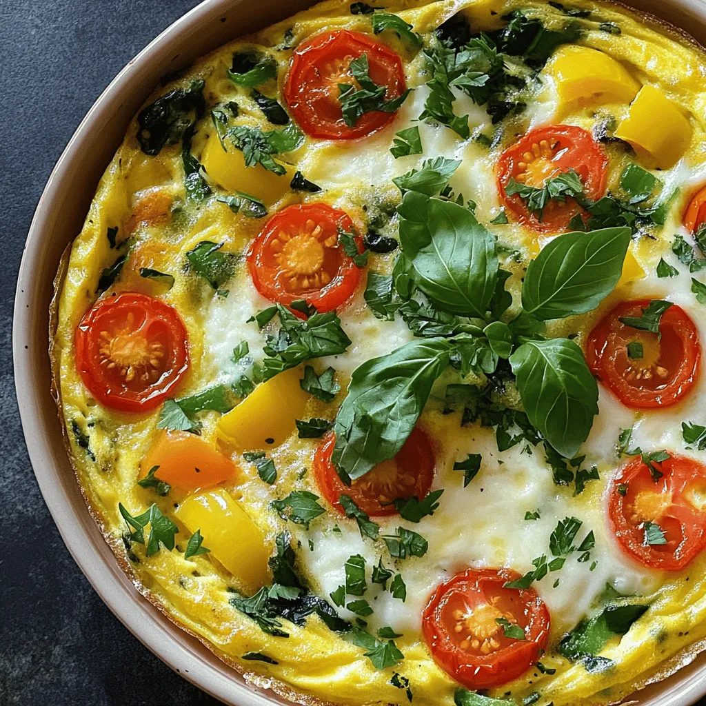 To make a tasty oven-baked frittata, you need the following items: - 6 large eggs - 1 cup milk (or plant-based milk) - 1 cup baby spinach, chopped - 1/2 cup bell peppers, diced (any color) - 1/2 cup cherry tomatoes, halved - 1/2 cup shredded cheese (cheddar, feta, or mozzarella) - 1/4 cup onion, diced - 2 cloves garlic, minced - 2 tablespoons fresh parsley, chopped - 1 tablespoon fresh basil, chopped - Salt and pepper to taste - Olive oil for greasing the baking dish These ingredients create a well-balanced frittata. The eggs act as the base, while the vegetables add flavor and nutrition. Cheese gives it a rich taste that makes it hard to resist. You can make your frittata unique by adding: - Additional vegetables like zucchini or mushrooms - Meats or proteins, such as cooked bacon or sausage - Fresh herbs and spices for extra flavor Feel free to mix and match these optional ingredients. This way, you can use what you have or what you like most. Before you start cooking, gather these tools: - Mixing bowls - Whisk or fork - Baking dish - Knife and cutting board Having the right tools makes cooking easy. You can focus on mixing and baking instead of searching for items. Now you're ready to create a delicious oven-baked frittata! Check out the Full Recipe for step-by-step instructions on how to cook this dish. 1. Preheating the oven: Start by preheating your oven to 375°F (190°C). This step is key for even cooking. 2. Greasing the baking dish: Next, grab a 9-inch round baking dish. Use olive oil or cooking spray to coat the dish. This helps the frittata slide out easily after baking. 1. Whisking eggs and milk: In a large mixing bowl, add 6 large eggs and 1 cup of milk. Whisk them together until they blend well. This mixture is the base of your frittata. 2. Incorporating vegetables and cheese: Now, add your chopped veggies and half a cup of cheese to the egg mix. I love using spinach, bell peppers, and cherry tomatoes. Stir everything together until well combined. This gives your frittata great flavor and texture. 1. Pouring mixture into the dish: Carefully pour the egg and vegetable mix into your greased baking dish. Spread it out evenly. Then, sprinkle the remaining cheese on top. 2. Baking time and temperature: Place the dish in the preheated oven. Bake the frittata for 25 to 30 minutes. You want it to be set and lightly golden around the edges. When you follow these steps, you create a tasty oven-baked frittata that is perfect for any meal. For the complete process, refer to the Full Recipe section. To get a great texture in your frittata, adjust the cooking time. If your frittata is too wet, bake it a bit longer. If it’s too dry, reduce the time next time. Fresh ingredients make a big difference. Use fresh eggs, vegetables, and herbs. They add flavor and help with texture. Seasoning is key. Use salt and pepper, but try adding herbs like thyme or oregano. You can also mix in spices like paprika for a hint of heat. Cheese can transform your frittata. Try using a blend of cheddar and feta for a tangy kick. Experiment with mozzarella for a milder taste. For the best experience, serve your frittata warm. It tastes great at room temperature too. It's perfect for brunch with a side of fresh fruit or a light salad. Pair it with crusty bread or toast for a full meal. Try serving it with your favorite hot sauce for an extra flavor pop. {{image_2}} For a spring vegetable frittata, use fresh, bright veggies. Think asparagus, peas, and zucchini. These ingredients brighten the dish and add great flavor. For a winter root vegetable frittata, choose hearty options like sweet potatoes, carrots, or beets. They add warmth and comfort during colder months. Both variations keep your meals fresh and exciting. If you need gluten-free options, this recipe works well without any bread products. Just focus on the eggs and veggies. For vegan adaptations, swap the eggs with a chickpea flour mixture and use plant-based milk. You can also add nutritional yeast for a cheesy flavor without dairy. These options let everyone enjoy the frittata. For an Italian-inspired frittata, add sun-dried tomatoes, olives, and Italian herbs like oregano and thyme. This gives a rich and savory taste. If you want Mediterranean variations, mix in feta cheese, artichokes, and spinach. This combo creates a fresh, tangy flavor that transports you to a sunny terrace. Feel free to explore these ideas and make the frittata your own. For the full recipe, check out the ingredients and instructions provided. To store leftovers, let the frittata cool first. Then, slice it into pieces. Place them in an airtight container. This keeps it fresh for up to four days. For best quality, cover the frittata with plastic wrap before sealing the container. You can freeze the frittata before or after baking. If you freeze it before baking, wrap it tightly in plastic wrap and then foil. This way, you can bake it straight from the freezer. If you freeze it after baking, let it cool completely. Then, slice it and store it in an airtight container. Reheat it by thawing in the fridge overnight. Warm it in the oven at 350°F (175°C) for about 20 minutes. The frittata stays tasty for about three to four days in the fridge. If you freeze it, the shelf life extends to about two to three months. For the best flavor, try to eat it within a month. Enjoy your Oven Baked Frittata straight from the oven or from the fridge. It's always a great choice! You can tell if the frittata is done by looking at its top. It should be set and slightly golden at the edges. The center should not jiggle when you shake the pan. If you're still unsure, use a toothpick test. Insert a toothpick in the center. If it comes out clean, your frittata is ready! Yes, you can make a frittata in advance. This dish is great for meal prep. Just bake it, let it cool, and slice it. Store the slices in an airtight container. Keep it in the fridge for up to four days. If you want to enjoy it later, you can also freeze it. Wrap each slice in plastic wrap and place them in a freezer bag. No worries! You can easily swap out ingredients in this recipe. If you lack bell peppers, try zucchini or mushrooms. For cheese, you can use any type you have on hand. If you don’t have fresh herbs, dried ones can work too. Just use less, as dried herbs are stronger. Adjust the recipe based on what you have available to create your perfect frittata! In this blog post, we covered how to make a delicious frittata. We listed essential and optional ingredients, explained the tools you'll need, and provided clear steps for preparation and baking. We shared tips for perfecting texture and boosting flavor, including variations for different tastes and dietary needs. Lastly, we discussed storage tips to keep your frittata fresh. Remember, this dish is flexible and fun to make. Experiment with your favorite ingredients and enjoy the process!