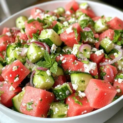 - Watermelon - Cucumber - Feta Cheese - Red Onion - Fresh Mint Leaves - Olive Oil - Lime Juice - Salt and Pepper You can use goat cheese or ricotta instead of feta cheese. These cheeses offer different flavors and textures. If you want a dairy-free option, try using tofu or cashew cheese. For herbs, you can swap mint with basil or cilantro. This change will give the salad a unique twist. You can also add spices like chili flakes for a bit of heat. When selecting watermelon, look for a firm, heavy fruit. It should have a smooth, dull skin. A yellow spot on the bottom indicates ripeness. For cucumbers, pick ones that are dark green and firm. Avoid cucumbers with soft spots or wrinkles. Fresh ingredients make the salad taste better. Always choose the best! Start by dicing the watermelon. Cut it into small cubes. This makes it easy to eat. Next, take the cucumber. Slice it in half, then dice it just like the watermelon. Now, chop the red onion finely. This adds a nice crunch. Lastly, chop the fresh mint leaves. They will give the salad a fresh taste. In a large bowl, mix the diced watermelon and cucumber. Then, add the finely chopped red onion and crumbled feta cheese. The feta adds creaminess and a salty kick. Next, prepare the dressing. In a small bowl, whisk together olive oil, lime juice, salt, and pepper. This makes a simple, tangy dressing. Drizzle it over the watermelon and cucumber mix. Gently toss the salad so everything combines, but be careful not to break the watermelon. Finally, stir in the chopped mint leaves. Save a few mint leaves for garnish. To serve the salad, you can use a large bowl or individual plates. This makes it easy for guests to help themselves. For a beautiful touch, garnish with the reserved mint leaves. You can also add lime wedges on the side for extra zest. If you want to make this dish even more exciting, chill the salad in the fridge for at least 30 minutes before serving. This allows the flavors to meld together perfectly. For the full recipe, check out [Full Recipe]. To make your watermelon cucumber feta salad ahead of time, store each ingredient separately. This keeps the salad fresh and prevents sogginess. You can prep your dressing in advance too. Just keep it in a sealed jar in the fridge. This way, it will be ready when you need it. Chill your salad before serving. This helps all the flavors mix well. Allow at least 30 minutes in the fridge. For even better taste, marinate the salad. Let it sit for an hour after adding the dressing. This enhances the flavors and makes every bite delicious. If your salad is too salty, add more diced watermelon or cucumber. This balances out the saltiness. To adjust flavors to your taste, try adding more lime juice or mint. You can also reduce the feta cheese if it's too strong. Experiment until you find the perfect mix for you. {{image_2}} You can switch up the flavors in your salad. Adding avocado gives a creamy texture. It also adds healthy fats. You might like to include berries, too. Strawberries or blueberries bring sweetness and color. You can also add nuts for a nice crunch. Almonds or walnuts work well. They add a different texture and flavor. Try using different citrus juices in your dressing. Lemon or orange juice can change the taste. They will give a fresh twist. For creamy dressings, consider yogurt or sour cream. These will make the salad richer and thicker. Experimenting with different dressings can keep it fun. This salad shines in summer with fresh produce. You can add fresh herbs like basil or cilantro. They add a new layer of flavor. In winter, swap out ingredients. Use pomegranate seeds for a festive touch. Roasted squash can add heartiness. By adjusting the ingredients, you can enjoy this salad all year long. For the complete recipe, check the Full Recipe section. To keep your Watermelon Cucumber Feta Salad fresh, refrigerate it right away. Place the salad in an airtight container. This helps lock in moisture and flavor. Make sure the lid seals tightly. If you have extra dressing, store it separately. This way, your salad stays crisp and tasty. How long does the salad last? If stored well, it can last about three days in the fridge. After that, the ingredients may start to lose quality. Look for signs of spoilage, like a mushy texture or off smells. If you notice any of these signs, it's best to toss it. Can you freeze the salad? I don’t recommend it. Freezing changes the texture of watermelon and cucumber. However, if you want to freeze watermelon, cut it into cubes. Spread the cubes on a baking sheet and freeze them for a few hours. Once they are solid, transfer them to a freezer bag. Use these frozen pieces in smoothies or drinks, but not in salads. For the best taste, enjoy your salad fresh. For the full recipe, check out the detailed instructions on how to make this dish! Yes, you can make this salad ahead of time! To keep it fresh, store the salad in the fridge. It tastes best when chilled for at least 30 minutes. If you plan to make it a day early, store the dressing separately. Add it right before serving to keep the salad crisp. If you want a substitute for feta cheese, there are tasty options. Try using goat cheese for a similar flavor. If you need a dairy-free option, use crumbled tofu or a nut cheese. Both will add creaminess without dairy. You can easily adapt the salad for different dietary needs. For a vegan option, skip the feta or use a dairy-free cheese. To make it gluten-free, ensure all ingredients are free from gluten. This way, everyone can enjoy this fresh dish! This blog post covered everything you need for a great Watermelon Cucumber Feta Salad. We discussed key ingredients and substitutions. I shared tips for choosing fresh produce and step-by-step instructions for making the salad. Plus, you learned how to store leftovers and explore fun variations. In the end, this salad is refreshing and easy to customize. Enjoy your creation and make it your own!