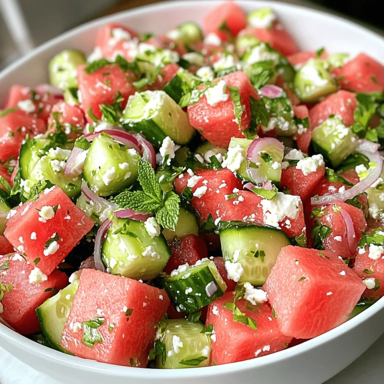 - Watermelon - Cucumber - Feta Cheese - Red Onion - Fresh Mint Leaves - Olive Oil - Lime Juice - Salt and Pepper You can use goat cheese or ricotta instead of feta cheese. These cheeses offer different flavors and textures. If you want a dairy-free option, try using tofu or cashew cheese. For herbs, you can swap mint with basil or cilantro. This change will give the salad a unique twist. You can also add spices like chili flakes for a bit of heat. When selecting watermelon, look for a firm, heavy fruit. It should have a smooth, dull skin. A yellow spot on the bottom indicates ripeness. For cucumbers, pick ones that are dark green and firm. Avoid cucumbers with soft spots or wrinkles. Fresh ingredients make the salad taste better. Always choose the best! Start by dicing the watermelon. Cut it into small cubes. This makes it easy to eat. Next, take the cucumber. Slice it in half, then dice it just like the watermelon. Now, chop the red onion finely. This adds a nice crunch. Lastly, chop the fresh mint leaves. They will give the salad a fresh taste. In a large bowl, mix the diced watermelon and cucumber. Then, add the finely chopped red onion and crumbled feta cheese. The feta adds creaminess and a salty kick. Next, prepare the dressing. In a small bowl, whisk together olive oil, lime juice, salt, and pepper. This makes a simple, tangy dressing. Drizzle it over the watermelon and cucumber mix. Gently toss the salad so everything combines, but be careful not to break the watermelon. Finally, stir in the chopped mint leaves. Save a few mint leaves for garnish. To serve the salad, you can use a large bowl or individual plates. This makes it easy for guests to help themselves. For a beautiful touch, garnish with the reserved mint leaves. You can also add lime wedges on the side for extra zest. If you want to make this dish even more exciting, chill the salad in the fridge for at least 30 minutes before serving. This allows the flavors to meld together perfectly. For the full recipe, check out [Full Recipe]. To make your watermelon cucumber feta salad ahead of time, store each ingredient separately. This keeps the salad fresh and prevents sogginess. You can prep your dressing in advance too. Just keep it in a sealed jar in the fridge. This way, it will be ready when you need it. Chill your salad before serving. This helps all the flavors mix well. Allow at least 30 minutes in the fridge. For even better taste, marinate the salad. Let it sit for an hour after adding the dressing. This enhances the flavors and makes every bite delicious. If your salad is too salty, add more diced watermelon or cucumber. This balances out the saltiness. To adjust flavors to your taste, try adding more lime juice or mint. You can also reduce the feta cheese if it's too strong. Experiment until you find the perfect mix for you. {{image_2}} You can switch up the flavors in your salad. Adding avocado gives a creamy texture. It also adds healthy fats. You might like to include berries, too. Strawberries or blueberries bring sweetness and color. You can also add nuts for a nice crunch. Almonds or walnuts work well. They add a different texture and flavor. Try using different citrus juices in your dressing. Lemon or orange juice can change the taste. They will give a fresh twist. For creamy dressings, consider yogurt or sour cream. These will make the salad richer and thicker. Experimenting with different dressings can keep it fun. This salad shines in summer with fresh produce. You can add fresh herbs like basil or cilantro. They add a new layer of flavor. In winter, swap out ingredients. Use pomegranate seeds for a festive touch. Roasted squash can add heartiness. By adjusting the ingredients, you can enjoy this salad all year long. For the complete recipe, check the Full Recipe section. To keep your Watermelon Cucumber Feta Salad fresh, refrigerate it right away. Place the salad in an airtight container. This helps lock in moisture and flavor. Make sure the lid seals tightly. If you have extra dressing, store it separately. This way, your salad stays crisp and tasty. How long does the salad last? If stored well, it can last about three days in the fridge. After that, the ingredients may start to lose quality. Look for signs of spoilage, like a mushy texture or off smells. If you notice any of these signs, it's best to toss it. Can you freeze the salad? I don’t recommend it. Freezing changes the texture of watermelon and cucumber. However, if you want to freeze watermelon, cut it into cubes. Spread the cubes on a baking sheet and freeze them for a few hours. Once they are solid, transfer them to a freezer bag. Use these frozen pieces in smoothies or drinks, but not in salads. For the best taste, enjoy your salad fresh. For the full recipe, check out the detailed instructions on how to make this dish! Yes, you can make this salad ahead of time! To keep it fresh, store the salad in the fridge. It tastes best when chilled for at least 30 minutes. If you plan to make it a day early, store the dressing separately. Add it right before serving to keep the salad crisp. If you want a substitute for feta cheese, there are tasty options. Try using goat cheese for a similar flavor. If you need a dairy-free option, use crumbled tofu or a nut cheese. Both will add creaminess without dairy. You can easily adapt the salad for different dietary needs. For a vegan option, skip the feta or use a dairy-free cheese. To make it gluten-free, ensure all ingredients are free from gluten. This way, everyone can enjoy this fresh dish! This blog post covered everything you need for a great Watermelon Cucumber Feta Salad. We discussed key ingredients and substitutions. I shared tips for choosing fresh produce and step-by-step instructions for making the salad. Plus, you learned how to store leftovers and explore fun variations. In the end, this salad is refreshing and easy to customize. Enjoy your creation and make it your own!