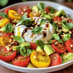 - 1 large burrata cheese - 2 cups mixed heirloom cherry tomatoes, halved - 1 ripe avocado, diced - 1/4 cup fresh basil leaves, torn Burrata cheese is creamy and rich. It adds a luxurious touch to your salad. Heirloom cherry tomatoes bring a burst of color and sweetness. They pair well with the creamy cheese. Ripe avocado adds a smooth texture and healthy fats. Fresh basil leaves give your salad a fragrant, herbaceous kick. - 2 tablespoons extra-virgin olive oil - 1 tablespoon balsamic glaze - Salt and freshly ground black pepper, to taste - 1/4 cup toasted pine nuts (optional for added crunch) Extra-virgin olive oil enhances flavors. It gives the salad a smooth finish. Balsamic glaze adds sweetness and tang. Salt and black pepper season your salad perfectly. For a nice crunch, add toasted pine nuts. They bring a delightful texture and nutty flavor. - Caloric content: About 300 calories per serving - Macronutrient breakdown: - Protein: 10 grams - Carbohydrates: 15 grams - Fat: 25 grams This salad is not only tasty but also nutritious. The burrata provides protein and healthy fats. Tomatoes and avocado offer vitamins and minerals. Overall, it’s a well-balanced dish. For the full recipe, you can check below. To start, mix the halved cherry tomatoes and diced avocado in a large bowl. You want bright colors and fresh flavors. Next, add the torn fresh basil leaves. Gently toss them together, but be careful not to mash the avocado. The tomatoes and avocado should be well combined with the basil for a tasty base. Now it’s time to dress your salad. Drizzle extra-virgin olive oil and balsamic glaze over the mix. This adds rich flavor. Season with salt and freshly ground black pepper to taste. Stir carefully to combine all the ingredients, ensuring the avocado stays intact. This dressing brings the salad to life. Once dressed, transfer the salad mixture onto a serving platter. Create a small well in the center. This is where the burrata will go. Gently lift the burrata cheese and place it in that well. Use a knife to make a small cut on top. This lets the creamy insides spill out onto the salad, adding a luxurious touch. If you like, sprinkle toasted pine nuts around the burrata for extra crunch. Finally, finish with a light drizzle of olive oil over the burrata and a sprinkle of salt. This recipe makes a beautiful salad that looks and tastes amazing. You can find the full recipe in the link provided. - Selecting ripe avocados and tomatoes: Choose avocados that feel slightly soft when you squeeze them. Look for tomatoes that are bright and firm. Heirloom cherry tomatoes should have rich colors. They should smell sweet and fresh. - Storing fresh basil: Keep basil in a glass of water, like a bouquet. Cover it loosely with a bag. This keeps it fresh for longer. You can also store it in the fridge wrapped in a damp paper towel. - Ideal serving dish options: Use a wide, shallow bowl for the salad. This shows off the colors and shapes of the ingredients. A large platter works well too. - Pairing ideas with bread: Serve your salad with crusty bread or baguette slices. The bread complements the creamy burrata and adds crunch. - Suggestions for herbs and spices: Add fresh oregano or thyme for more flavor. A sprinkle of crushed red pepper can add a nice kick. - Options for additional crunch: Toasted pine nuts add a lovely crunch. You can also use chopped walnuts or sunflower seeds for variety. For the full recipe, check out the Burrata Bliss Salad. {{image_2}} You can change the cheese in your burrata salad. Try fresh mozzarella or burrini for a twist. Both add a creamy texture. If you want a stronger flavor, use feta or goat cheese instead. Each will give a unique taste. Seasonal vegetables can also enhance your salad. In summer, add sweet corn or bell peppers for crunch. In fall, roasted butternut squash or beets add warmth. These swaps make the salad fresh and exciting. Add citrus zest or juice to brighten your salad. A squeeze of lemon or lime gives a tangy kick. You can also use orange or grapefruit for a sweet twist. This small change makes the dish pop with flavor. Different vinegars can transform your salad, too. Use red wine or apple cider vinegar for a fruity note. For a bold flavor, try sherry or balsamic vinegar. Experimenting with vinegars adds depth and interest to your dish. To make the salad vegan-friendly, swap burrata for a nut-based cheese. Cashew cheese or tofu can mimic the creamy texture. This way, everyone can enjoy the salad, regardless of their diet. If you need gluten-free options, this salad is already a great choice. Just ensure any bread served on the side is gluten-free. This simple swap allows everyone to savor the flavors without worry. For the full recipe, check out the Burrata Bliss Salad. To keep your salad fresh, refrigerate leftovers right away. Place them in an airtight container. This helps keep flavors intact and prevents spoilage. Use glass or plastic containers with tight lids for best results. If you want to save parts of the salad for later, consider freezing some components. You can freeze diced avocado, but it may change texture. For tomatoes and basil, I suggest using them fresh. Reheat any components gently in a skillet if needed. Burrata cheese lasts about five days in the fridge. Always check for freshness before use. Heirloom tomatoes can stay fresh for about a week. Fresh basil should be used within three days for the best flavor. Store basil in a glass of water, like flowers, to keep it vibrant. Burrata cheese is a fresh Italian cheese. It has a soft outer shell made of mozzarella. Inside, it is filled with creamy stracciatella. Burrata comes from Apulia, a region in Southern Italy. This cheese has a rich, buttery taste. It pairs well with many dishes, making it popular worldwide. Yes, you can prepare parts of burrata salad in advance. Chop the tomatoes and avocado a few hours before serving. Keep them in the fridge to stay fresh. You can mix the olive oil, balsamic glaze, salt, and pepper in a jar. Just shake it before using. Add the burrata cheese just before serving to keep it creamy. Burrata salad pairs well with crusty bread. You can also serve it with a light white wine or sparkling water. For an extra touch, add olives or cured meats on the side. These add flavor and texture to your meal. Burrata salad is a healthy choice. It contains vitamins from tomatoes and avocados. The cheese offers protein and healthy fats. Olive oil adds heart-healthy monounsaturated fats. Just watch the portion size, as burrata is rich. Overall, it's a balanced dish that can fit into a healthy diet. Burrata salad is a simple recipe packed with flavor. You mix ripe tomatoes, avocado, and fresh basil. Drizzle with olive oil and balsamic glaze for taste. Optionally, add nuts or spices for extra crunch. Each ingredient brings its own benefits, and this dish highlights them. You can easily adapt it to fit your diet. Remember, fresh ingredients make the best salad. Enjoy creating your burrata salad today!