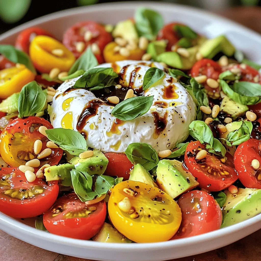 - 1 large burrata cheese - 2 cups mixed heirloom cherry tomatoes, halved - 1 ripe avocado, diced - 1/4 cup fresh basil leaves, torn Burrata cheese is creamy and rich. It adds a luxurious touch to your salad. Heirloom cherry tomatoes bring a burst of color and sweetness. They pair well with the creamy cheese. Ripe avocado adds a smooth texture and healthy fats. Fresh basil leaves give your salad a fragrant, herbaceous kick. - 2 tablespoons extra-virgin olive oil - 1 tablespoon balsamic glaze - Salt and freshly ground black pepper, to taste - 1/4 cup toasted pine nuts (optional for added crunch) Extra-virgin olive oil enhances flavors. It gives the salad a smooth finish. Balsamic glaze adds sweetness and tang. Salt and black pepper season your salad perfectly. For a nice crunch, add toasted pine nuts. They bring a delightful texture and nutty flavor. - Caloric content: About 300 calories per serving - Macronutrient breakdown: - Protein: 10 grams - Carbohydrates: 15 grams - Fat: 25 grams This salad is not only tasty but also nutritious. The burrata provides protein and healthy fats. Tomatoes and avocado offer vitamins and minerals. Overall, it’s a well-balanced dish. For the full recipe, you can check below. To start, mix the halved cherry tomatoes and diced avocado in a large bowl. You want bright colors and fresh flavors. Next, add the torn fresh basil leaves. Gently toss them together, but be careful not to mash the avocado. The tomatoes and avocado should be well combined with the basil for a tasty base. Now it’s time to dress your salad. Drizzle extra-virgin olive oil and balsamic glaze over the mix. This adds rich flavor. Season with salt and freshly ground black pepper to taste. Stir carefully to combine all the ingredients, ensuring the avocado stays intact. This dressing brings the salad to life. Once dressed, transfer the salad mixture onto a serving platter. Create a small well in the center. This is where the burrata will go. Gently lift the burrata cheese and place it in that well. Use a knife to make a small cut on top. This lets the creamy insides spill out onto the salad, adding a luxurious touch. If you like, sprinkle toasted pine nuts around the burrata for extra crunch. Finally, finish with a light drizzle of olive oil over the burrata and a sprinkle of salt. This recipe makes a beautiful salad that looks and tastes amazing. You can find the full recipe in the link provided. - Selecting ripe avocados and tomatoes: Choose avocados that feel slightly soft when you squeeze them. Look for tomatoes that are bright and firm. Heirloom cherry tomatoes should have rich colors. They should smell sweet and fresh. - Storing fresh basil: Keep basil in a glass of water, like a bouquet. Cover it loosely with a bag. This keeps it fresh for longer. You can also store it in the fridge wrapped in a damp paper towel. - Ideal serving dish options: Use a wide, shallow bowl for the salad. This shows off the colors and shapes of the ingredients. A large platter works well too. - Pairing ideas with bread: Serve your salad with crusty bread or baguette slices. The bread complements the creamy burrata and adds crunch. - Suggestions for herbs and spices: Add fresh oregano or thyme for more flavor. A sprinkle of crushed red pepper can add a nice kick. - Options for additional crunch: Toasted pine nuts add a lovely crunch. You can also use chopped walnuts or sunflower seeds for variety. For the full recipe, check out the Burrata Bliss Salad. {{image_2}} You can change the cheese in your burrata salad. Try fresh mozzarella or burrini for a twist. Both add a creamy texture. If you want a stronger flavor, use feta or goat cheese instead. Each will give a unique taste. Seasonal vegetables can also enhance your salad. In summer, add sweet corn or bell peppers for crunch. In fall, roasted butternut squash or beets add warmth. These swaps make the salad fresh and exciting. Add citrus zest or juice to brighten your salad. A squeeze of lemon or lime gives a tangy kick. You can also use orange or grapefruit for a sweet twist. This small change makes the dish pop with flavor. Different vinegars can transform your salad, too. Use red wine or apple cider vinegar for a fruity note. For a bold flavor, try sherry or balsamic vinegar. Experimenting with vinegars adds depth and interest to your dish. To make the salad vegan-friendly, swap burrata for a nut-based cheese. Cashew cheese or tofu can mimic the creamy texture. This way, everyone can enjoy the salad, regardless of their diet. If you need gluten-free options, this salad is already a great choice. Just ensure any bread served on the side is gluten-free. This simple swap allows everyone to savor the flavors without worry. For the full recipe, check out the Burrata Bliss Salad. To keep your salad fresh, refrigerate leftovers right away. Place them in an airtight container. This helps keep flavors intact and prevents spoilage. Use glass or plastic containers with tight lids for best results. If you want to save parts of the salad for later, consider freezing some components. You can freeze diced avocado, but it may change texture. For tomatoes and basil, I suggest using them fresh. Reheat any components gently in a skillet if needed. Burrata cheese lasts about five days in the fridge. Always check for freshness before use. Heirloom tomatoes can stay fresh for about a week. Fresh basil should be used within three days for the best flavor. Store basil in a glass of water, like flowers, to keep it vibrant. Burrata cheese is a fresh Italian cheese. It has a soft outer shell made of mozzarella. Inside, it is filled with creamy stracciatella. Burrata comes from Apulia, a region in Southern Italy. This cheese has a rich, buttery taste. It pairs well with many dishes, making it popular worldwide. Yes, you can prepare parts of burrata salad in advance. Chop the tomatoes and avocado a few hours before serving. Keep them in the fridge to stay fresh. You can mix the olive oil, balsamic glaze, salt, and pepper in a jar. Just shake it before using. Add the burrata cheese just before serving to keep it creamy. Burrata salad pairs well with crusty bread. You can also serve it with a light white wine or sparkling water. For an extra touch, add olives or cured meats on the side. These add flavor and texture to your meal. Burrata salad is a healthy choice. It contains vitamins from tomatoes and avocados. The cheese offers protein and healthy fats. Olive oil adds heart-healthy monounsaturated fats. Just watch the portion size, as burrata is rich. Overall, it's a balanced dish that can fit into a healthy diet. Burrata salad is a simple recipe packed with flavor. You mix ripe tomatoes, avocado, and fresh basil. Drizzle with olive oil and balsamic glaze for taste. Optionally, add nuts or spices for extra crunch. Each ingredient brings its own benefits, and this dish highlights them. You can easily adapt it to fit your diet. Remember, fresh ingredients make the best salad. Enjoy creating your burrata salad today!