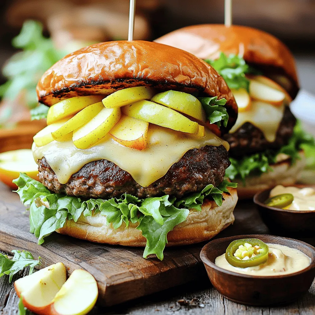 The right ingredients make all the difference in a great smashburger. Here’s what you need: - 1 lb ground beef (80/20 blend) - 1 tablespoon olive oil - 1 large apple, thinly sliced (preferably Granny Smith) - 4 slices smoked Gouda cheese - 1/2 cup mayonnaise - 1 tablespoon Dijon mustard - 1 tablespoon apple cider vinegar - Salt and pepper to taste - 4 burger buns (your choice) - Lettuce, for serving - Optional: pickled jalapeños for added heat Using high-quality ground beef gives your burger a juicy flavor. The 80/20 blend has the right fat content. Olive oil helps sear the patties nicely. The Granny Smith apple adds a crisp and tart bite, balancing the richness of the smoked Gouda. The cheese melts perfectly, creating a creamy layer on your burger. For the sauce, the mix of mayo, Dijon mustard, and apple cider vinegar gives a tangy punch. Don't forget to season with salt and pepper. You can choose any burger bun you like. Toasting them adds a nice crunch. Lettuce adds freshness, while pickled jalapeños give it a spicy twist if you like heat. All these ingredients come together to create a bite that bursts with flavor. For the full recipe, check the recipe section. Enjoy crafting your delicious Smoked Gouda and Apple Smashburgers! To make the sauce, grab a small bowl. Mix together the mayonnaise, Dijon mustard, and apple cider vinegar. Add a pinch of salt and pepper. Stir until smooth. This sauce adds a creamy kick to the burgers. Take the ground beef and divide it into four equal parts. Each part should weigh about 4 ounces. Gently roll each piece into a loose ball. It's key not to overwork the meat. This helps keep the patties tender. Heat a cast-iron skillet over medium-high heat. Add the olive oil and let it shimmer. Place the meat balls in the skillet, making space between them. Use a spatula to smash each ball down into a thin patty, about 1/2 inch thick. Season both sides with salt and pepper. Let the patties cook for 3-4 minutes without moving them. This helps form a nice crust. Once the edges brown, flip the patties. Right after flipping, put a slice of smoked Gouda on each patty. This allows the cheese to melt perfectly. While the cheese melts, add the thin apple slices to the skillet. Cook them for 2-3 minutes until they soften and caramelize. The sweet flavor of the apples balances well with the savory burgers. Now, toast the burger buns in the skillet until golden brown. Spread a good amount of the sauce on the bottom half. Place a cheesy patty on top, followed by the sautéed apples and a layer of lettuce. If you like a bit of heat, add pickled jalapeños before capping it off with the top bun. This simple process creates a burger that bursts with flavor. For the full recipe, check out the detailed instructions above. To make the best smashburgers, follow these simple tips: - Use the right meat: I recommend an 80/20 blend for juicy burgers. - Don’t overwork the beef: Form loose balls without pressing too hard. - Get the skillet hot: A hot pan ensures a good sear and flavor. - Smash once: Press the meat down firmly just once. This helps form a nice crust. - Season well: Sprinkle salt and pepper generously before cooking. Cooking apples adds flavor and sweetness to your smashburgers. Here’s how to do it right: - Choose the right apple: I love Granny Smith for its tartness. It balances the richness of the burger. - Slice thinly: Thin slices cook faster and caramelize nicely. - Cook alongside burgers: Add apples to the pan when the burgers are halfway done. This way, they soak up the burger's flavors. - Sauté gently: Cook the apples for 2-3 minutes until soft but not mushy. The sauce can make or break your burger. Here are a few tasty ideas: - Spicy kick: Mix in some sriracha or hot sauce for heat. - Herb twist: Add fresh herbs like dill or parsley for a fresh touch. - Sweet and tangy: Try honey or maple syrup for added sweetness. - Creamy options: Swap out mayo for Greek yogurt for a lighter sauce. These tips will help you create delicious smoked Gouda and apple smashburgers. Check the Full Recipe for even more details! {{image_2}} You can easily make a vegetarian version of the smoked Gouda and apple smashburgers. Instead of ground beef, try using a black bean or chickpea patty. These options provide great flavor and texture. You can also use a portobello mushroom cap as the base. Grill or roast it for added taste. Just remember to season well. Top your veggie patty with smoked Gouda and sautéed apples. This twist keeps the dish delicious while catering to plant-based diets. While smoked Gouda is a star, other cheeses can shine too. Try sharp cheddar for a tangy kick. Gouda adds a creamy note, but cheddar brings a bold flavor. Swiss cheese melts beautifully and adds a nutty taste. For a fun twist, use pepper jack for a spicy kick. Each cheese will change the overall flavor, so feel free to experiment. Your taste buds will thank you for trying new combinations. Pair your smashburgers with simple sides for a complete meal. Crispy sweet potato fries complement the flavors well. For something lighter, serve a fresh apple and arugula salad. The peppery arugula balances the sweetness of the apples. You could also try coleslaw for a crunchy texture. Each side adds a new layer of flavor and texture, making your meal more enjoyable. Don't forget to share your favorites and explore different side options! To keep your leftover smoked Gouda and apple smashburgers fresh, place them in an airtight container. Layer parchment paper between the patties and buns to avoid sogginess. Store them in the fridge for up to three days. For the best taste, eat them within two days. Reheat your smashburgers in a skillet over medium heat. This method keeps the buns crisp and the cheese melty. Heat for about 3-4 minutes on each side, or until warm. You can also use the microwave, but it may make the buns soft. Heat for about 30 seconds, checking every 15 seconds. You can freeze your smoked Gouda and apple smashburgers for later. Wrap each burger tightly in plastic wrap, then place them in a freezer bag. They can last for up to three months in the freezer. To eat, thaw in the fridge overnight and reheat as mentioned above. For best results, freeze the patties and cheese separately from the buns. Try this method to keep your flavors fresh and your meals ready whenever you crave one! For the complete cooking guide, refer to the Full Recipe. A smashburger is a burger made by smashing a ball of ground beef onto a hot skillet. This method creates a thin patty. It helps form a nice crust on the outside. The crust adds flavor and texture. The inside stays juicy and flavorful. It’s a simple way to make a great burger. Yes, you can prepare parts of this recipe ahead of time. You can make the sauce and store it in the fridge. You can also slice the apples and keep them in water with lemon juice. This keeps them from browning. For the patties, you can shape them and keep them wrapped in the fridge. Just cook them fresh for the best taste. I recommend using Granny Smith apples for their tartness. Their crisp texture holds up well when cooked. Honeycrisp apples also work great for a sweeter flavor. You could try Fuji apples if you like them sweeter. Each type adds a different taste to your smashburger. In this blog post, we covered a unique smashburger recipe featuring ground beef, sliced apples, and smoked Gouda. I shared tips for preparation, cooking methods, sauce variations, and how to store leftovers. These insights help you create a delicious meal with ease. Remember, cooking can be simple and fun. Don’t hesitate to try different ingredients or techniques. Enjoy your time in the kitchen and savor every bite!