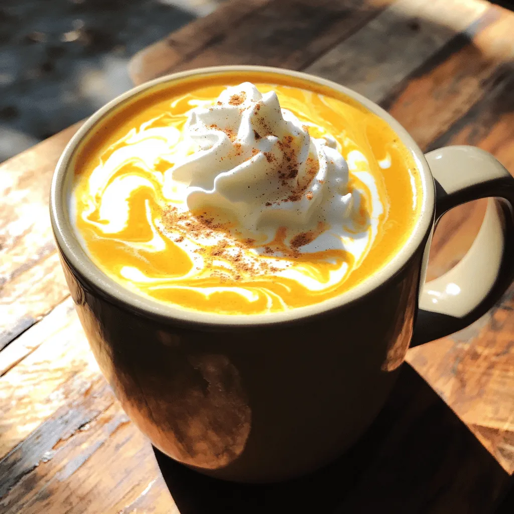 To make a creamy pumpkin spice latte, you need some key ingredients. Here’s what you will need: - 1 cup brewed strong coffee - 1 cup unsweetened almond milk (or milk of choice) - 1/4 cup pumpkin puree - 2 tablespoons maple syrup (adjust sweetness to taste) - 1 teaspoon pumpkin pie spice (plus extra for garnish) - 1/2 teaspoon vanilla extract - Whipped cream (for topping, optional) These ingredients blend together to create a warm, cozy drink. The coffee gives you a nice kick. The pumpkin puree adds a rich flavor and creaminess. Maple syrup sweetens it up, while pumpkin pie spice brings the fall vibes. You can personalize your pumpkin spice latte with fun toppings and add-ins. Some options include: - Extra pumpkin pie spice for a stronger flavor - Caramel sauce drizzled on top - Chocolate shavings or cocoa powder - A sprinkle of cinnamon for warmth - A dash of nutmeg for extra spice Feel free to mix and match these toppings. They can elevate your drink and make it even more delicious. Not everyone can use the same ingredients. Here are some great swaps for dietary needs: - Dairy-Free: Use coconut milk or oat milk instead of almond milk. - Low-Sugar: Replace maple syrup with stevia or monk fruit sweetener. - Gluten-Free: This recipe is naturally gluten-free, so no worries there. - Nut-Free: If you have nut allergies, use soy milk or rice milk. These substitutions help you enjoy a creamy pumpkin spice latte, no matter your dietary restrictions. You can find a way to enjoy this drink that suits your needs. First, brew one cup of strong coffee. I recommend using a dark roast for rich flavor. Let it sit while you prepare the pumpkin mixture. The coffee should be hot but not boiling. This step is simple, but it sets the base for your drink. In a small saucepan, mix together the pumpkin puree, maple syrup, and pumpkin pie spice. Set the heat to medium. Stir these ingredients for about two minutes until they warm up. You want them to blend well and create a smooth base. The smell will be amazing! Now, gradually pour in the almond milk while whisking. This helps create a creamy texture. Keep whisking until the mixture is smooth and starts to steam. Avoid boiling it. Next, pour in the brewed coffee, and add vanilla extract. Whisk everything together until it’s frothy. This makes your latte light and airy. This creamy pumpkin spice latte recipe is a cozy treat. Enjoy your drink slowly and feel the fall vibes. For the complete recipe, refer to the Full Recipe section. To make the creamiest pumpkin spice latte, use unsweetened almond milk or your favorite milk. Heat it gently; too much heat can change the texture. Whisk while heating to add air, making it frothy. If you want richer flavor, try adding heavy cream instead of milk. This adds a smooth finish. Sweetness is personal. Start with two tablespoons of maple syrup. Taste as you go. If you want it sweeter, add more syrup. For extra flavor, mix in a pinch of nutmeg or cinnamon. These spices enhance the pumpkin taste and add warmth. To make the best latte, you need a few tools. A good coffee maker is key for strong coffee. A whisk helps blend the milk and pumpkin puree smoothly. A saucepan is ideal for heating your mixture. If you like froth, a milk frother is a great tool. It adds the perfect touch to your latte. You can find the full recipe for this creamy pumpkin spice latte in the previous sections. Enjoy making this cozy drink! {{image_2}} If you want a dairy-free option, use almond milk or oat milk. Both are great choices. They keep the drink creamy without dairy. You can even use coconut milk for a tropical twist. If you choose a vegan option, skip the whipped cream or use a dairy-free version. This way, everyone can enjoy the drink! Feeling warm? Try an iced pumpkin spice latte instead. Brew your coffee and let it cool. Mix the pumpkin puree, maple syrup, and spices in a glass. Add ice, then pour over the cold coffee. Use cold milk of your choice. Stir well, and you have a refreshing fall drink! Want to mix things up? Try adding chocolate or caramel. For chocolate, stir in cocoa powder or chocolate syrup. This makes your drink rich and sweet. If you love caramel, drizzle some on top or mix it in. These flavors pair well with pumpkin spice and make your latte even more special. For the full recipe, check out the Creamy Pumpkin Spice Latte recipe above! If you have extra pumpkin spice latte, store it in the fridge. Use an airtight container. It stays fresh for about three days. When ready to enjoy, heat it gently on the stove or in the microwave. Stir well before serving. This way, you can savor that fall flavor again. Freezing pumpkin puree is easy and smart. First, scoop the puree into ice cube trays. Each cube holds about two tablespoons. Once frozen, transfer the cubes to a freezer bag. Label the bag with the date. You can use this puree later for soups or lattes. It stays good for up to six months in the freezer. For gatherings, make a large batch of pumpkin spice latte. Use the full recipe and double it. You can keep it warm in a slow cooker. This makes serving easy for guests. Add whipped cream and spices just before serving. Your friends will love this cozy drink! I recommend using strong brewed coffee for your pumpkin spice latte. A dark roast works well. It adds depth and richness to the drink. If you prefer, you can use espresso for a bolder flavor. The coffee should balance the sweetness of the pumpkin and syrup. You want the coffee to shine through the creamy mix. To reduce sweetness, cut back on the maple syrup. Start by using one tablespoon instead of two. You can also try unsweetened almond milk. It helps keep the flavor rich without added sugar. If you want even less sweetness, skip the whipped cream. Adjusting these ingredients lets you control how sweet your drink is. Yes, you can use any milk alternative! Unsweetened almond milk is a great choice. Oat milk or coconut milk also works well. Each type adds its unique flavor to the latte. If you prefer a creamier texture, try using cashew milk. Just make sure to choose unsweetened options for better control over sweetness. You can find more tips in the Full Recipe. You can easily make a great pumpkin spice latte at home. We explored the best ingredients and tips to help you get that creamy texture. I shared step-by-step instructions, so you can follow along without a hitch. Don’t forget the fun variations and storage tips to enjoy later. Whether you're dairy-free or looking for new flavors, there’s an option for you. Now, grab your ingredients and start brewing. Your perfect pumpkin spice latte awaits!