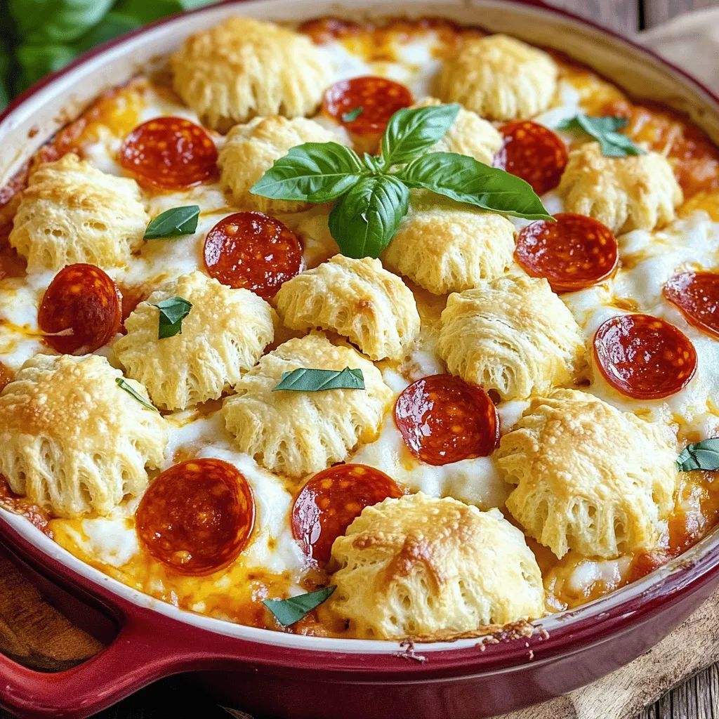- 1 cup pizza sauce - 1 cup shredded mozzarella cheese - 1/2 cup diced pepperoni - 1/2 cup ricotta cheese - 1/4 cup grated Parmesan cheese - 1 teaspoon Italian seasoning - 1/2 teaspoon garlic powder - 2 cups refrigerated biscuit dough (e.g., buttermilk biscuits) - Fresh basil leaves for garnish Choosing the best pizza sauce Look for a pizza sauce with rich flavor and no added sugars. A good sauce enhances your dip. You can use store-bought for ease, but homemade is great if you have the time. Recommended cheese types for flavor Mozzarella provides that stretchy texture. Ricotta adds creaminess, and Parmesan gives a salty kick. Mix different cheeses for deeper flavor. Fresh vs. packaged ingredients Fresh ingredients always taste better. Use fresh basil for garnish. It adds a bright note. However, packaged options can save time and still taste good. Adjust based on your needs. 1. Preheat your oven to 375°F (190°C). This heat helps the dip cook evenly. 2. Lightly grease a baking dish to prevent sticking. A non-stick spray works well. 3. In a large mixing bowl, combine the pizza sauce, shredded mozzarella, diced pepperoni, ricotta cheese, grated Parmesan, Italian seasoning, and garlic powder. 4. Mix everything until it is well blended. This step adds great flavor to your dip. 1. Spread the dip mixture evenly in the bottom of your greased baking dish. 2. Open the biscuit dough package and cut each biscuit into quarters. 3. Arrange the biscuit pieces on top of the dip, slightly overlapping them. This adds a nice look and texture. 1. Place the dip in the oven and bake for 25-30 minutes. The biscuits should turn golden brown. 2. Watch for the cheese to bubble, which shows it's ready to serve. 3. Once done, remove it from the oven and let it cool for a few minutes. This helps avoid burns. 4. Garnish with fresh basil leaves for a pop of color and flavor before serving. For the full recipe, be sure to check the earlier sections. Enjoy your cheesy pizza pot pie dip! To make the best Cheesy Pizza Pot Pie Dip, cheese melt is key. Use a mix of mozzarella and ricotta for a creamy texture. Mozzarella melts well, while ricotta adds richness. Aim for a blend that stretches and pulls apart when you dip. Prevent soggy biscuits by layering them right. Cut each biscuit into quarters and place them on top of the dip. Make sure they overlap slightly but don’t pack them too tight. This allows hot air to circulate and keeps them crisp. For dippers, breadsticks or crunchy crackers work great. They add a fun twist to each bite. You can also serve with fresh veggie sticks for a crunchy contrast. At your next party, serve the dip straight from the baking dish. This adds a rustic touch. For a fun twist, set out small bowls of toppings. Try fresh basil, crushed red pepper, or even extra cheese. Guests will love customizing their own dip! Check out the Full Recipe for more details and enjoy this cheesy delight! {{image_2}} You can change the cheese to make this dip even better. Adding cream cheese gives a nice creaminess. You can also use cheddar cheese for a sharp flavor. If you need dairy-free options, try vegan cream cheese or dairy-free cheese shreds. These swaps keep the dip tasty and fun for all diets. Want to switch up the protein? Adding sausage works great. You can use spicy or mild, based on your taste. Grilled chicken is another good choice. It adds a nice, hearty texture. For a vegetarian option, try mushrooms or mixed veggies. Both options make the dip colorful and healthy. Want to kick up the flavor? Spice it up with jalapeños or red pepper flakes. This adds a nice heat that many enjoy. You can also experiment with different sauces. Try barbecue sauce or pesto for a new twist. These changes make your Cheesy Pizza Pot Pie Dip unique and exciting. To keep your Cheesy Pizza Pot Pie Dip fresh, use an airtight container. This helps prevent air from making it dry. You can store it in the fridge for up to three days. If you want to keep it longer, consider freezing it. Just make sure to use a freezer-safe container. Frozen dip can last up to three months. When it’s time to enjoy your leftovers, you can reheat the dip in the oven. Preheat the oven to 350°F (175°C). Place the dip in an oven-safe dish. Cover it with foil to keep moisture in. Bake for about 15-20 minutes until it’s hot. You can also use the microwave. Heat it in short bursts of 30 seconds. Stir in between to check the warmth. To refresh the dip's texture, consider adding a splash of pizza sauce or a little extra cheese before reheating. This keeps it creamy and tasty. Can I make Cheesy Pizza Pot Pie Dip ahead of time? Yes, you can. Simply prepare the dip mixture and store it in the fridge. Keep the biscuit dough separate until you are ready to bake. This keeps the biscuits fresh and fluffy. What can I use if I don't have refrigerated biscuit dough? You can use crescent roll dough or pizza dough. Both options work well, though they will change the texture a bit. You can also make your own dough if you prefer. Is there a gluten-free option for this recipe? Yes, you can use gluten-free biscuit dough. Many brands offer great gluten-free options. Make sure to check the labels for any hidden gluten. How many servings does this recipe yield? This recipe yields about 6-8 servings. It’s perfect for sharing at parties or family gatherings. Estimated calories and nutritional breakdown per serving Each serving has roughly 250 calories. Here’s a quick breakdown: - Fat: 15g - Carbohydrates: 20g - Protein: 10g - Fiber: 1g For more detailed info, check the Full Recipe. This blog post covered how to make a delicious Cheesy Pizza Pot Pie Dip. We discussed the key ingredients, preparation steps, and baking tips. I shared ways to customize your dip and suggested storage options. Remember, using quality ingredients makes a big difference in taste. Your dip can shine at any gathering, satisfying everyone’s cravings. Try out variations to keep it fresh and fun. With a few easy steps, you can create a hit at your next party. Enjoy making this treat and impress your friends with your skills!
