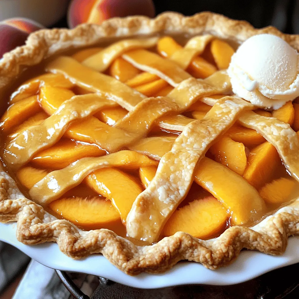 - 4 cups fresh peaches, peeled and sliced - 1 cup granulated sugar - 1/4 cup all-purpose flour Peaches are the star of this recipe. Choose ripe, fresh peaches for the best flavor. The sugar helps sweeten the fruit, while flour thickens the filling as it bakes. - 1 teaspoon ground cinnamon - 1/4 teaspoon nutmeg - 1 tablespoon lemon juice Cinnamon and nutmeg add warmth and depth. Lemon juice brightens the flavors, balancing the sweetness of the peaches. - 1 package refrigerated pie crusts (2 crusts) - 1 tablespoon unsalted butter, cut into small pieces - 1 egg, beaten (for egg wash) - Pinch of salt Using refrigerated pie crusts saves time. The butter adds richness to the filling, while the egg wash gives the crust a lovely golden color. Don't forget the pinch of salt; it enhances all the flavors. For the full recipe, check out Easy Peach Pie. First, preheat your oven to 425°F (220°C). This step is key for a crispy crust. Now, gather your ingredients. You will need fresh peaches, sugar, flour, cinnamon, nutmeg, lemon juice, and a pinch of salt. In a large bowl, mix the sliced peaches with sugar, flour, cinnamon, nutmeg, lemon juice, and salt. Stir well until the peaches are covered. This mixture will create a sweet and flavorful filling. Next, roll out one pie crust. Place it in a 9-inch pie dish. Press it gently into the bottom and sides. This helps hold the peach filling. Now, pour the peach mixture into the crust. Spread it evenly for the best taste. Dot the filling with small pieces of butter. This will add richness and flavor to your pie. Roll out the second pie crust and cover the peach filling. Trim any extra dough from the edges. Crimp the edges to seal the pie well. This keeps the filling from leaking out. Cut a few small slits in the top crust. This allows steam to escape while baking. Brush the top crust with the beaten egg for a nice golden color. Bake the pie in your preheated oven for 40-45 minutes. Look for a golden crust and bubbly filling. Once done, remove the pie and let it cool for at least 30 minutes before slicing. Enjoy your homemade peach pie! For the full recipe, check out the details provided earlier. To get the best taste, adjust sugar based on your peaches' sweetness. If your peaches are sweet, use less sugar. For tart peaches, use more sugar. Fresh peaches taste great, but frozen ones work too. If using frozen, thaw and drain excess juice before use. Rolling out pie crusts can be easy. Dust your surface and the dough with flour. Use a rolling pin to flatten the dough evenly. For a golden crust, brush the top with beaten egg. This gives it a nice shine and color when baked. Serve your pie warm for the best flavor. A scoop of vanilla ice cream or whipped cream pairs perfectly. This adds creaminess and balances the pie's sweetness. Garnish with mint leaves for a fresh touch that looks great on the plate. {{image_2}} You can make your peach pie even more exciting. Adding a splash of vanilla or almond extract gives it a warm flavor. Just one teaspoon can change everything! If you feel adventurous, try mixing in some berries like blueberries or raspberries. This mix of fruits adds a fun twist to your classic peach pie. You have choices when it comes to the crust. A homemade pie crust tastes great and adds a personal touch. If you're short on time, store-bought crusts work well too. Another fun idea is to create a crumble topping. This gives your pie a crunchy texture that contrasts nicely with the soft peaches. For those who need gluten-free options, you can make crusts using almond flour or gluten-free flour blends. These alternatives still taste good. If you're watching your sugar intake, you can reduce the sugar in your filling. Try using just half a cup instead of a full cup. This way, you keep the peach flavor without too much sweetness. For the complete recipe, check out the Full Recipe for Easy Peach Pie. To keep your Easy Peach Pie fresh, store it in the fridge. Cover it with plastic wrap or foil. This helps keep the pie from drying out. Make sure it is cool before storing. You can also freeze the pie if you want to save it longer. Wrap it tightly in plastic wrap, then in aluminum foil. This way, it can last up to three months in the freezer. When ready to eat, let it thaw in the fridge overnight. To warm up your peach pie, you have a few options. You can use an oven, microwave, or air fryer. If using the oven, preheat it to 350°F (175°C). Place the pie on a baking sheet and heat for about 15-20 minutes. For the microwave, heat a slice for 30 seconds to 1 minute. If you want a crispy crust, an air fryer works well. Heat the pie at 300°F (150°C) for about 5-7 minutes. To restore the crust's texture, add a few drops of water to the pie before reheating. This helps keep it flaky and soft. Enjoy your warmed pie with a scoop of ice cream for a truly delightful treat! For the complete recipe, check out the Full Recipe. You can tell your peach pie is done when the crust is golden brown. The juices should bubble through the slits in the top crust. A good rule is to bake for 40-45 minutes at 425°F (220°C). Let it cool for at least 30 minutes before slicing. This cooling time helps the filling set. Yes, you can use canned peaches! If you choose canned peaches, make sure they are in juice, not syrup. Drain and rinse them before using. You may want to cut back on the sugar in the recipe since canned peaches are often sweeter. Adjust the flour to help thicken the juices. Mixing peaches with other fruits can enhance the flavor. Here are popular choices: - Blueberries - Raspberries - Blackberries - Strawberries - Apples Combining fruits adds depth to your pie. Just adjust the sugar depending on the sweetness of the extra fruit. Use the Full Recipe for more details on how to create your pie! You can create an easy peach pie with simple steps and fresh ingredients. You learned about the key parts: fresh peaches, sugar, and a flaky crust. I shared tips on achieving the perfect pie, like using fresh peaches and adjusting sugar. You saw variations to suit your taste, like adding berries or making a crumble. Lastly, I covered how to store leftovers and reheat them perfectly. Now, you have all the tools to bake a delicious peach pie that everyone will love. Enjoy baking and sharing your sweet creation!