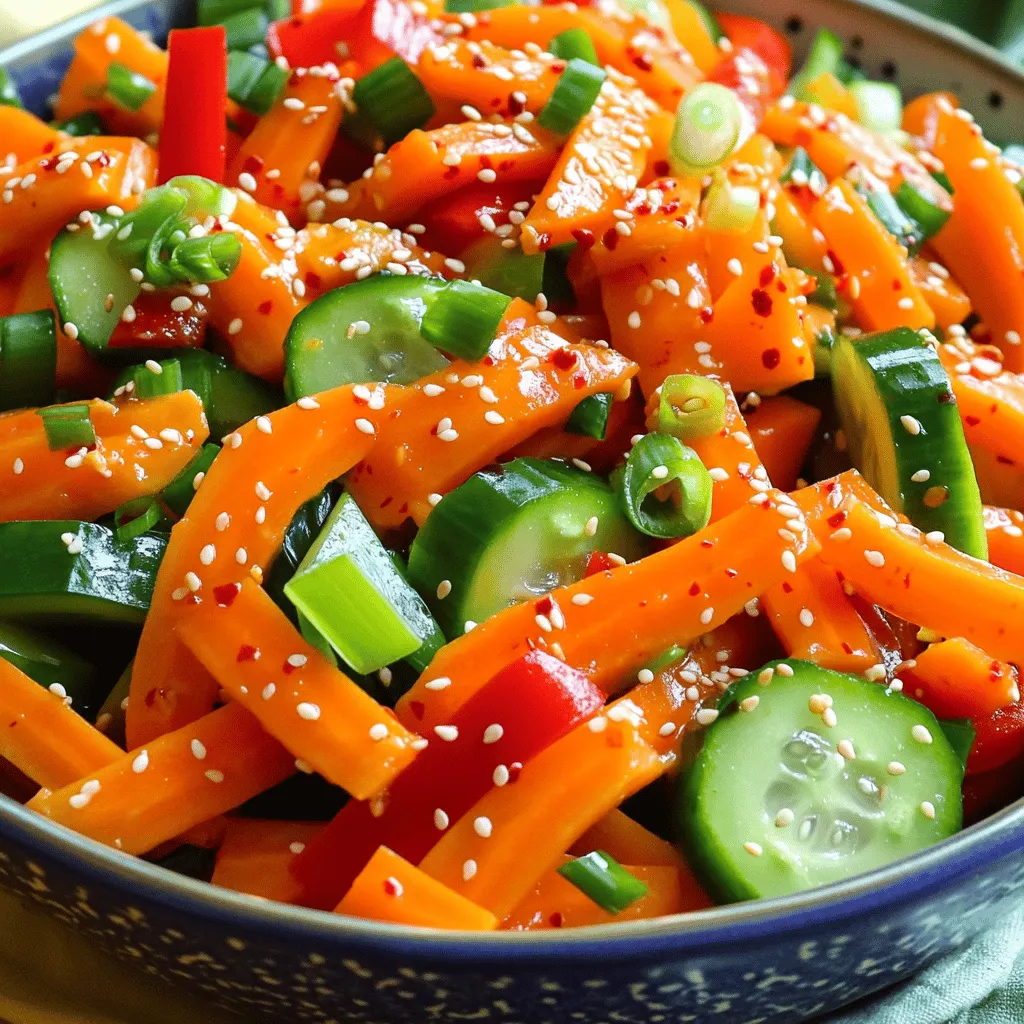 - 4 medium carrots (julienned) - 1 bell pepper (red or yellow, thinly sliced) - 1 small cucumber (julienned) - 3 green onions (chopped) - 2 tablespoons sesame oil - 1 tablespoon soy sauce - 1 tablespoon rice vinegar - 1 teaspoon sugar - 1 teaspoon garlic (minced) - 1 teaspoon ginger (grated) - Salt to taste - 1 tablespoon sesame seeds - 1 tablespoon chili flakes (for added spice) Korean carrot salad is fresh and bright. The main stars are the vegetables. You will use four medium carrots, a bell pepper, a cucumber, and green onions. Julienne the carrots and cucumber for a nice crunch. Thinly slice the bell pepper. Chop the green onions for a burst of flavor. The dressing is simple yet tasty. You need sesame oil, soy sauce, rice vinegar, sugar, garlic, ginger, and salt. Whisk these together in a bowl. This dressing brings everything to life. For an extra touch, you can add sesame seeds and chili flakes. The seeds give a nutty taste. The chili adds a little heat if you like spice. This salad is not just easy to make; it is also very colorful. The bright colors make it a feast for your eyes. For the full recipe, check out the Korean Crunchy Carrot Salad 🥕🥗. Enjoy making this delightful dish! - First, wash and peel the carrots. This step is key for a clean flavor. - Next, julienne the carrots into thin strips. Use a sharp knife or mandoline for best results. - Now, slice the bell pepper and cucumber into thin, uniform pieces. This makes every bite a joy. - In a large bowl, combine the carrots, bell pepper, cucumber, and green onions. Mix the colors for a vibrant look. - In a small bowl, whisk together the dressing ingredients. This includes sesame oil, soy sauce, rice vinegar, sugar, minced garlic, and grated ginger. For heat, add chili flakes. - Pour the dressing over the mixed vegetables. Toss gently to coat each piece well. - Let the salad sit for 15-20 minutes before serving. This allows the flavors to blend. Enjoy the refreshing crunch of your Korean carrot salad! For a complete view of the recipe, check the Full Recipe section. To get the best flavor in your Korean carrot salad, let it marinate. When you let the salad sit, the flavors mix well. I suggest at least 15-20 minutes. This time allows the carrots to soak up the dressing and taste better. Also, adjust the seasoning to fit your taste. If you like it saltier, add a bit more soy sauce. If you want a hint of sweetness, add a touch more sugar. Serving your salad well makes it more inviting. You can use a large bowl or individual plates. This lets everyone enjoy their own portion. For a finishing touch, sprinkle extra sesame seeds on top. You can also add some thin slices of cucumber or bell pepper around the edge. This adds color and makes the dish pop. Having the right tools makes cooking easier. For this salad, you need a sharp knife or a mandoline for julienning the carrots and cucumber. A large mixing bowl is key for combining all the ingredients. You’ll also want a small bowl for whisking the dressing. For serving, use tongs or a large spoon to help dish out the salad. These tools will help you prepare and serve with ease. {{image_2}} You can make Korean carrot salad more filling by adding protein. Options include cooked chicken, tofu, or shrimp. These ingredients add texture and flavor. For chicken, use grilled or rotisserie for ease. Tofu should be firm and sautéed for a nice texture. Shrimp should be cooked until pink and juicy. Choose what you like best! If you love heat, you can spice up the salad. Increase the chili flakes for a stronger kick. This will make the salad exciting. You can also add sliced jalapeños or other peppers. This gives the salad a fresh burst of flavor. Adjust the spice level to match your taste. Feel free to swap out some veggies! You can use radishes or cabbage instead of carrots. This will change the texture and taste. Using different vegetables keeps the salad fresh. If you want a different oil flavor, try olive oil in place of sesame oil. This will give a new twist to the dish. Store your leftover Korean carrot salad in an airtight container. This keeps it fresh and tasty. You can enjoy it for up to three days in the fridge. After that, the veggies may lose their crunch. Can you freeze Korean carrot salad? Yes, but it’s not ideal. Freezing changes the texture of the carrots. If you choose to freeze it, place the salad in a freezer-safe container. When you’re ready to eat, thaw it in the fridge overnight. This helps keep flavors intact. How long does the salad last in the fridge? The salad can last up to three days in the fridge. If you see any signs of spoilage, like a weird smell or mushiness, toss it out. Always trust your senses when it comes to food safety. Korean Carrot Salad stands out due to its unique flavor blend. The key ingredients include fresh carrots, bell pepper, and cucumber. These veggies give it a bright crunch. The dressing combines sesame oil, soy sauce, and rice vinegar, which adds depth. Garlic and ginger bring warmth, while sesame seeds add a nutty finish. The balance of sweet, salty, and tangy makes it special. Unlike other salads, it has a delightful crunch and vibrant taste that excites your palate. Yes, you can make Korean Carrot Salad ahead of time. It tastes even better after the flavors meld together. I recommend preparing it about 30 minutes before serving. This allows the veggies to soak up the dressing. Just make sure to store it in the fridge. If you prepare it too far ahead, the carrots may lose their crunch. You can also keep the dressing separate until you're ready to serve. Korean Carrot Salad pairs well with many dishes. It complements grilled meats like chicken or beef. You can serve it alongside rice or noodles for a full meal. It also works great as a side dish for Korean BBQ. The salad's fresh crunch balances rich flavors. For a light lunch, enjoy it with a simple soup. The options are endless, making it a versatile choice for any meal. For complete instructions, refer to the Full Recipe "Korean Crunchy Carrot Salad 🥕🥗". To make Korean Carrot Salad, gather fresh produce like carrots, bell pepper, and cucumber. Create a flavorful dressing using sesame oil, soy sauce, and garlic. Follow simple steps: prepare vegetables, mix them, and let them sit. Adding protein or extra spice can enhance the dish. Store leftovers correctly for the best taste. This refreshing salad is easy and versatile, perfect for any meal. Enjoy experimenting with flavors and sharing with friends!