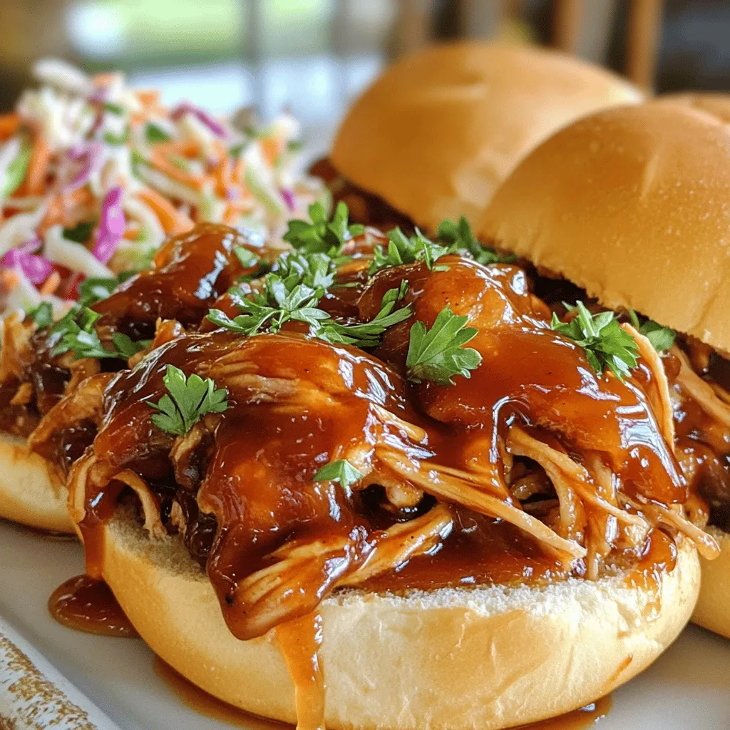 - 4 boneless, skinless chicken breasts - 1 cup BBQ sauce (your favorite brand) - 1/4 cup honey - 2 tablespoons apple cider vinegar - 1 tablespoon Worcestershire sauce - 1 teaspoon smoked paprika - 1 teaspoon garlic powder - 1 teaspoon onion powder - Fresh parsley, chopped - Salt and pepper to taste When you dive into making the best crockpot BBQ chicken, these ingredients are key. Chicken breasts are perfect because they become tender and soak up the flavors well. The BBQ sauce is the star, bringing that sweet and tangy taste we all love. Adding honey gives the dish a nice sweetness, balancing the sauce's acidity. Next, we have some flavor enhancers. Apple cider vinegar adds a little zing and cuts through the richness. Worcestershire sauce brings depth, while smoked paprika, garlic powder, and onion powder add layers of flavor. Finally, don’t forget the garnishes! Fresh parsley not only looks great but also adds a fresh taste. A little salt and pepper will help bring out all the flavors. For the full recipe, check out the Ultimate Slow-Cooked BBQ Chicken. It’s a tasty journey that you won’t want to miss! - Mixing the Sauce Start by taking a medium bowl. Add your BBQ sauce, honey, apple cider vinegar, Worcestershire sauce, smoked paprika, garlic powder, onion powder, salt, and pepper. Stir well until all ingredients blend nicely. This will give your chicken a rich and sweet flavor. - Coating the Chicken Take your four boneless, skinless chicken breasts. Place them at the bottom of the crockpot. Pour the sauce mixture over the chicken. Make sure each piece is well coated. This helps the chicken soak up all the tasty flavors while it cooks. - Setting the Crockpot Cover the crockpot with its lid. You can set it on low for 6-8 hours or high for 3-4 hours. Cooking on low makes the chicken extra tender. High cooking times work too if you are in a hurry. - Cooking Times (Low vs. High) The low setting is best for a soft, fall-apart chicken. If you choose high, keep an eye on it. The chicken should be tender and easy to shred with a fork when done. - Shredding the Chicken After cooking, take two forks and shred the chicken right in the crockpot. Mix it well with the sauce. This helps all the chicken absorb the yummy flavors. - Adjusting Seasoning and Sauce Thickness Taste the chicken and see if it needs more seasoning. If the sauce is too thin, cook it on high without the lid for an extra 30 minutes. This will thicken it up nicely. You can find the [Full Recipe](#) for more details. Enjoy your delicious crockpot BBQ chicken! Importance of Cooking Time Cooking time is key for tender chicken. If you cook it too short, the chicken stays tough. Use the low setting for 6-8 hours or high for 3-4 hours. This slow cooking lets the chicken absorb all the tasty flavors. Best Practices for Shredding Shredding your chicken right is important for flavor. Use two forks to pull apart the chicken in the crockpot. This way, it mixes well with the sauce. If you find it hard to shred, it may need more time in the pot. Ingredient Substitutions You can swap ingredients for new tastes. Try brown sugar instead of honey for a richer flavor. Use different spices like chili powder for some heat. This gives you a chance to experiment with flavors you might love. Recommended BBQ Sauce Brands Not all BBQ sauces are created equal. Some brands stand out for their taste. Look for sauces with a balance of sweet and tangy. Brands like Sweet Baby Ray's or Stubb's are popular choices. They can enhance your dish with ease. Ideal Pairings Serve your BBQ chicken with sides that complement its flavor. Coleslaw adds a crisp texture. Baked beans are another great choice. They add depth and make your meal more hearty. Creative Serving Ideas Get creative with how you present your BBQ chicken. Serve it on toasted buns for a classic sandwich. You can also use it in tacos or over rice for a fun twist. Garnish with fresh parsley to brighten the dish. {{image_2}} You can change up the protein in this recipe. Instead of chicken, try pork or turkey. Both options work well with BBQ sauce. They will soak up the flavor just like chicken. If you want a vegetarian meal, use jackfruit or tofu. They can mimic the texture of meat and absorb the BBQ sauce nicely. Do you like heat? Make spicy BBQ chicken by adding cayenne pepper or hot sauce. Just a little can turn up the heat. For a sweet and tangy version, mix in some pineapple or use a sweet BBQ sauce. Both options add fun flavors to your dish. The best part of this BBQ chicken is how you can serve it. Try it in tacos or wraps for a fun twist. You can also serve it over a fresh salad. For a unique idea, make BBQ chicken pizza. Use your favorite pizza crust, add cheese, and top with the shredded chicken. This way, you can enjoy the flavors in new and tasty ways. Check out the Full Recipe for more ideas! To keep your BBQ chicken fresh, follow these tips: - Refrigeration Guidelines: Place the chicken in an airtight container. It will stay good for up to 3-4 days in the fridge. Make sure to cool it down before sealing. - Freezing Instructions: If you have extra chicken, freeze it. Use freezer-safe bags or containers. It can last for about 2-3 months in the freezer. Just remember to label the bags with the date. To enjoy your BBQ chicken again, use these methods: - Best Methods for Reheating: The microwave is quick. Heat on medium for 1-2 minutes. The oven is great for crisping. Preheat to 350°F (175°C), cover the chicken with foil, and bake for about 15-20 minutes. - Keeping the Chicken Moist: Add a splash of BBQ sauce or water when reheating. This keeps the chicken juicy and tasty. Knowing how long your BBQ chicken lasts is important: - How Long Can You Keep It?: In the fridge, your chicken is safe for 3-4 days. In the freezer, it can be good for 2-3 months. Always check for any off smells or colors before eating. Yes, you can cook frozen chicken in a crockpot. However, it is best to thaw the chicken first. Cooking frozen chicken can lead to uneven cooking. If you must use frozen chicken, cook it on high for 4-6 hours. Always check that the chicken reaches 165°F before serving. Yes, you can double this recipe with ease. Just use two times the amount of each ingredient. Keep in mind that cooking time may change slightly. If cooking on low, add about 1 hour. For high, add about 30 minutes. Always ensure the chicken is tender before serving. Watery BBQ chicken can happen for a few reasons. If you use too much liquid, it can dilute the sauce. Another reason could be cooking on high for too long. To fix this, try cooking without the lid for 30 minutes. This will help thicken the sauce and enhance the flavor. Crockpot BBQ chicken pairs well with many sides. Here are some popular options: - Coleslaw - Cornbread - Baked beans - Steamed broccoli - Rice or quinoa These sides add texture and balance to your meal. Enjoy experimenting with different pairings! For the full recipe, check out the Ultimate Slow-Cooked BBQ Chicken. Crockpot BBQ chicken is easy and tasty. We covered the main ingredients, like chicken, BBQ sauce, and honey. You learned how to mix, coat, and cook for juicy chicken. Tips showed you how to enhance flavors and serve creatively. Explore variations with different proteins or spices for fun twists. Store your leftovers properly for later enjoyment. This dish offers flexibility and endless flavors. Enjoy cooking with confidence, knowing tasty meals are just a slow-cooker away.