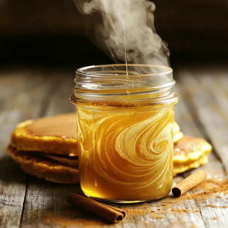 - 1 cup sugar - 1 cup water - 1/2 cup pumpkin puree To make this syrup, you need three main ingredients. Sugar sweetens the syrup. Water helps dissolve the sugar. Pumpkin puree gives the syrup its rich, fall flavor. - 1 teaspoon vanilla extract - 1 teaspoon ground cinnamon - 1/2 teaspoon ground nutmeg - 1/4 teaspoon ground ginger - Pinch of ground cloves Next, we add spices for warmth and depth. Vanilla extract adds sweetness. Cinnamon gives a classic fall taste. Nutmeg, ginger, and cloves create a cozy, spiced aroma. - Alternative sweeteners - Additional spices for variation You can mix in different sweeteners if you like. Honey or maple syrup works well. You can also try adding other spices such as allspice or cardamom for unique flavors. For the full recipe, check the list above. Enjoy the rich taste of fall with this simple syrup! First, gather your ingredients. In a medium saucepan, combine 1 cup of sugar and 1 cup of water. Heat the mixture over medium heat. Stir it occasionally until the sugar fully dissolves. This step helps create a sweet syrup base. Once your sugar is dissolved, add in 1/2 cup of pumpkin puree. Stir well to blend the pumpkin into the syrup. Next, sprinkle in 1 teaspoon of ground cinnamon, 1/2 teaspoon of ground nutmeg, 1/4 teaspoon of ground ginger, and a pinch of ground cloves. Mix everything together until it’s evenly combined. The spices bring warmth and depth to your syrup. Now, bring the mixture to a gentle simmer. Lower the heat and let it simmer for about 10 minutes. Stir it occasionally to keep it from sticking. After simmering, remove the saucepan from heat. Stir in 1 teaspoon of vanilla extract for a lovely aroma. Allow the syrup to cool completely. Once cooled, strain it through a fine-mesh sieve into a clean glass jar or bottle. This step removes any pumpkin solids, giving you a smooth syrup. You can find the full recipe in the article above. To make a great syrup, avoid lumps from pumpkin puree. Start by using a smooth pumpkin puree, not a chunky one. When mixing, stir well to combine. This will help keep your syrup smooth and tasty. Straining is very important for smoothness. After cooking, pour your mix through a fine-mesh sieve. This removes any solids, giving you a clear syrup. Use a clean glass jar or bottle for storage. This keeps the syrup fresh and tasty. Make sure the container is airtight. Your syrup lasts about one month in the fridge. Always check for changes in smell or color before using. You can use this syrup in many drinks. It tastes great in coffee or tea. Try adding it to your favorite cocktails for a fall twist. For desserts, drizzle it over pancakes or waffles. Mix it into whipped cream for a sweet topping. You can also use it in ice cream or yogurt. This syrup opens up a world of fall flavors! {{image_2}} You can make your pumpkin spice syrup even more fun! Try adding different spices. Think about using cardamom or allspice for a twist. A hint of vanilla bean can also add depth. You can even splash in some bourbon or rum for a warm kick. This extra flavor can make your drinks feel cozy and special. Not a fan of regular sugar? You can use honey or maple syrup instead. Both give a nice, rich flavor. If you need a low-calorie option, consider stevia or erythritol. They work well and keep your syrup sweet without the extra calories. You can use this syrup in many ways. It works great in baking. Add some to your muffins or cakes for a fall touch. You can also mix it into breakfast items. Drizzle it over pancakes or waffles for a sweet start to your day. This syrup can make any meal feel like a warm, cozy hug. For the full recipe, check out the main article! To keep your pumpkin spice simple syrup fresh, store it in the fridge. Use a clean glass jar or bottle with a tight lid. The syrup will last up to one month. If you see mold or if the syrup smells off, it's time to throw it away. Can you freeze pumpkin spice syrup? Yes, you can freeze it! Freezing is a good way to save extra syrup. Use an ice cube tray to freeze small portions. Once frozen, transfer the cubes to a zip-top bag. This makes it easy to use just what you need later. You can do so much with pumpkin spice syrup! It works great in marinades for meats. Mix it into dressings for salads. You can even drizzle it over roasted veggies. The flavors add a warm touch to savory dishes. Try adding it to your favorite recipes for a fun twist! For a complete guide, check out the Full Recipe. Pumpkin spice simple syrup adds flavor to many drinks and dishes. You can use it in coffee, lattes, and teas. It also works well in cocktails, like pumpkin spice martinis. Drizzle it over pancakes, waffles, or yogurt for a sweet touch. Mix it into baked goods or desserts for added flavor. The options are endless, and your creativity will shine through. Yes, you can. To make it less sweet, use less sugar. You can also swap sugar for honey or maple syrup. Another option is to use a zero-calorie sweetener. Just remember to taste as you go. Each adjustment can change the flavor, so find what you love best. Yes, pumpkin spice simple syrup is gluten-free. The main ingredients, like sugar and pumpkin puree, do not contain gluten. If you use optional ingredients, check their labels. Always confirm that your spices are gluten-free to stay safe. Homemade pumpkin spice syrup lasts about one month in the fridge. Store it in a clean glass jar or bottle. Keep it sealed to maintain freshness. If you notice any changes in smell or color, it’s best to discard it. For the full recipe, check here. In this blog post, we covered how to make pumpkin spice simple syrup. We discussed the main ingredients, including sugar, pumpkin puree, and spices. You learned step-by-step instructions for preparing the syrup, plus tips for perfecting it. We explored variations and storage methods. Now you can enjoy this flavorful syrup in drinks and desserts. Experiment with flavors and share your creations. This syrup brings warmth to any season!