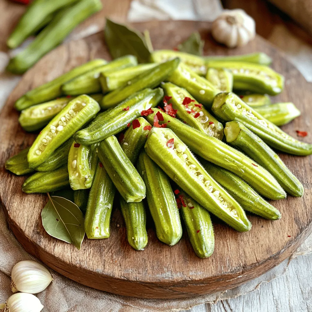 To make crispy pickled okra, you will need: - 1 pound fresh okra, trimmed - 1 cup apple cider vinegar - 1 cup water - 2 tablespoons sea salt - 1 tablespoon sugar - 1 teaspoon mustard seeds - 1 teaspoon black peppercorns - 1 teaspoon red pepper flakes (optional for spice) - 4 garlic cloves, peeled - 1 bay leaf When choosing okra, look for bright green pods. They should feel firm and not bend easily. Avoid pods that have dark spots or are soft. Fresh okra should have a smooth surface and be no longer than 4 inches. The smaller the okra, the more tender it will be. For this recipe, apple cider vinegar works best. I recommend brands like Bragg or Spectrum. These brands are known for their quality and flavor. You can also try white wine vinegar if you want a milder taste. Just ensure it is good quality for the best results. To make crispy pickled okra, start with fresh okra. Rinse one pound of okra under cold water. Make sure to wash each pod well. After rinsing, trim the stems from the okra. Pat them dry using a kitchen towel. Removing moisture helps keep the okra crunchy. Next, we’ll create the pickling brine. In a medium pot, mix one cup of apple cider vinegar, one cup of water, two tablespoons of sea salt, and one tablespoon of sugar. Add one teaspoon of mustard seeds, one teaspoon of black peppercorns, and one teaspoon of red pepper flakes if you like spice. Heat this mixture over medium heat. Stir it until the salt and sugar dissolve. Once it boils, remove the pot from heat and let it cool for about 10 minutes. While the brine cools, take sterilized glass jars and pack the dried okra tightly inside. Place one garlic clove and one bay leaf in each jar. After the brine has cooled, carefully pour it over the okra until it is fully submerged. Seal the jars with lids. Let them sit at room temperature for about 2 hours for initial pickling. After that, transfer the jars to the fridge. Allow them to pickle for at least 24 hours. For the best flavor, wait up to a week before enjoying. You can find the full recipe above for more details. To get crispy pickled okra, start with fresh okra. Look for firm, bright green pods. Less moisture helps keep them crunchy. Rinse the okra well and dry them completely. Use a kitchen towel to remove any water. The brine must cool before pouring over the okra. This step helps maintain their bite. For extra crunch, try adding a bit of calcium chloride. It acts as a crunch enhancer during pickling. Avoid using old or limp okra. They will not hold their shape or crunch. Don’t skip the drying step. Excess moisture can lead to soggy okra. Also, remember to let the brine cool down. Pouring hot brine on okra can make them soft. Lastly, don't rush the pickling time. For best flavor and texture, wait at least 24 hours. Using the right tools can make pickling easier. You'll need sterilized glass jars to keep your okra safe. A large pot is essential for boiling the brine. Use a ladle to pour the brine into the jars without spilling. A kitchen funnel can help too. It makes pouring mess-free. A pair of tongs can help you place the okra in jars. These tools will help you enjoy a smooth pickling process. For the full recipe, check the details above. {{image_2}} You can add fun spices to your pickled okra. Try using dill seeds for a fresh taste. If you like heat, add more red pepper flakes. For a unique twist, include coriander seeds or a pinch of turmeric. Each spice changes the flavor. Experiment to find your favorite! Crispy pickled okra is great on its own, but you can get creative! Serve it as a snack with dips like ranch or hummus. Chop it up and mix it into salads for a crunchy kick. You can also add it to tacos and sandwiches for more texture. Try using it as a garnish for soups or stews, too. The options are endless! While apple cider vinegar works well, you can try other vinegars. White vinegar gives a sharper taste, while rice vinegar offers a milder flavor. For a tangy twist, use red wine vinegar. Each type of vinegar creates a different taste. Feel free to mix and match to find what you love best. For the full recipe, check out the instructions above! To store your crispy pickled okra, keep it in glass jars. Make sure the jars are tightly sealed. Place them in the fridge to keep them fresh. The cold will help maintain their crunch and flavor. Always use clean utensils when serving. This prevents bacteria from spoiling your pickles. Homemade pickled okra will stay fresh for about 2 to 3 months in the fridge. If you notice any mold or bad smell, throw it away. Always check before eating. After opening, remember to keep the jars sealed. This helps keep them safe and tasty for longer. Freezing pickled okra is not the best idea. It can change the texture and make it mushy. Instead, refrigerate your pickles for the best taste. If you want to keep them longer, you can can them. This way, they can last up to a year. Always refer to the Full Recipe for more tips on storage. Pickled okra gets better with time. You should wait at least 24 hours before tasting. For the best flavor, let it pickle for up to a week. This waiting allows the spices to blend well. The longer it sits, the more flavor it packs in. After a week, it reaches peak taste. Using frozen okra is not the best choice for pickling. Frozen okra often becomes mushy when thawed. Pickling requires fresh okra to maintain that perfect crunch. Fresh okra holds its shape and texture better during pickling. So, stick with fresh okra for the best results. You can find crispy pickled okra at local grocery stores or farmers markets. Many specialty shops also carry this tasty treat. Check the canned goods aisle or the pickle section. You might also find it at health food stores. If you can't find it, making your own is easy! Follow the Full Recipe for your own batch. In this guide, we explored how to make pickled okra. We covered the key ingredients, tips for selecting okra, and recommended vinegar brands. I shared easy steps for preparing, brining, and packing the okra. Lastly, we looked at storage tips and answered common questions. Remember, perfect pickled okra comes from using fresh ingredients and avoiding simple mistakes. Try adding your favorite spices for new flavors. Enjoy your pickling journey!