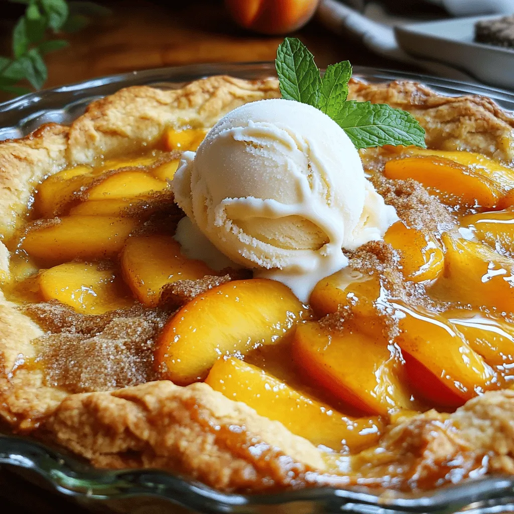 To make this bourbon peach cobbler, gather these simple ingredients: - 4 cups fresh peaches, sliced (about 6-8 peaches) - 1 cup granulated sugar - 2 tablespoons lemon juice - 1 teaspoon vanilla extract - 1 teaspoon ground cinnamon - 1 ½ cups all-purpose flour - 1 cup milk - ½ cup unsalted butter, melted - 1 teaspoon baking powder - ½ teaspoon salt - 1 tablespoon brown sugar (for topping) - Vanilla ice cream (for serving, optional) Choosing the right peaches is key for this dessert. Look for peaches that are firm but slightly soft. The skin should have a rich color, often yellow or red. Smell the fruit; it should have a sweet aroma. Avoid peaches with bruises or dark spots. If they are hard, leave them out to ripen. Ripe peaches will have a more intense flavor, which makes a big difference in your cobbler. Each ingredient plays a special role in this dessert. Fresh peaches add sweetness and texture. Granulated sugar enhances the fruit's flavor and helps it caramelize. Lemon juice adds brightness, balancing the sweetness. Vanilla extract brings warmth, while cinnamon offers a hint of spice. The flour, milk, and butter create a soft, cake-like batter. Baking powder makes it rise, giving your cobbler a delightful texture. Finally, brown sugar on top creates a sweet crust as it bakes. These ingredients work together to make a tasty dish you’ll love. Start by washing your peaches. Use fresh, ripe peaches for the best taste. Slice about 6 to 8 peaches. You need 4 cups total. Remove the pits and cut them into thin slices. Place the slices in a large bowl. Add 1 cup of granulated sugar, 2 tablespoons of lemon juice, 1 teaspoon of vanilla extract, and 1 teaspoon of ground cinnamon. Toss the peaches gently. Let them sit for about 10 minutes. This helps the peaches release their sweet juices. While the peaches sit, you can make the batter. In another bowl, mix 1 ½ cups of all-purpose flour with 1 cup of milk. Add ½ cup of melted unsalted butter, 1 teaspoon of baking powder, and ½ teaspoon of salt. Whisk it all together until smooth. The batter should be a little thick. This will hold the peaches well when baked. Preheat your oven to 350°F (175°C). Grease a 9x13 inch baking dish with butter or non-stick spray. Pour the batter into the dish, spreading it evenly. Carefully spoon the peach mixture over the batter. Make sure to include all the juices. Do not stir; the batter will rise around the peaches. Sprinkle 1 tablespoon of brown sugar on top for a sweet crust. Bake for 45 to 50 minutes. The top should be golden brown. A toothpick should come out clean when inserted into the batter. Enjoy the warm dessert. For an extra treat, serve it with vanilla ice cream. For the full recipe, check the section above. To make the best bourbon peach cobbler, focus on balancing sweet and tart. Fresh peaches bring natural sweetness, so add lemon juice to brighten the flavor. Use just enough sugar to enhance the peaches, but not too much to mask their taste. This balance keeps your cobbler fresh and vibrant. Serve your cobbler warm for the best experience. It pairs well with vanilla ice cream; the cold ice cream melts into the warm cobbler. For a touch of flair, drizzle some extra peach juice on top. A sprig of mint adds a lovely color and freshness, making your dish look fancy. Avoid using overripe peaches, as they can turn mushy in the oven. Also, don’t stir the batter and peaches together. This keeps the batter light and fluffy while baking. Lastly, watch your baking time. Overbaking can dry out the cobbler, so check it a few minutes early. Follow these tips for a perfect dessert every time. For the full recipe, check the section above. {{image_2}} You can change the flavor by adding other fruits. Berries, like blueberries or raspberries, work great. Apples or pears can also add a sweet touch. Mix peaches with these fruits for a fun twist. You can combine two or more fruits for more depth and taste. Just keep the ratios similar to the peach amount in the full recipe. This way, you get a balance of flavors and sweetness. If you want a stronger bourbon taste, you can increase the amount. Instead of one tablespoon, try two. This will make the dessert richer and more aromatic. To lessen the bourbon taste, you can cut back to one teaspoon. You can also use bourbon-flavored extracts for a lighter touch. Experiment to find the right balance that suits your taste. To make this dessert vegan, swap the milk with almond or soy milk. Use vegan butter in place of regular butter. For gluten-free options, you can use gluten-free flour blends. Make sure to check the labels for baking powder that is gluten-free. These simple swaps keep the dessert delicious while meeting dietary needs. You don't lose any flavor, just gain more options! To store leftover bourbon peach cobbler, let it cool first. Cover it with plastic wrap or foil. Place it in the fridge. It will stay fresh for about three to four days. Make sure to keep it airtight. This helps maintain its flavor and texture. When you're ready to enjoy your cobbler again, preheat your oven to 350°F (175°C). Place the cobbler in an oven-safe dish. Cover it with foil to keep it moist. Heat for about 15-20 minutes. If you like a crispy top, remove the foil for the last five minutes. You can also microwave individual portions for quick servings. Just heat for about 30 seconds. You can freeze bourbon peach cobbler for later. First, let it cool completely. Cut it into portions for easier thawing. Wrap each piece in plastic wrap, then in foil. Place these in a freezer-safe bag. It will keep well for up to three months. When you're ready to eat, thaw it in the fridge overnight. Reheat it in the oven for the best taste. For the full recipe, check out the section above. I recommend using a smooth bourbon, like Maker's Mark or Buffalo Trace. These brands add a rich flavor without being too strong. You want a bourbon that enhances the sweetness of the peaches. A high-quality bourbon makes a more delicious cobbler. You don’t need to spend a lot, but good ingredients matter. Yes, you can use canned peaches if fresh ones are not available. Just make sure to drain them well to avoid too much liquid. Canned peaches work well, but fresh ones give a better flavor and texture. If you want the best taste, pick fresh peaches when they are in season. You can store leftover cobbler in the fridge for about 3-4 days. Make sure to cover it tightly with plastic wrap or foil. For longer storage, freeze it for up to 3 months. Just thaw it in the fridge before you reheat. Enjoy it warm for the best experience. Check out the Full Recipe for more details. Making Bourbon Peach Cobbler is simple and fun. You learned about key ingredients, step-by-step prep, and baking tips. I shared ways to switch things up with different fruits or dietary needs. Remember to store leftovers correctly for later. Stick to these tips to enjoy a tasty treat every time! Now, go ahead and impress your friends with your flavorful creation. Happy baking!
