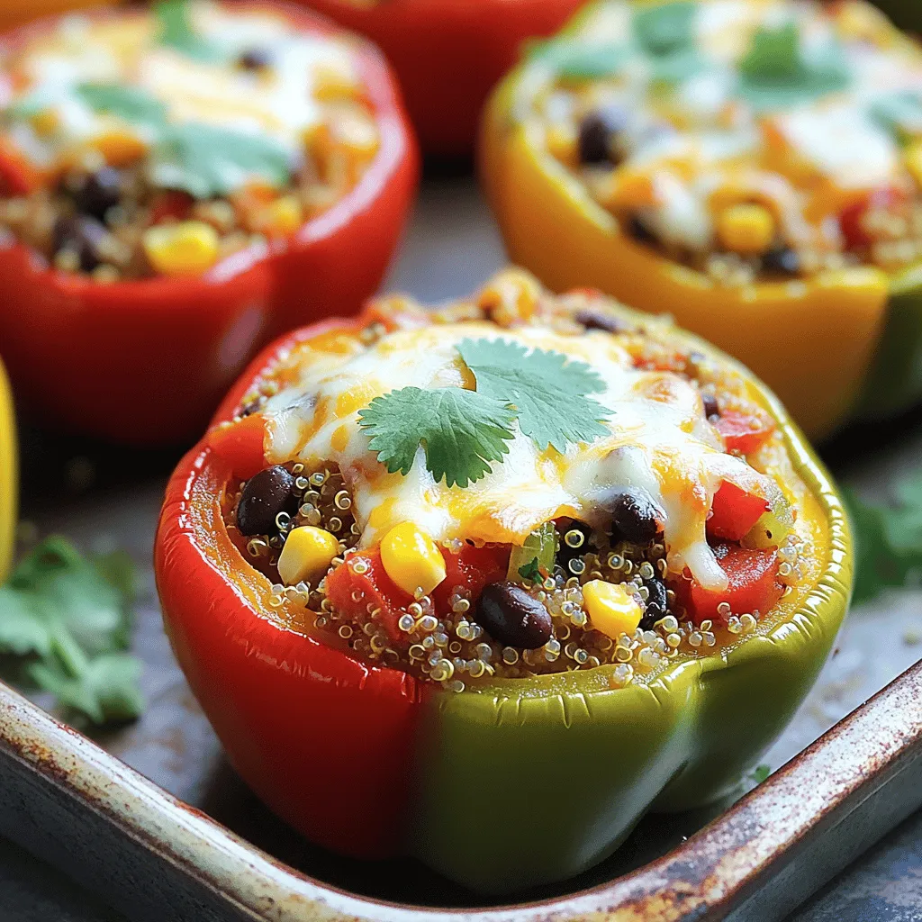 Here is what you need to make easy stuffed bell peppers: - 4 large bell peppers (any color) - 1 cup quinoa, rinsed - 2 cups vegetable broth - 1 can (15 oz) black beans, drained and rinsed - 1 cup corn kernels (fresh or frozen) - 1 cup diced tomatoes (canned or fresh) - 1 teaspoon cumin - 1 teaspoon smoked paprika - Salt and pepper to taste - 1 cup shredded cheese (cheddar or Mexican blend) - Fresh cilantro, chopped (for garnish) You can pick any color of bell peppers. Each color adds a fun twist. I love using red, yellow, and green peppers for a colorful look. Quinoa is a great base. It adds protein and fiber. Black beans bring more protein and a rich taste. Corn adds a sweet crunch that balances everything. Diced tomatoes keep the filling moist and flavorful. Cumin and smoked paprika work wonders together. They give the dish a warm, earthy taste. Adjust salt and pepper to your liking. The cheese melts beautifully on top, adding creamy goodness. Finally, a sprinkle of fresh cilantro brightens the meal. For the full recipe and more details, check out the [Full Recipe]. Enjoy cooking! - Preheat your oven to 375°F (190°C). - Slice the tops off the bell peppers and remove seeds and membranes. Set them aside. Preparing the bell peppers is simple. First, you want to cut off the tops. This step is key. It lets you fill them easily. Then, take out the seeds and membranes. This part keeps the peppers from being bitter. You should have a nice, hollow shape ready for stuffing. - Combine quinoa and vegetable broth in a saucepan. - Bring to a boil, then simmer until quinoa is fluffy. Next, let's cook the quinoa. I always rinse it first to remove any bitterness. Then, mix it with vegetable broth in a pot. Bring it to a boil. After that, turn down the heat. Cover the pot and let it simmer. In about 15 minutes, it should be fluffy and ready to mix. - Combine quinoa, black beans, corn, tomatoes, and spices in a bowl. - Spoon the mixture into the prepared bell peppers. Now, it’s time to mix the filling. In a large bowl, take the cooked quinoa. Add black beans, corn, and diced tomatoes. Don’t forget the spices like cumin and smoked paprika. These give great flavor! Mix everything well. Then, spoon this tasty mixture into each bell pepper. Pack it in gently, but don’t overfill. - Place stuffed peppers in a baking dish and cover with foil. - Bake for 25 minutes, then add cheese and bake until melted. Once your peppers are stuffed, place them upright in a baking dish. Cover with foil to keep them moist. Bake for 25 minutes. After that, take off the foil and sprinkle cheese on top. Return the dish to the oven. Bake until the cheese is melted and bubbly. This final step adds a nice, cheesy touch to your meal. Follow these steps, and you’ll have a colorful, tasty dish in no time! Check out the Full Recipe for all the details. When picking bell peppers, color matters. Green peppers have a slightly bitter taste. Red, yellow, and orange peppers are sweeter. Choose peppers that feel firm and heavy. Look for shiny skin and no soft spots. They should smell fresh. You can prep stuffed peppers early. Cook the quinoa and mix the filling. Store it in the fridge until you are ready to stuff the peppers. You can also freeze them. Wrap each pepper in plastic wrap and place them in a freezer bag. They stay fresh for up to three months. To add flavor, try spices like oregano or chili powder. Fresh herbs like basil or parsley work well too. If you want more protein, add cooked ground turkey or beef. You can also use lentils or chickpeas for a vegetarian option. For heartier stuffing, mix in some nuts or seeds. {{image_2}} You can easily make this dish vegetarian or vegan. To go vegan, simply omit the cheese. Instead of cheese, you can use tasty alternatives like nutritional yeast for flavor. For protein, consider adding lentils or tofu. These options give you great texture and nutrients. You can also mix in veggies, like mushrooms or spinach, for extra flavor. To make sure your stuffed peppers are gluten-free, check all your ingredients. Use gluten-free grains like rice or farro. These grains work well and add nice texture. Quinoa is already gluten-free and a great choice. You can also play with other grains if you want a change. Get creative with your stuffing! You can add different veggies like zucchini, carrots, or even fruits like apples for a sweet twist. For a Mediterranean style, add feta cheese and olives. These flavors brighten the dish and make it unique. You can also try spicing it up with herbs like basil or oregano. Each variation can bring a new life to this easy recipe. For the full recipe, check out the section above. After you make stuffed bell peppers, store leftovers in the fridge. Wrap each pepper tightly in plastic wrap. You can also place them in an airtight container. This keeps them fresh and tasty. The recommended shelf life is about 3 to 4 days in the fridge. If you want to save stuffed peppers for later, freezing is a great option. You can freeze them before baking or after. For freezing before baking, wrap each pepper in plastic wrap. Then place them in a freezer bag. This helps prevent freezer burn. For freezing after baking, let them cool first. Then, wrap and store in a freezer-safe container. To reheat, you can bake them straight from the freezer. Preheat your oven to 375°F (190°C). Bake for about 30 to 40 minutes. Check that they are hot all the way through. You can also microwave them, but baking keeps the peppers nice and firm. For the best taste, enjoy them within 2 to 3 months of freezing. To add spice, mix in some diced jalapeños or a pinch of cayenne pepper. You can also use spicy cheese, like pepper jack, for a kick. Another option is to add hot sauce to the quinoa filling. Adjust the amount based on your heat level preference. These small changes can transform your dish! Yes, brown rice works well in stuffed peppers. Just remember to cook it longer than quinoa. You’ll need about 40-45 minutes for brown rice. Use the same amount of broth and follow the same mixing steps. This swap gives a different texture but still tastes great! The total cook time for stuffed peppers is about 50 minutes. You’ll spend 15 minutes prepping and 35 minutes baking. Bake them covered for 25 minutes, then add cheese and bake uncovered for 10 more minutes. This timing ensures they are tender and full of flavor. For the full recipe, check the detailed cooking steps. Stuffed bell peppers are easy and fun to make. You learned how to prepare the peppers, cook the quinoa, and mix a tasty filling. I shared tips on choosing fresh ingredients and ways to enhance flavor. You can even make them ahead of time or switch up the fillings. Store leftovers safely, so nothing goes to waste. Try this recipe, and enjoy a healthy meal that everyone will love. Simple swaps make it adaptable, too. Cooking should be fun and tasty, so get started on your stuffed peppers today!