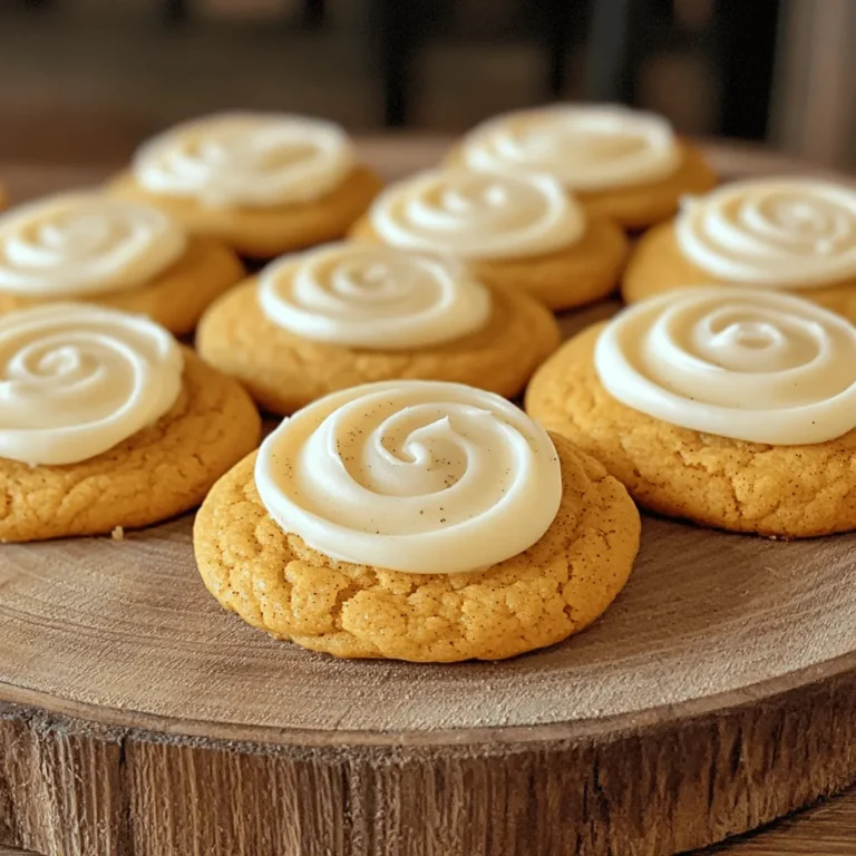- 1 cup pumpkin puree - 1/2 cup unsalted butter - 1 cup brown sugar - 1/2 cup granulated sugar - 1 large egg - 1 teaspoon vanilla extract - 2 cups all-purpose flour - 1 teaspoon baking soda - 1 teaspoon baking powder - 1 teaspoon ground cinnamon - 1/2 teaspoon ground nutmeg - 1/4 teaspoon ground ginger - 1/4 teaspoon salt - 1 cup powdered sugar - 2 tablespoons cream cheese - 2 tablespoons unsalted butter - 1 teaspoon vanilla extract - 1-2 tablespoons milk - Optional: orange or yellow food coloring For my frosted pumpkin cookies, I love using fresh pumpkin puree. It gives the cookies a rich flavor. If you use canned pumpkin, make sure it’s pure pumpkin without added spices or sugars. The butter should be soft for easy mixing. This helps create a light and fluffy texture for the cookies. When mixing the dry ingredients, I like to whisk them well. This ensures even distribution of the baking soda and spices, making each bite taste perfect. Ground cinnamon, nutmeg, and ginger add warmth, making these cookies feel like a hug in a bite. For the frosting, I recommend using room temperature cream cheese and butter. This way, they mix smoothly. You can add milk until you reach your desired thickness. If you want to make your frosting fun, add a touch of orange or yellow food coloring. It gives a cheerful look to the cookies. You can find the full recipe with all the steps and tips to make these cookies shine. - First, preheat your oven to 350°F (175°C). - Next, line a baking sheet with parchment paper. This helps cookies not stick. - In a large bowl, cream together 1/2 cup of softened unsalted butter, 1 cup of brown sugar, and 1/2 cup of granulated sugar. Mix until light and fluffy. This takes about 3-4 minutes. - Now, add 1 cup of pumpkin puree, 1 large egg, and 1 teaspoon of vanilla extract to the butter-sugar mix. Blend until smooth. - In a separate bowl, whisk together 2 cups of all-purpose flour, 1 teaspoon of baking soda, 1 teaspoon of baking powder, 1 teaspoon of ground cinnamon, 1/2 teaspoon of ground nutmeg, 1/4 teaspoon of ground ginger, and 1/4 teaspoon of salt. This makes sure the dry ingredients are mixed well. - Gradually mix the dry ingredients into the pumpkin mixture. Stir gently until just combined. Avoid over-mixing for soft cookies. - Use a spoon to drop dough onto the prepared baking sheet. Leave space between each cookie, as they will spread. - Bake the cookies for 12-15 minutes. Look for lightly golden edges. The centers may seem soft but will firm up as they cool. - For the full recipe, check the instructions provided. To make the best frosted pumpkin cookies, focus on mixing. Start by creaming the butter and sugars until fluffy. This step adds air and makes the cookies light. Use a spatula to fold in the pumpkin puree, egg, and vanilla. This keeps the mix light. Measuring your ingredients is key. Use a kitchen scale or measuring cups carefully. For flour, spoon it into a cup, then level it off with a knife. Too much flour makes cookies dense. For perfect frosting, beat the cream cheese and butter well. Add powdered sugar in stages to avoid clouds of sugar. Gradually add milk to reach a smooth, spreadable consistency. You can flavor the frosting with vanilla or almond extract. For fun, try adding a bit of cinnamon or nutmeg. You can also use orange or yellow food coloring for a fall vibe. Get creative with your cookie designs! You can use a knife or a spatula to spread frosting evenly. For a fun touch, add sprinkles or chopped nuts on top. Food coloring can enhance your frosting. Use it to create stripes or dots. You might even pipe frosting into fun shapes. Let your creativity shine! {{image_2}} You can make these cookies even more special by adding chocolate chips or nuts. A half cup of dark chocolate chips can add a rich flavor. Chopped nuts, like walnuts or pecans, offer a nice crunch. You might also try adding other spices. For example, a pinch of cloves or allspice can deepen the taste. Experimenting with flavors will make each batch unique and fun. If you need gluten-free cookies, use a gluten-free flour blend. This keeps the texture soft and tasty. For vegan options, swap the egg for one flax egg. You can make a flax egg by mixing one tablespoon of flaxseed meal with three tablespoons of water. Let it sit for five minutes to thicken. Use vegan butter in place of regular butter to keep it plant-based. You can try different frostings to change things up. A simple buttercream is easy to make. Just mix butter, powdered sugar, and a splash of milk. Whipped cream frosting is light and fluffy. You can also use natural sweeteners like honey or maple syrup in your frosting. Adjust the sugar to keep the right texture for spreading. Store your frosted pumpkin cookies at room temperature. Use an airtight container to keep them fresh. I suggest stacking them with parchment paper in between. This helps avoid sticking. Keep the container in a cool, dry place. Your cookies will stay soft this way for about 3 to 5 days. For long-term storage, freezing is a great option. First, let the cookies cool completely. Place them in a single layer on a baking sheet. Freeze them for about 1 hour. After that, transfer the cookies to a freezer-safe bag. Remove as much air as possible before sealing. To defrost, take them out and let them sit at room temperature for an hour. This keeps them soft and tasty. When stored correctly, frosted pumpkin cookies last about 2 weeks at room temperature. If frozen, they can last up to 3 months. Check for signs of spoilage before eating. Look for any mold or off smells. If you notice these, it’s best to toss them. Enjoy your treats while they are fresh! For the full recipe, check the recipe section above. Frosted pumpkin cookies stay fresh for about one week. Keep them in an airtight container at room temperature. For longer storage, put them in the fridge, where they can last up to two weeks. If you want to keep cookies for months, freeze them. Just make sure to wrap them well to avoid freezer burn. Yes, you can use fresh pumpkin! Start by roasting a small pumpkin. Cut it in half and bake it at 350°F (175°C) for about 45 minutes. Once it's soft, scoop out the flesh and blend it until smooth. This fresh pumpkin adds a nice taste, but make sure to measure it correctly. You need one cup for the recipe. If you don’t have cream cheese, try using mascarpone cheese or Greek yogurt. Both options give a nice creamy texture. You can also use butter alone for a simple buttercream. Just adjust the powdered sugar to make the frosting sweet enough. Each option brings a different flavor, so choose what you like best. For the full recipe, check out the detailed instructions on how to make these delightful cookies. You learned how to make delicious pumpkin cookies today. We covered the key ingredients and the steps for mixing and baking. You also discovered tips for perfect texture and creative ways to decorate. The variations let you personalize your cookies, too. Remember, they store well at room temperature and in the freezer. Enjoy trying different flavors and frosting ideas. What will you create next? The joy of baking is all about your choices.