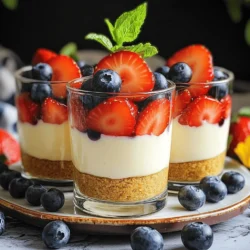 To make these tasty no bake cheesecake cups, you need: - 1 cup graham cracker crumbs - 3 tablespoons sugar - 4 tablespoons unsalted butter, melted These three ingredients form the base of your cheesecake cups. The graham cracker crumbs give a crunchy texture. The sugar adds sweetness, and the melted butter helps bind everything together into a crust. The filling is the star of the show. Here are the key ingredients: - 8 oz cream cheese, softened - 1/2 cup powdered sugar - 1 teaspoon vanilla extract Cream cheese is rich and creamy. Softening it makes mixing easier. The powdered sugar sweetens the filling. Vanilla extract adds a lovely flavor. Together, they create a smooth and delicious filling. Top your cheesecake cups with these fun additions: - 1 cup heavy whipping cream - Fresh fruit (like strawberries or blueberries) - Mint leaves for garnish (optional) Whipping cream makes the filling light and fluffy. Fresh fruit adds color and natural sweetness. Mint leaves can give a fresh touch. These toppings make your dessert not just tasty but also pretty! Start by mixing the graham cracker crumbs, sugar, and melted butter. In a medium bowl, combine these three ingredients well. You want the crumbs to soak up the butter and sugar. This will give you a tasty base. Once mixed, divide the crust into your serving cups. Press it gently at the bottom to form a solid layer. This crust will add a nice crunch to your cheesecake cups. Now, let’s make the creamy filling. In a large mixing bowl, beat the softened cream cheese. Add the powdered sugar and vanilla extract. Mix until it is smooth and creamy. This step is key for flavor. In another bowl, whip the heavy cream until stiff peaks form. This means it holds its shape. Gently fold the whipped cream into the cream cheese mixture. Be careful not to deflate it. This keeps the filling light and airy. It’s time to layer your cups. Spoon or pipe the cheesecake filling over the crust layer. Fill the cups almost to the top. This looks great and tastes even better! Once filled, cover the cups and chill them in the fridge for at least 2 hours. This helps the cheesecake set. When you’re ready to serve, add fresh fruit on top. A mint leaf can add a nice touch too. Enjoy your delicious no bake cheesecake cups! For a complete guide, check the Full Recipe. To get the best cream cheese texture, use room temperature cream cheese. Cold cream cheese can make your filling lumpy. Let it sit out for about 30 minutes before you start. Another key step is whipping the cream. Start with cold heavy cream. Use a clean bowl and beaters. Whip the cream until stiff peaks form. This adds lightness to your cheesecake. Gently fold the whipped cream into the cream cheese mixture. Presentation is key for these cheesecake cups. Serve them on a stylish platter. Arrange fresh fruit around the cups for a colorful look. You can also use clear cups to show off those creamy layers. Top each cup with fruit and mint leaves. This makes them look fancy and appetizing. You can easily adjust the sweetness of your cheesecake cups. If you like it sweeter, add more powdered sugar. For a less sweet version, cut back on the sugar. Taste as you go. This way, you can find the perfect balance for your palate. For the full recipe, check [Full Recipe]. {{image_2}} You can change the flavor of your no bake cheesecake cups easily. Try adding lemon zest for a fresh, zesty taste. Just a teaspoon or two will brighten the flavor. If you love chocolate, mix in cocoa powder. One to two tablespoons will give a rich, chocolatey twist. These small changes can make a big difference in taste and keep things exciting! For those who need a gluten-free option, swap regular graham crackers for gluten-free ones. Many brands offer tasty gluten-free graham crackers. You can still enjoy the crunchy crust without worry. This simple switch ensures everyone can savor these cheesecake cups. The fun doesn't stop at the filling! You can top your cheesecake cups with a variety of ingredients. Use crushed cookies for a delightful crunch. Oreos or chocolate wafer cookies work well. You can also add different fruits. Try peaches, raspberries, or kiwi for a colorful and tasty garnish. Each topping adds a new layer of flavor and texture to your dessert. To keep your no bake cheesecake cups fresh, store them in the fridge. Use an airtight container to prevent any strong odors from seeping in. If you have leftovers, cover each cup with plastic wrap. This will help maintain their creamy texture and flavor. I recommend consuming them within three days for the best taste. Yes, you can freeze no bake cheesecake cups! They freeze well and make a great treat later. Just cover each cup with plastic wrap and then foil. This extra layer helps prevent freezer burn. When you are ready to eat, move them to the fridge to thaw overnight. Enjoy a cool treat on a hot day! Understanding how long your cheesecake cups last is key. They stay good in the fridge for about 3 to 5 days. After that, the texture may change, and they might not taste as fresh. Always check for any signs of spoilage, like off smells or changes in color. Keeping track of their shelf life ensures you enjoy them at their best! Yes, you can use low-fat cream cheese. However, it may change the texture and taste. Low-fat cream cheese contains less fat, which can make the cheesecake less creamy. For the best results, I recommend using full-fat cream cheese. This will give your cheesecake cups that rich, smooth texture we all love. Chill your cheesecake cups for at least 2 hours. This time allows the filling to set properly. If you can wait longer, chilling them overnight makes them even better. The longer they chill, the firmer they become. You can use coconut cream as a dairy-free option. It has a similar texture. Silken tofu blended until smooth is another great choice. This will give you a creamy filling without dairy. Make sure to adjust the sweetness if you use these substitutes. Garnishing can make your cheesecake cups look stunning. Use fresh fruit like strawberries or blueberries on top. You can also add a sprig of mint for color. For a fun twist, drizzle chocolate sauce or a fruit puree over the cups. These simple touches elevate your dessert and impress your guests. For the complete recipe, check out the [Full Recipe]. No bake cheesecake cups are simple and fun to make. We covered key ingredients like cream cheese and graham crackers. Then I shared easy steps to prepare and layer your cups. Remember the tips for the best taste and texture, too. You can create many variations with different flavors and toppings. Enjoy these treats fresh or store them for later. With these ideas, you can impress anyone. Dive in and have fun making your own no bake cheesecake cups!