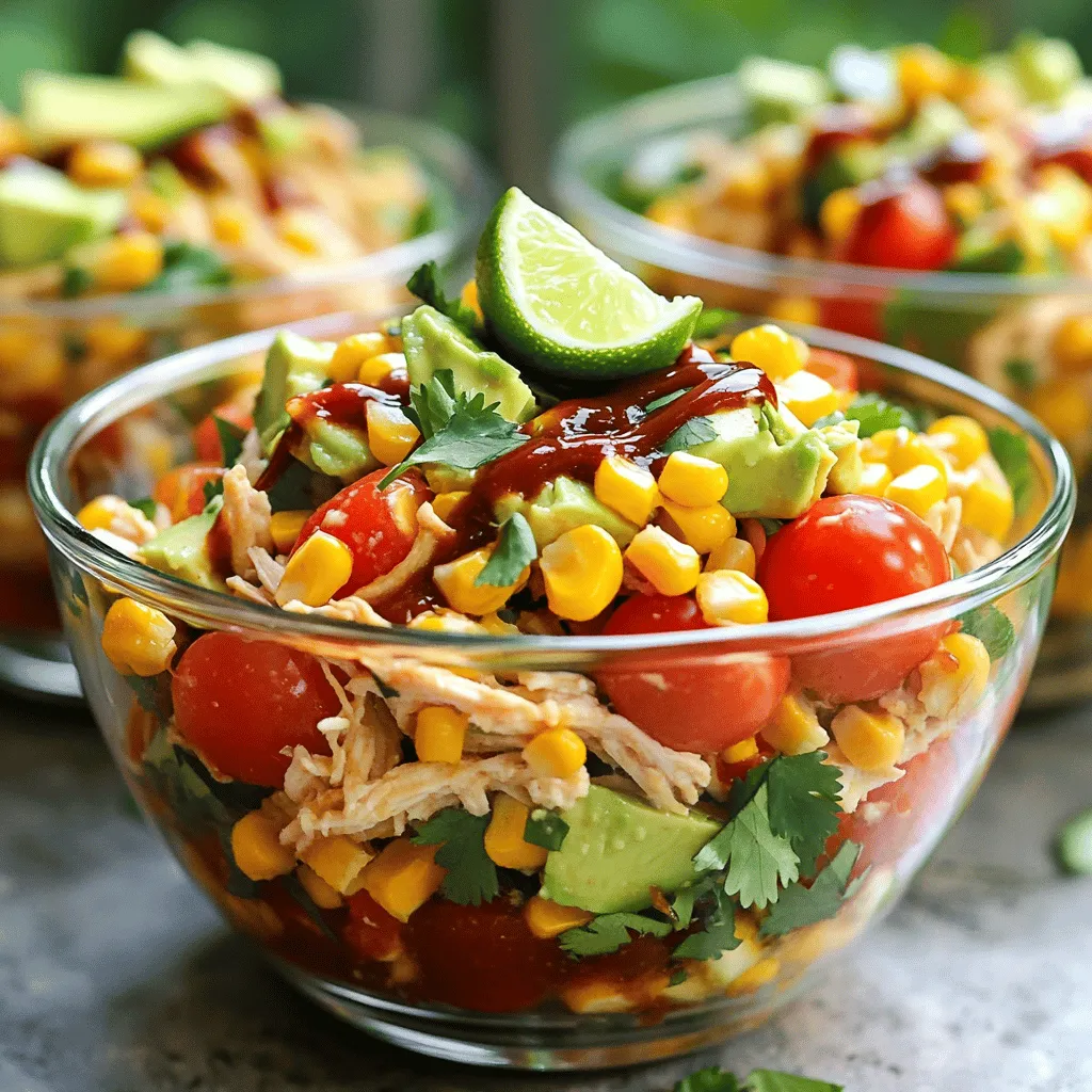 To make the Healthy BBQ Chicken Chopped Salad, gather these fresh ingredients: - 2 cups cooked chicken breast, shredded - 1 cup cherry tomatoes, halved - 1 cup corn kernels (fresh or frozen) - 1 bell pepper (red or yellow), diced - 1 cup cucumber, diced - 1 large avocado, diced - 1/2 red onion, finely chopped - 1/4 cup fresh cilantro, chopped - 1/4 cup BBQ sauce (low-sugar, if preferred) - 4 cups mixed greens (spinach, romaine, or arugula) - Salt and pepper to taste - 1 tablespoon olive oil (optional, for drizzling) You can add more taste and texture to your salad by including: - Black beans for protein - Feta cheese for creaminess - Jalapeños for heat - Chopped nuts for crunch - Fresh lime juice for brightness These add-ins can elevate your salad and make it even more enjoyable. This salad is not only tasty but also nutritious. Here's a quick look at what you're getting: - Calories: About 300 per serving - Protein: Around 30 grams from chicken - Healthy Fats: Avocado and olive oil provide good fats - Fiber: Vegetables and beans add fiber for digestion - Vitamins: Rich in vitamins A, C, and K from mixed greens and veggies This salad packs a punch in nutrition while being light and satisfying. Feel free to check the Full Recipe for detailed instructions on preparation. To start, cook the chicken breast. You can grill, bake, or boil it. I like grilling for the smoky flavor. Once cooked, let it cool a bit. Then, shred the chicken into bite-sized pieces. This makes it easy to mix with the other ingredients. In a large bowl, add the shredded chicken, cherry tomatoes, corn, diced bell pepper, cucumber, diced avocado, finely chopped red onion, and chopped cilantro. Make sure to mix these well. Then, drizzle the BBQ sauce over everything. Toss gently to coat all the ingredients. Adjust the BBQ sauce to your taste. If you like more flavor, add more sauce. For serving, take a handful of mixed greens and place them on each plate. Top the greens with the BBQ chicken mixture. This adds a nice color contrast and makes it look fresh. You can garnish with extra cilantro or diced avocado. Serve in clear bowls to show off the bright colors. Adding a lime wedge on the side gives it a nice touch. Enjoy this Healthy BBQ Chicken Chopped Salad! Check out the Full Recipe for more details. When you chop your veggies, use a sharp knife. A sharp knife makes it easy and safe. Cut the bell pepper, cucumber, and red onion into small pieces. This way, each bite has a bit of everything. Mix the salad gently to keep the avocado from getting mushy. For a fun twist, use a large bowl. It gives you room to toss without spilling. Store your Healthy BBQ Chicken Chopped Salad in an airtight container. It stays fresh for up to three days. Keep the BBQ sauce separate if you want to save leftovers. This keeps the greens crisp. When you’re ready to eat, just add the sauce. If you want to reheat the chicken, use a microwave. Heat it for about 30 seconds. This keeps the chicken warm but does not cook the salad. You can swap ingredients based on your needs. If you want to make it vegan, use chickpeas instead of chicken. For a gluten-free option, check your BBQ sauce for gluten. You can also use lettuce wraps instead of greens for a low-carb choice. If you dislike cilantro, fresh parsley works well too. These simple swaps keep your salad tasty and fun! For the full recipe, you can refer back to the list above. {{image_2}} If you want a low-carb or keto option, replace the corn and beans. You can swap them for more leafy greens or zucchini. These changes keep the taste and make it low in carbs. You can also use grilled chicken thighs instead of breast. They add more flavor and fat, which is great for keto diets. This dish is easy to make gluten-free. Just check your BBQ sauce. Many sauces have gluten. Choose a certified gluten-free BBQ sauce. You can also add quinoa or rice for a filling side. They are naturally gluten-free and tasty. Just make sure to rinse them well before cooking. For a vegetarian salad, skip the chicken. Replace it with black beans or chickpeas for protein. You can add grilled tofu or tempeh for a hearty touch. These options keep the salad filling and tasty. Use the same fresh veggies for crunch and color. This version is just as healthy and satisfying. You can find the Full Recipe to help with your meal planning. To keep your Healthy BBQ Chicken Chopped Salad fresh, store it in an airtight container. This helps prevent the salad from getting soggy. If you have leftovers, try to separate the dressing from the salad. This way, the greens stay crisp and tasty. You can keep the salad in the fridge for about 3 days. I do not recommend freezing this salad. Freezing can change the texture of the vegetables. If you want to save some chicken, you can freeze that. Just ensure it’s in a sealed bag. When you’re ready to eat it, thaw the chicken in the fridge overnight. You can then mix it back into the salad fresh. Each ingredient in your salad has a different shelf life. Here’s a quick guide: - Cooked chicken: 3-4 days in the fridge - Cherry tomatoes: 5-7 days - Corn (fresh): 3-5 days, frozen lasts longer - Bell pepper: 3-4 days - Cucumber: 3-5 days - Avocado: 1-2 days once cut - Red onion: 7-10 days - Cilantro: 1 week - BBQ sauce: Check the label for best-by date Keep these tips in mind to enjoy your Healthy BBQ Chicken Chopped Salad longer! For complete details, check the Full Recipe. You can change this salad to fit your taste. Here are some ideas: - Add fruits: Try diced apples or mango for sweetness. - Mix nuts: Chopped walnuts or almonds give a nice crunch. - Change greens: Use kale or arugula for a different base. - Spice it up: Add jalapeños for heat or feta cheese for tang. With so many options, you can make this salad unique each time. Yes, you can prepare parts of this salad in advance. Here are some tips: - Cook chicken ahead: Shredded chicken can be stored for up to three days. - Chop veggies: You can chop your vegetables a day before and keep them in the fridge. - Dress later: Keep the BBQ sauce separate until you are ready to eat. This helps keep everything fresh and crunchy when you serve it. You can pair your salad with many tasty sides. Here are a few ideas: - Cornbread: Soft and sweet, it complements the BBQ flavors. - Sweet potato fries: These add some crunch and are a healthy choice. - Fresh fruit: A fruit salad can add a light and sweet touch. - Grilled veggies: Zucchini or bell peppers are great for more color and flavor. These sides will make your meal more filling and enjoyable. This blog post covered a healthy BBQ chicken chopped salad. We explored key ingredients and optional add-ins. I shared step-by-step instructions for making the salad and tips for chopping and storing. You learned about different variations like low-carb and vegetarian. In summary, this salad offers flavor and nutrition. Customize it for your taste and enjoy!