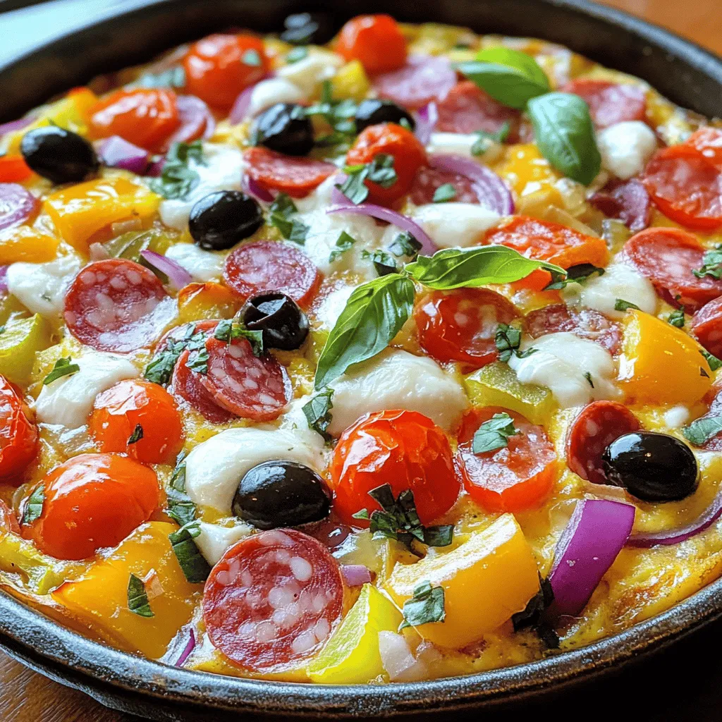 For a delicious antipasto frittata, gather these ingredients: - 6 large eggs - 1/4 cup milk - 1/2 cup mixed bell peppers, diced (red, yellow, green) - 1/4 cup red onion, finely chopped - 1/2 cup cherry tomatoes, halved - 1/3 cup black olives, pitted and sliced - 1/3 cup mozzarella cheese, shredded - 1/4 cup salami, diced - 1/4 cup fresh basil, chopped - Salt and pepper to taste - 1 tablespoon olive oil You can change some ingredients to suit your taste. Use spinach instead of bell peppers. You can swap salami for cooked bacon or ham. Try using goat cheese if you want a stronger flavor. For a lighter version, skip the cheese or use a low-fat option. If you want a vegetarian dish, just leave out the meat. This frittata is flexible! Using fresh ingredients makes a big difference. Fresh vegetables bring bright colors and flavors to the frittata. They add nutrients too. Fresh herbs, like basil, give a lovely aroma. They boost the taste and make your dish shine. Always choose the best quality you can find. This helps your frittata be tasty and healthy. Using fresh ingredients is key to a great breakfast! For the full recipe, check the recipe section above. Start by gathering your ingredients. You will need: - 6 large eggs - 1/4 cup milk - 1/2 cup mixed bell peppers, diced - 1/4 cup red onion, finely chopped - 1/2 cup cherry tomatoes, halved - 1/3 cup black olives, pitted and sliced - 1/3 cup mozzarella cheese, shredded - 1/4 cup salami, diced - 1/4 cup fresh basil, chopped - Salt and pepper to taste - 1 tablespoon olive oil Next, preheat your oven to 350°F (175°C). In a large bowl, whisk the eggs and milk together until mixed well. Add salt and pepper to taste, then set the bowl aside. Now, heat the olive oil in an oven-safe skillet over medium heat. Add the diced bell peppers and red onion. Sauté these for about 3-4 minutes until they soften. Then, mix in the halved cherry tomatoes, sliced olives, and diced salami. Cook for another 2-3 minutes until everything is tender. Pour your egg mixture over the sautéed veggies and meats, spreading it evenly. Now, gently sprinkle the shredded mozzarella and chopped basil on top. Cook the frittata on the stovetop for about 5 minutes. Don’t stir it! You want the edges to begin setting. After that, carefully transfer the skillet to your preheated oven. Bake for 15-20 minutes, or until the frittata is set and lightly golden on top. Keep an eye on it to avoid overcooking. Once done, take the frittata out and let it cool for a few minutes. Slice it into wedges and serve warm or at room temperature. This dish is great for breakfast, brunch, or even a light lunch. Ovens can vary in temperature and heat distribution. If your oven runs hot, check the frittata a few minutes early. You want it to be set, not dry. If your oven is cooler, it might need a few extra minutes. Always use a toothpick to test if it's done. Insert it in the center; if it comes out clean, your frittata is ready. This method ensures you get that perfect texture every time. For more details, refer to the Full Recipe. To make a fluffy frittata, start with fresh eggs. Use large eggs for the best volume. Whisk the eggs and milk well. This adds air, which makes it light. Cook on medium heat to avoid burning. Don't stir it too much; let it set before baking. Salt and pepper are a must. They enhance the taste of your frittata. Try adding fresh herbs like basil or parsley. They brighten up the dish. You can also use garlic powder or onion powder for more depth. One mistake is not using enough oil. This can cause sticking. Another is overcrowding the pan with fillings. Keep it balanced for even cooking. Lastly, don’t skip the oven time. This sets the frittata properly. For the full recipe, refer back to the main sections. {{image_2}} You can easily make a vegetarian antipasto frittata. Simply swap out the salami for more veggies. Try adding ingredients like artichokes or zucchini. You can also use more cheese, like feta or goat cheese, to add flavor. This way, you keep it tasty and packed with nutrients. The beauty of an antipasto frittata lies in its versatility. You can try different cheeses and meats. For cheese, consider sharp cheddar or creamy ricotta. If you prefer meat, think about prosciutto or pepperoni. Mix and match until you find your favorite combo. Each change brings a new twist to this dish. Seasonal vegetables can elevate your antipasto frittata. Use what is fresh and available. In spring, add asparagus or spinach. In summer, use ripe tomatoes or corn. Fall brings squash or kale. Winter can inspire with hearty root veggies like carrots or sweet potatoes. This not only adds flavor but also makes it colorful and healthy. For more details and tips, check the Full Recipe for Antipasto Frittata. Store leftover frittata in an airtight container. Let it cool completely first. Place it in the fridge for up to three days. If you want it to last longer, consider freezing it. To reheat, you can use your oven or microwave. For the oven, preheat it to 350°F (175°C). Place the frittata in an oven-safe dish. Cover it with foil to keep it moist. Heat for about 10-15 minutes until warm. In the microwave, place a slice on a plate. Heat for 30 seconds to 1 minute. Check that it’s warm all the way through. If you decide to freeze the frittata, slice it first. Wrap each slice in plastic wrap. Then, place the wrapped slices in a freezer-safe bag. It can stay in the freezer for up to two months. When ready to eat, thaw it overnight in the fridge. Then follow the reheating steps for the best taste. Enjoy your frittata anytime! For the full recipe, refer back to the beginning. The best pan for making a frittata is an oven-safe skillet. A non-stick skillet works well too. I prefer using a cast-iron skillet because it heats evenly. This helps cook the frittata perfectly. A 10 to 12-inch skillet is ideal for this dish. It allows enough space for the eggs to spread out. This size helps the frittata cook evenly from edge to center. Yes, you can use egg substitutes in this recipe. Common options include silken tofu or chickpea flour. You can mix 1/4 cup of silken tofu with 1 tablespoon of water. For chickpea flour, mix 3 tablespoons of flour with 3 tablespoons of water. Both choices will give you a similar texture. However, the taste may differ slightly from using eggs. Experiment to see which substitute you like best! You can tell when the frittata is fully cooked by checking the center. It should be set and not runny. A toothpick inserted in the center should come out clean. You can also look for a light golden color on top. If you gently shake the pan, the frittata should not jiggle. Baking time may vary, so keep an eye on it as it cooks. In this article, I covered the key steps to make a delicious Antipasto Frittata. We explored the essential ingredients, along with substitutions and the benefits of using fresh produce. I shared tips for preparing and cooking, plus ways to avoid common mistakes. You now know variations and storage tips to keep it fresh. Remember, a great frittata starts with quality ingredients and proper technique. With these insights, you can confidently create your own tasty dish. Enjoy making this simple and satisfying recipe!
