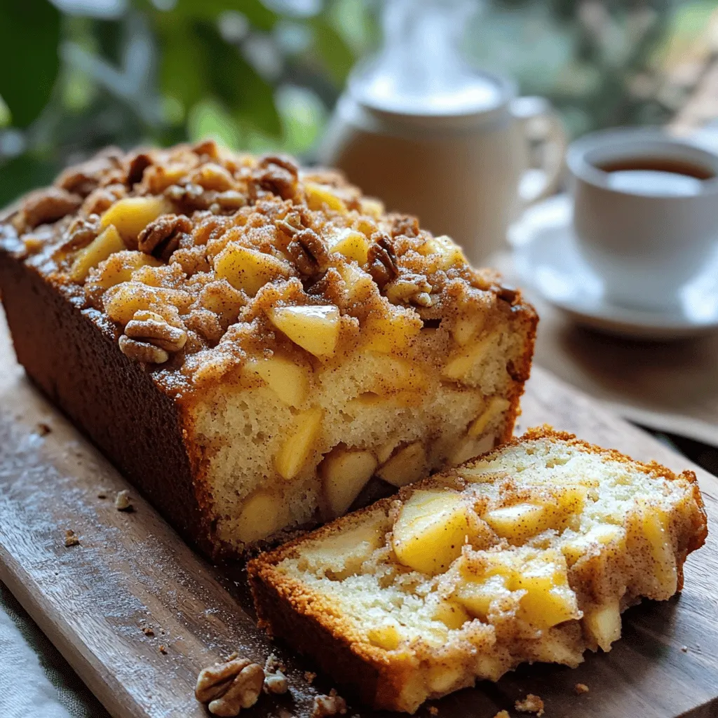 To make Cinnamon Apple Quick Bread, you need these simple ingredients: - 2 cups all-purpose flour - 1 cup granulated sugar - 1 teaspoon baking soda - 1 teaspoon baking powder - 1 teaspoon ground cinnamon - ½ teaspoon salt - ½ cup unsalted butter, melted - 2 large eggs - 1 teaspoon vanilla extract - 1 cup plain Greek yogurt - 1 large apple, peeled and diced (I suggest Granny Smith or Honeycrisp) - ½ cup chopped walnuts (optional) - 2 tablespoons brown sugar (for topping) - 1 teaspoon cinnamon (for topping) Gathering these ingredients is a breeze. Each item plays a key role in creating a moist and flavorful bread. The apples add sweetness and texture. The cinnamon gives warmth and spice. Mixing them with the right balance can make your kitchen smell heavenly. This recipe is a fun way to enjoy the cozy flavors of fall any time of year. Check out the Full Recipe for detailed steps! - Preheat to 350°F (175°C). - Grease a 9x5-inch loaf pan with butter or cooking spray. - Combine dry ingredients in a bowl. - In another bowl, mix wet ingredients. - Gradually mix wet into dry ingredients until just combined. - Fold in the diced apples and nuts gently. - Prepare the topping by mixing brown sugar and cinnamon, then sprinkle it on top. - Transfer the batter to the loaf pan for baking. - Bake for 50-60 minutes. - Ensure a toothpick comes out clean when inserted in the center. When you follow these steps, your Cinnamon Apple Quick Bread will shine! This easy recipe brings joy to your kitchen and fills your home with wonderful scents. If you want to see the full details, check out the Full Recipe. To make the best cinnamon apple quick bread, avoid overmixing the batter. This keeps the bread soft and tender. Mix just until combined; lumps are okay. After baking, let the bread cool for a bit. Cooling helps the flavors develop and makes it easier to slice. Serve your bread warm or at room temperature. Both ways bring out the great taste. For a nice touch, sprinkle some cinnamon on top or add a pat of butter. This adds flavor and looks appealing. Pair it with tea or coffee for a tasty treat. Use a good loaf pan to ensure even baking. A non-stick pan works well, but you can also line it with parchment paper. This makes it easy to remove the bread once it cools. These tips help you avoid any sticking and keep your bread looking great. For the full recipe, check out the details above. {{image_2}} You can change the flavor of your quick bread easily. Try using different apples like Fuji or Gala. Each apple gives a new taste. You can also add spices. Nutmeg and allspice work well with cinnamon. Just a pinch will give a nice twist to the bread. If you need gluten-free options, use gluten-free flour blends. They can replace all-purpose flour in this recipe. For a dairy-free version, swap Greek yogurt for coconut yogurt. Both options keep the bread moist and tasty. Want to make it more exciting? Add raisins or cranberries for a fruity touch. They add sweetness and texture. If you love chocolate, mix in some chocolate chips. They make each bite a sweet surprise. You can explore these additions in the full recipe. Store your cinnamon apple quick bread at room temperature. Wrap it tightly in plastic wrap or foil. This keeps the bread fresh for about three days. For longer storage, refrigerate the bread. It will stay good for up to a week. If you want to save it for later, freeze it. Wrap it well, and it can last for up to three months. When you want to enjoy a slice, warm it up. You can use the oven or microwave. For a crunchy edge, try toasting the slices. This adds a nice texture and boosts the flavor. Enjoy your delicious cinnamon apple quick bread anytime with these simple storage tips! If you want to make it, check out the [Full Recipe]. You can tell the bread is done by using the toothpick test. Insert a toothpick into the center of the bread. If it comes out clean, your bread is ready! This simple test helps ensure that the inside is fully cooked. If you see batter on the toothpick, bake it a bit longer. Yes, it's perfect for make-ahead preparations! You can mix the batter and store it in the fridge for a day. This helps the flavors blend nicely. You can also bake it ahead and keep it wrapped at room temperature. It stays fresh and tasty for several days. Granny Smith or Honeycrisp are recommended. These apples bring a nice tartness and hold their shape well when baked. Their flavor pairs perfectly with the warm cinnamon. Feel free to mix different apples for a unique taste! Yes, it freezes well for longer storage. After baking, let the bread cool completely. Wrap it tightly in plastic wrap and then in foil. It can last up to three months in the freezer. When you’re ready, just thaw it at room temperature or warm it in the oven. This blog post guides you through making delicious Cinnamon Apple Quick Bread. We covered the ingredients, step-by-step instructions, and tips to enhance your baking. Remember, use ripe apples for the best flavor and avoid overmixing to keep your bread tender. You can also try fun variations, like adding different fruits or nuts. Store your bread properly for lasting freshness. I hope you enjoy baking and sharing this treat. Happy baking!