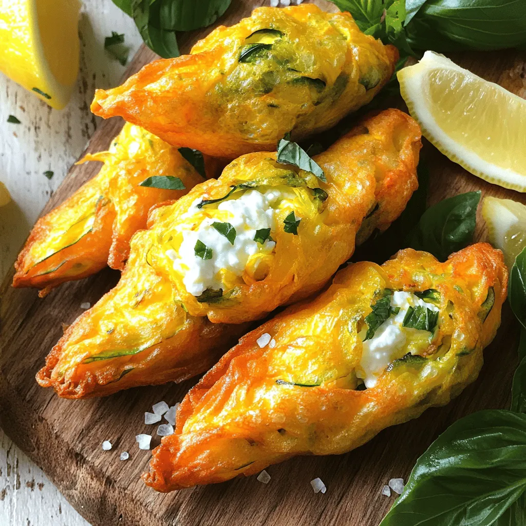 - 12 fresh zucchini blossoms, cleaned and trimmed - 1 cup ricotta cheese - 1 cup feta cheese, crumbled - 1/4 cup fresh basil, chopped - 1/4 cup fresh parsley, chopped - Zest of 1 lemon - Salt and pepper to taste - 1 cup all-purpose flour - 1 teaspoon baking powder - 1/2 cup sparkling water (cold) - Olive oil for frying The main stars of this dish are the fresh zucchini blossoms. They provide a delicate flavor and a lovely presentation. For the cheese filling, I use ricotta and feta. This mix gives a creamy texture and a tangy taste. Adding fresh herbs like basil and parsley brightens the flavor. The lemon zest adds a nice touch of freshness. The batter is key to getting that crispy texture. Mixing all-purpose flour and baking powder creates a light and airy coating. Sparkling water is my secret ingredient. It helps the batter bubble up while frying, making the fritters extra crispy. - Suggested herbs and spices - Dipping sauces or accompaniments You can play with the herbs in the filling. Try adding chives or dill for a twist. For dipping sauces, a yogurt sauce or a spicy aioli works well. These additions can take your fritters to the next level. - Mixing bowls - Deep frying pan - Slotted spoon You need a few kitchen tools to make this recipe easy. A mixing bowl is essential for combining the filling. A deep frying pan is best for frying the fritters. It helps achieve that golden brown color. Lastly, a slotted spoon helps drain excess oil after frying. For the full recipe, refer to the main section. Enjoy crafting these delicious stuffed zucchini blossom fritters! To start, combine the cheese and herbs. Use a mixing bowl for this. Add 1 cup of ricotta cheese and 1 cup of crumbled feta cheese. Then, add 1/4 cup of fresh basil and 1/4 cup of fresh parsley. Don’t forget the zest of one lemon! Mix everything until smooth. The texture should be creamy, with bits of herbs for flavor. Taste and add salt and pepper as needed. The filling should be rich and zesty, perfect for the blossoms. Next, we’ll stuff the zucchini blossoms. Gently open each blossom. Take care not to tear them. Use a spoon to fill each blossom with about 1-2 tablespoons of the cheese mixture. You want a nice amount, but not too much that it spills out. To secure the filling, twist the ends of the blossoms. This keeps everything inside during frying. Repeat this for all the blossoms until you finish the filling. Now, let’s make the batter. In another bowl, whisk together 1 cup of all-purpose flour and 1 teaspoon of baking powder. Gradually add 1/2 cup of cold sparkling water. Whisk until the batter is smooth. It should be similar to pancake batter, not too thick or runny. Heat about 1 inch of olive oil in a deep skillet over medium heat. You want the oil to shimmer, which means it’s hot enough. Dip each stuffed blossom into the batter, making sure they are well-coated. Carefully place them in the hot oil, but don’t overcrowd the pan. Fry each side for 2-3 minutes, or until they turn golden brown and crispy. Use a slotted spoon to transfer the fritters to a paper towel-lined plate. This helps drain any extra oil. Keep repeating until all the blossoms are fried. You can check the full recipe for more details. To make crispy fritters, the batter is key. Use cold sparkling water to keep it light. This helps the fritters puff and stay crisp. Dip each stuffed blossom fully in the batter. Avoid overcrowding the pan when frying. This keeps the oil hot and the fritters crisp. Common mistakes include not draining excess oil. After frying, place fritters on paper towels. Don't let them sit too long, or they will become soggy. Make sure your oil is hot enough before frying. If it’s too cold, the fritters will absorb more oil. You can boost flavors by adding herbs. Try a pinch of oregano or thyme for depth. A dash of smoked paprika adds a nice kick. Fresh herbs like dill or chives can also enhance the dish. For garnishing, use fresh herbs or a sprinkle of sea salt. Drizzle a bit of lemon juice right before serving to brighten the dish. Consider serving with a yogurt dip for extra creaminess. This adds a nice balance to the fritters. Pair your fritters with a light salad. A fresh arugula salad with lemon dressing works well. For drinks, a chilled white wine complements the flavors nicely. When plating, stack fritters neatly on a platter. Layer them with fresh herbs and lemon wedges. This makes the dish look inviting and fresh. You can also place fritters in a small basket lined with parchment paper for a casual touch. For more details on making these fritters, check the Full Recipe. {{image_2}} You can switch up the cheese in your stuffed zucchini blossom fritters. Instead of ricotta and feta, try using goat cheese or cream cheese. Both bring a rich and creamy texture. You can even mix in some sharp cheddar for a new flavor. For an extra twist, add items like sun-dried tomatoes or olives to the filling. These add unique tastes that dance on your palate. If you need a gluten-free option, use a gluten-free flour blend for the batter. This keeps your fritters crispy and tasty. For a vegan twist, replace the cheese with a mix of cashew cream and nutritional yeast. A chickpea flour batter also works well for a vegan version. These adaptations make the dish friendly for everyone. Zucchini blossoms are just one option. In spring, you can use squash blossoms or even pumpkin flowers. In summer, try using edible flowers from your garden. These blossoms add color and flavor to your dish. Incorporating local herbs or vegetables also boosts freshness. Think about adding fresh corn or tomatoes for a seasonal touch. For the full recipe on how to make these fritters, check out the [Full Recipe]. To keep your fritters fresh, let them cool first. Place them in an airtight container. Store them in the fridge for up to three days. If you want to keep them longer, freezing is a great option. To reheat and keep the fritters crispy, use an oven or an air fryer. Set your oven to 375°F (190°C). Bake them for about 10 minutes. Avoid microwaving them, as they can get soggy. To freeze fritters, wrap them in plastic wrap and then in foil. This prevents freezer burn. You can freeze them for up to three months. When ready to eat, thaw them in the fridge overnight. Reheat them in the oven for the best texture. For the full recipe of these delicious stuffed zucchini blossom fritters, check out the complete guide. Yes, you can prepare these fritters in advance. Here are some tips: - Prepare the filling: You can mix the cheese and herbs a day before. Store it in the fridge in an airtight container. - Stuff the blossoms: Do this up to two hours before frying. Keep them covered in the fridge. - Batter: Make the batter just before frying. It tastes best fresh. Reheating can be done in a few ways: - Oven method: Preheat the oven to 350°F (175°C). Place fritters on a baking sheet and warm for about 10 minutes. - Air fryer method: Set the air fryer to 350°F (175°C). Heat for about 3-5 minutes for a crispy finish. - Microwave method: This is the least preferred. Heat for 30 seconds but expect them to be less crispy. The oil should shimmer when it's ready. Here’s how to check: - Temperature test: Use a thermometer. Aim for 350°F (175°C). - Bread test: Drop a small piece of bread into the oil. If it bubbles and browns in about 60 seconds, the oil is ready. - Wooden spoon test: Dip the end of a wooden spoon into the oil. If bubbles form around it, the oil is hot enough. For the full recipe, check out the complete instructions above. Enjoy your cooking! This blog post covered how to make delicious stuffed zucchini blossom fritters. We went over the main ingredients, including fresh blossoms and savory cheese. You learned step-by-step instructions for preparing your filling, stuffing the blossoms, and frying. Tips on perfecting taste and texture help you avoid common mistakes. We also explored variations for dietary needs and how to store leftovers properly. With these tips, you can enjoy this tasty dish anytime. Dive in, have fun experimenting, and savor your creations!