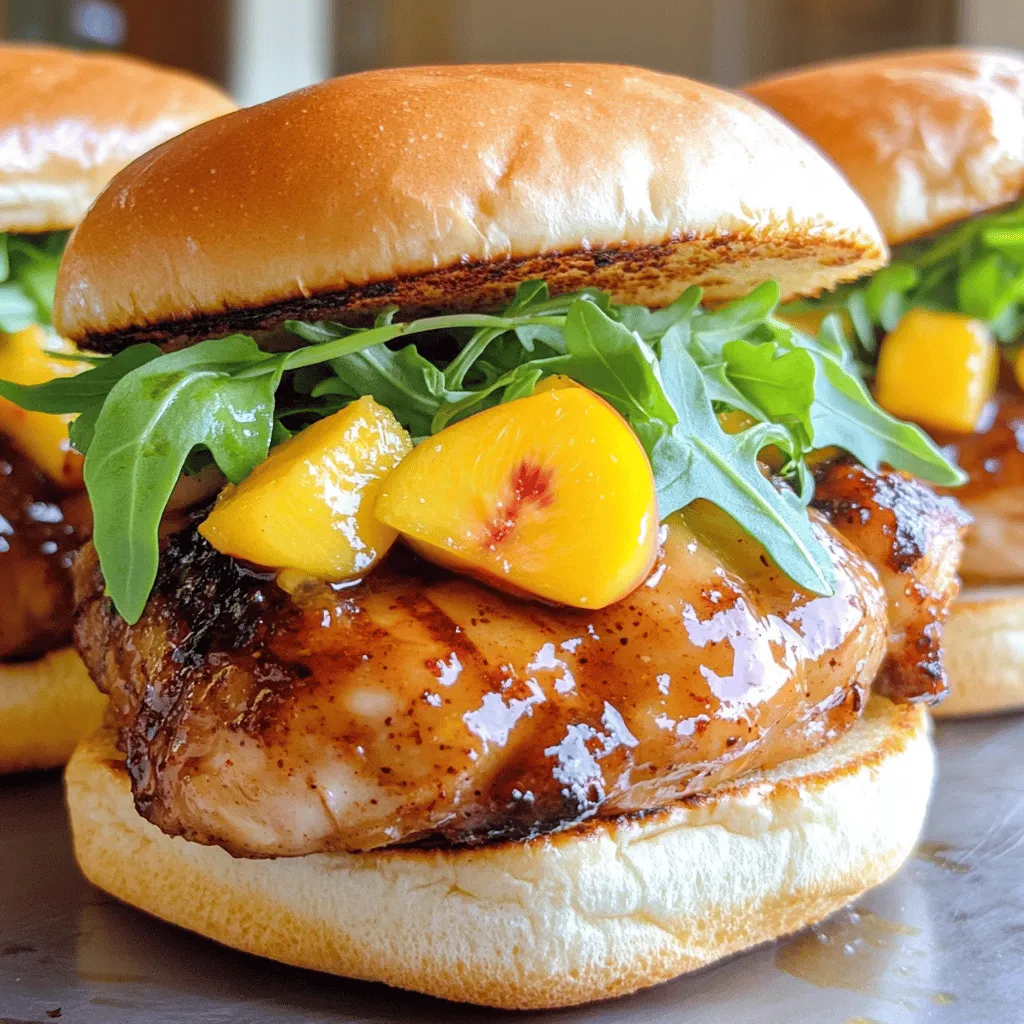 - 1 lb boneless chicken thighs - 1 ripe peach, diced - 1/4 cup chipotle sauce - 1 tablespoon olive oil - 1 tablespoon honey - 1 teaspoon garlic powder - Salt and pepper to taste - 4 slider buns - 1 cup arugula or spinach - Sliced pickles, for garnish - Cheese slices (e.g., cheddar, Monterey Jack) - Avocado slices - Additional toppings (e.g., jalapeños) When making my Chipotle Peach Chicken Sliders, I love using these fresh ingredients. The chicken thighs give a juicy bite. The diced peach adds a sweet twist. Chipotle sauce brings in heat and depth. Honey balances the flavors perfectly. Garlic powder gives a nice kick. As for the slider buns, I like to use soft, fresh ones. They hold up well and taste great. The arugula or spinach adds a fresh crunch. Finally, sliced pickles give a tangy pop. Feel free to mix in optional ingredients. Cheese melts nicely over warm chicken. Creamy avocado adds richness. Jalapeños can up the spice if you crave more heat. For the full recipe, check out the complete guide on making these tasty sliders. To start, you need to marinate the chicken thighs with a peach-chipotle mixture. In a bowl, combine diced peach, chipotle sauce, olive oil, honey, garlic powder, salt, and pepper. This mixture will give your chicken a sweet and spicy kick. Place the chicken thighs in a resealable bag or a shallow dish. Pour the marinade over the chicken. Seal the bag or cover the dish. Let the chicken sit in the fridge for at least 30 minutes. For even more flavor, you can marinate it for up to 2 hours. Next, preheat your grill or skillet over medium-high heat. This step is essential for a good sear. Remove the chicken from the marinade and place it on the grill or in the skillet. Cook the chicken thighs for about 6-7 minutes on each side. You want them to reach an internal temperature of 165°F. Look for those perfect grill marks to show they are done. Once your chicken is cooked, let it rest for a few minutes. This helps keep the juices in. Slice each thigh into smaller pieces that will fit your slider buns. Now it’s time to toast the slider buns. Lightly grill them until golden brown. For the best flavor, layer the ingredients in the following order: place a piece of the chipotle peach chicken on the bottom bun, add a handful of arugula or spinach, and top it with sliced pickles. Finally, place the top bun on and press down gently. Enjoy these flavorful bites! You can find the full recipe [here](#). For juicy chicken, marinate it well. Use a mix of peach, chipotle sauce, and spices. The key is to let the chicken soak in this mixture for at least 30 minutes. If you have time, marinate for up to 2 hours. This allows the flavors to really sink in. For the best flavor, use fresh garlic powder and quality chipotle sauce. Don’t forget to season with salt and pepper. These simple steps elevate your chicken. Decide between a grill or skillet. A grill adds great smoky flavor. A skillet is quick and easy. Both work well, so choose what you have. For slider assembly, you will need a sharp knife and a cutting board. A spatula is great for flipping the chicken. Keep everything close to make it easy. Pair your sliders with tasty sauces and dips. A creamy ranch or zesty BBQ sauce fits well. These flavors mix nicely with chipotle peach. Serve with sides like sweet potato fries or a fresh salad. They balance the rich flavors of the sliders. Check out the Full Recipe for more ideas and tips to make your meal even better. {{image_2}} You can switch up the fruit in these sliders. Try using mango or pineapple instead of peach. Both fruits offer a sweet and tangy taste. They pair well with chipotle sauce. You can also explore different sauces. Barbecue sauce or teriyaki sauce can add a new twist. Each option brings a unique flavor, so feel free to experiment. Grilling chicken thighs gives great flavor with less oil. Frying adds extra fat, so grilling is a healthier choice. You can also swap regular buns for whole grain buns. Whole grain options boost fiber and taste just as good. These small changes make your sliders lighter without sacrificing flavor. Think about the season when you make these sliders. In summer, use fresh peaches and arugula for a bright taste. In winter, try roasted vegetables like butternut squash. This adds warmth and heartiness to your meal. Always choose what’s fresh and in season. It makes your sliders tastier and supports local farms. You can find fresh flavors year-round by being creative with your ingredients. For the complete recipe, check out the Full Recipe section. To keep your cooked sliders fresh, store them in an airtight container. This helps lock in moisture and flavor. You can also wrap them tightly in plastic wrap. Cooked sliders stay good for up to three days in the fridge. If you want to enjoy them later, consider freezing them. You can freeze the chicken thighs after marinating them. This preserves the flavor well. Use freezer-safe bags or airtight containers to store them. Remove as much air as possible to prevent freezer burn. Label the bags with the date. The chicken can stay frozen for up to three months. To reheat sliders, use an oven or a skillet. The oven keeps them crispy. Preheat the oven to 350°F and bake for about 10 minutes. For a skillet, heat it over medium-low heat and add a splash of water. Cover to steam the sliders, which keeps them moist. Always check that the chicken is heated through before serving. I suggest marinating the chicken thighs for at least 30 minutes. This gives the chicken time to soak in the peach-chipotle goodness. For even better flavor, you can marinate it for up to 2 hours. Just remember, longer marination enhances the taste. Use a resealable bag or shallow dish to make it easy. Ensure the marinade covers all the chicken pieces well. Yes, you can use chicken breasts. They cook faster than thighs, usually around 5-6 minutes per side. However, chicken thighs have more flavor and stay moist. If you choose breasts, be careful not to overcook them. They can dry out quickly. Adjust your cooking time based on your chicken choice. You have many options for dipping sauces! Here are a few easy and tasty ideas: - Honey mustard sauce: Sweet and tangy, it complements the sliders well. - Ranch dressing: A classic choice that adds creaminess. - Chipotle mayo: For extra spice, mix mayo with chipotle sauce. - Barbecue sauce: A smoky touch that pairs nicely with the chicken. Feel free to experiment and find your favorite! In this blog post, we covered how to make delicious Chipotle Peach Chicken Sliders. We discussed the key ingredients, including chicken thighs and peaches, and gave you step-by-step cooking tips. You learned about flavor variations and how to store your sliders for later. By trying this recipe, you can impress your guests and enjoy great flavor. Experiment with different ingredients and find your perfect combination. Happy cooking!