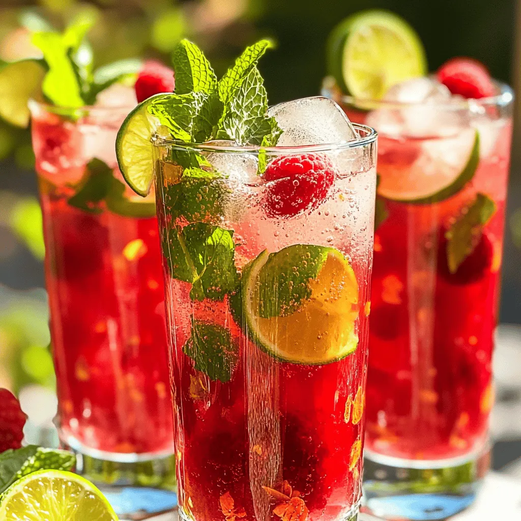 To make a delightful Raspberry Lime Rickey, gather these key ingredients: - 1 cup fresh raspberries - 2 limes, juiced - 1 cup sparkling water or club soda - 2 tablespoons honey or agave syrup (adjust for sweetness) - Ice cubes - Fresh mint leaves for garnish - Lime slices for garnish These ingredients blend to create a refreshing drink that sings with flavor. Fresh raspberries give a sweet and tart taste, while lime juice adds a zesty kick. Sparkling water provides the fizz that makes this drink fun. You can customize your Raspberry Lime Rickey by adding: - A splash of orange juice for extra citrus - Fresh berries like blueberries or strawberries for added color - A dash of flavored syrup like lavender or elderflower These extras can make the drink more exciting. Feel free to get creative and try new flavors. If you don’t have some ingredients, here are easy swaps: - Use frozen raspberries if fresh ones aren't available. - Substitute lime juice with lemon juice for a different taste. - Swap honey or agave for maple syrup if you prefer. These substitutions keep the drink flavorful and fun. You can enjoy a Raspberry Lime Rickey even if you don’t have every ingredient. For the full recipe, check out the details in the guide. First, gather your ingredients. You need fresh raspberries and lime juice. I like to use ripe, juicy raspberries for the best flavor. In a blender, add one cup of fresh raspberries and the juice of two limes. Blend them together until smooth. This step is simple and fun. The bright colors make it look great. Next, you will strain the mixture. Pour the blended raspberries through a fine mesh sieve into a mixing bowl. This step removes the seeds, giving you a smooth drink. Use a spatula to press down on the mixture. Make sure to get all the juice out. Now, it's time to sweeten! In a pitcher, mix the raspberry juice with two tablespoons of honey or agave syrup. Stir it well until the sweetener dissolves completely. Now, let’s put it all together! Fill each glass with ice cubes. Pour the raspberry-lime mixture into the glasses, filling them halfway. Next, top each glass with sparkling water or club soda. This adds fizz and fun! Gently stir to mix everything together. Finally, garnish with fresh mint leaves and a slice of lime. Your Raspberry Lime Rickey is ready to enjoy! For the full recipe, refer to the earlier section. To make your Raspberry Lime Rickey just right, taste is key. Start with two tablespoons of honey or agave. This gives a nice sweetness without being too much. After mixing, taste it. If you want it sweeter, add a bit more. Remember, the tart lime juice will balance the sweetness. Adjust until it feels just right. Adding fresh herbs can really boost your drink. Mint is a great choice. It adds a cool note that pairs well with raspberries and lime. Simply slap the mint leaves to release their oils before adding them as a garnish. You can also try basil for a unique twist. Crush the leaves gently to release their flavor. Serve your Raspberry Lime Rickey very cold. Chill your glasses in the fridge for a bit before pouring. Use tall glasses to show off the drink’s color and garnishes. The ice cubes keep it cold, while the sparkling water adds a refreshing fizz. Enjoy it on a hot day for the best experience. {{image_2}} You can switch up the fruit in your Raspberry Lime Rickey. Try using strawberries or blueberries instead of raspberries. They add a fun twist and a different flavor. For strawberries, blend one cup of fresh berries with lime juice. For blueberries, use the same method. The sweet and tart flavors blend nicely. You’ll still enjoy that refreshing taste. Want to make it a cocktail? Add a splash of gin or vodka. This makes a great adult drink. Use one to two ounces of your favorite spirit. Mix it in with the raspberry-lime mixture before adding the sparkling water. You’ll enjoy a fizzy and fun drink perfect for parties or relaxing evenings. Change the drink with the seasons. In summer, add fresh peaches or watermelon for a juicy twist. In fall, try some apple juice or cinnamon. Just mix these fruits into your base recipe. You can keep the original flavors while adding new ones. This way, you can enjoy a Raspberry Lime Rickey all year long! For the complete recipe, check out the Full Recipe for detailed steps! Store leftover raspberry-lime mixture in a clean glass jar. Seal it tightly. Keep it in the fridge. This helps preserve its freshness. Use the mixture within a few days for the best taste. You can keep the mixture in the fridge for up to three days. After that, the flavor may fade. Always smell and taste before using. If it smells off or tastes strange, throw it away. You can freeze the mixture for later use. Pour it into ice cube trays. Once frozen, transfer the cubes to a zip-top bag. This way, you can use small amounts as needed. Use frozen cubes within three months for the best flavor. A Raspberry Lime Rickey is a fun, refreshing drink. It blends tart lime juice with sweet raspberries. This drink is bubbly and vibrant. You make it with sparkling water or club soda. It’s perfect for a hot day or a party. You can serve it over ice for extra chill. If you want to impress guests, garnish it with mint or lime slices. This drink is a crowd-pleaser! Yes, you can make a sugar-free Raspberry Lime Rickey! Instead of honey or agave syrup, use a sugar substitute. Options include stevia or erythritol. These sweeteners give the drink a nice flavor without the sugar. Adjust the amount to your taste. This way, you can enjoy the drink without added sugar. You can serve Raspberry Lime Rickey in tall glasses or mason jars. It looks great with ice cubes and garnishes. Try adding fresh mint leaves and lime slices for a pop of color. For a fun twist, serve it with colorful straws. This drink pairs well with light snacks like fruit or chips. You can even serve it at brunch with pastries. To make a party punch, simply double or triple the recipe. Use a large bowl or pitcher for serving. Mix the raspberry-lime base and add extra sparkling water. For a twist, add sliced fruits like strawberries or oranges. You can also include a splash of vodka or rum for an adult version. This bubbly punch will keep everyone refreshed and happy! In this article, we explored the essential ingredients for making a Raspberry Lime Rickey. You learned how to prepare the mixture, strain and sweeten it, and assemble your drink. We discussed tips to balance flavors and enhance your drink with fresh herbs. You can also try fun variations, including fruity twists or cocktails. Don’t forget about storage tips to keep your mixture fresh. With these steps, you can enjoy a delicious Raspberry Lime Rickey any time. Now it’s your turn to mix, sip, and share!