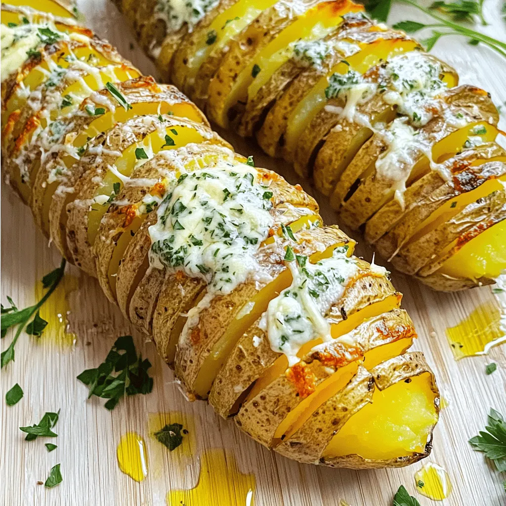 - 4 medium-sized Yukon gold potatoes - 1/4 cup unsalted butter, softened - 4 cloves garlic, minced - 2 tablespoons fresh parsley, finely chopped - 1 tablespoon fresh thyme leaves, chopped - 1 teaspoon sea salt - 1/2 teaspoon black pepper - 1/4 cup grated Parmesan cheese (optional) - Olive oil for drizzling Hasselback potatoes are a fun twist on a classic dish. The ingredients are simple but pack a punch of flavor. I love using Yukon gold potatoes. They are creamy and have a nice texture. The butter brings richness, and garlic adds a savory kick. Fresh herbs like parsley and thyme make every bite fresh and bright. Sea salt and black pepper enhance the taste, while Parmesan cheese gives a cheesy, crispy topping. Drizzling olive oil helps the potatoes get that golden, crispy skin. You can find the full recipe above. Just gather these ingredients, and you are ready to start! - Preheat oven to 425°F (220°C). - Wash and scrub the potatoes well. - Slice the potatoes without cutting through. To slice the potatoes, I recommend using chopsticks. Place a potato between two chopsticks. This will stop your knife from cutting all the way through. Aim for thin slices, about 1/8 inch apart. This way, each slice stays connected at the bottom. - Mix butter with garlic and herbs. - Add salt and pepper to the mixture. In a small bowl, combine softened butter with minced garlic, fresh parsley, and thyme. Stir until it's smooth. Then, add sea salt and black pepper to taste. This herb butter gives the potatoes great flavor. - Spread herb butter in potato slices. - Drizzle with olive oil and sprinkle with cheese. - Bake until crispy and tender. Carefully spread some herb butter between the slices of each potato. Make sure to coat the tops too. Place the potatoes on a lined baking sheet. Drizzle olive oil over them and sprinkle Parmesan cheese if you like. Bake for about 45-50 minutes. Look for a crispy outside and tender inside. Basting with extra herb butter halfway through adds even more flavor. For the full recipe, check out the detailed instructions above. To get those lovely crispy edges, choose Yukon gold potatoes. These potatoes have a rich taste and crisp skin. Next, don’t skip drizzling olive oil. This step helps create that golden, crunchy layer. Garnish your Hasselback potatoes with fresh herbs like parsley or thyme. This adds a pop of color and fresh flavor. You can also serve them with a tasty dipping sauce. Think sour cream or a spicy aioli for a fun twist. Be careful not to cut too deep into the potato. You want thin slices but don’t cut all the way through. Also, remember to baste the potatoes during baking. This keeps them moist and full of flavor. For the full recipe, check out the steps in the earlier section. {{image_2}} You can change the taste of Hasselback potatoes easily. I love adding spices like paprika or cayenne for a kick. Just sprinkle some on before baking. You can also use herbs like rosemary for a fresh twist. The herbs will give your potatoes a lovely aroma and taste. Try mixing herbs and spices to find your favorite combo! Toppings can take your Hasselback potatoes to the next level. For cheese lovers, cheddar or feta works great. Just sprinkle it on top in the last few minutes of baking. You can also add crispy bacon bits or shallots for extra crunch. The mix of flavors and textures will make each bite special. Feel free to get creative with your toppings! For a full recipe, check out Hasselback Potatoes with Garlic Herb Butter. After enjoying your Hasselback potatoes, you may have some left. To keep them fresh, place the leftovers in an airtight container. Make sure to seal it tightly. Store the container in the refrigerator. This keeps the potatoes from drying out and helps maintain their flavor. You can keep them in the fridge for up to three days. When it's time to enjoy your leftovers, there are a few ways to reheat them. The best methods are using an oven or an air fryer. Both methods help restore the crispiness. To re-crisp your Hasselback potatoes in the oven, preheat it to 375°F (190°C). Place the potatoes on a baking sheet. Heat them for about 10-15 minutes. Check to see if they are hot and crispy. You can also drizzle a little olive oil for extra flavor while reheating. Enjoy the tasty goodness again! Bake your Hasselback potatoes for about 45 to 50 minutes. The oven should be at 425°F (220°C). This time helps get them crispy outside and tender inside. Check them halfway through. If you baste them with herb butter, they will be even tastier! Yes, you can prepare Hasselback potatoes in advance. Slice and butter them, then cover with plastic wrap. This way, they stay fresh in the fridge for a few hours. Bake them just before serving. This method saves time and keeps the flavor intact. To check if they are done, pierce them with a fork. If it goes in easily, they are ready. The skin should be golden and crispy. The insides should feel soft. You want that perfect mix of textures in each bite. You've learned how to make delicious Hasselback potatoes using simple ingredients. From preheating the oven to baking these tasty treats, each step has its importance. Remember to use Yukon gold potatoes for the best crispiness and never skip the olive oil. With tips for storage and reheating, you'll enjoy leftovers just as much. Experiment with flavors and toppings to make your dish unique. These potatoes are perfect for sharing. Now, it's time to enjoy your flavorful creation!