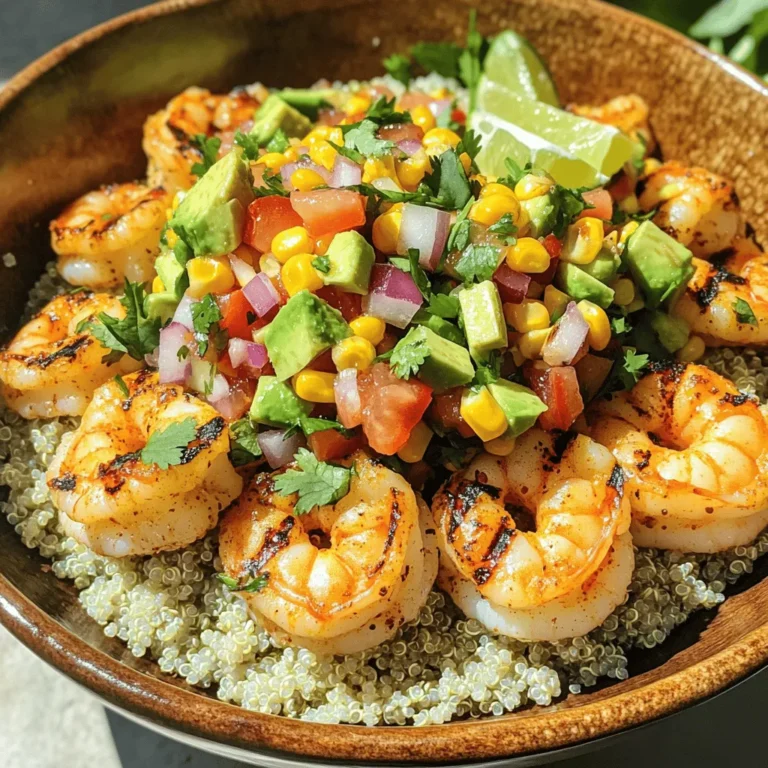 - 1 pound large shrimp, peeled and deveined - 2 tablespoons olive oil - 1 tablespoon lime juice - 1 teaspoon garlic powder - 1 teaspoon smoked paprika - Salt and pepper to taste - 1 cup cooked quinoa or brown rice - 1 ripe avocado, diced - 1 cup corn kernels (fresh or frozen) - 1 small red onion, diced - 1 medium tomato, diced - 1/4 cup fresh cilantro, chopped - 2 tablespoons lime juice (for salsa) - Salt to taste - Grill or grill pan - Skewers (if using) - Mixing bowls - Extra cilantro - Lime wedges To make this grilled shrimp bowl special, gather the ingredients above. Start with fresh shrimp. They should be large, peeled, and deveined. This helps them cook evenly and stay juicy. Use good olive oil for flavor. Lime juice adds a bright touch and helps the shrimp marinate. Garlic powder and smoked paprika give that extra kick. For the base of your bowl, cooked quinoa or brown rice works great. Both are hearty and nutritious. The avocado and corn salsa adds creaminess and sweetness. Diced red onion and tomato bring freshness. Don't forget the cilantro; it ties everything together. You need a grill or grill pan to cook the shrimp. If you use skewers, soak them first. This keeps them from burning. Mixing bowls help combine the salsa ingredients easily. For garnishes, you can add extra cilantro or a wedge of lime on top. It makes the dish look pretty and adds more flavor. If you're ready to make this bowl pop, check out the Full Recipe for details on cooking methods. To start, you need to combine the shrimp with the marinade ingredients. In a bowl, mix together the shrimp, olive oil, lime juice, garlic powder, smoked paprika, salt, and pepper. Make sure all the shrimp get coated well. I recommend letting them marinate for about 15 minutes. This step adds a lot of flavor to the shrimp. While the shrimp marinates, you can prepare the corn salsa. In a separate bowl, mix together the corn, diced avocado, red onion, tomato, cilantro, lime juice, and a pinch of salt. Gently fold the ingredients together. Allow the salsa to sit for a bit. This time helps the flavors meld together beautifully. Next, we grill the shrimp. Preheat your grill or grill pan over medium-high heat. If you are using skewers, thread the marinated shrimp onto them. If your skewers are wooden, soak them in water for 10 minutes first. This keeps them from burning. Grill the shrimp for about 2-3 minutes on each side. They are ready when they turn pink and opaque. Remove them from the grill. Now it’s time to put it all together. In each serving bowl, place a scoop of cooked quinoa or brown rice at the bottom. Next, add the grilled shrimp. Finally, top it with a generous serving of corn salsa. If you like, add extra cilantro and a wedge of lime for some zest. Enjoy your delightful grilled shrimp bowl! For the full recipe, check out the details above. To make great grilled shrimp, marinating is key. I suggest using my marinade mix of olive oil, lime juice, garlic powder, and smoked paprika. Let the shrimp soak in this blend for about 15 minutes. This short time helps the shrimp soak up flavors without making them mushy. Avoid overcooking shrimp; they can become tough. Grill them for just 2-3 minutes on each side. Look for a pink color and an opaque center. This means they are perfectly done. For the corn salsa, you can swap fresh ingredients based on what you have. If you can’t find fresh corn, frozen works well too. You can also use green onions instead of red. This adds a milder taste. Adjust the spice level by adding diced jalapeños or a pinch of cayenne. Start small, taste, and add more if needed. This way, you control the heat to suit your taste. When serving, pair your grilled shrimp bowl with a light side. A fresh green salad or tortilla chips and salsa make great choices. To drink, try a cold lemonade or a crisp white wine. These drinks balance the flavors in the bowl. For the full recipe, check out the complete guide for more details. {{image_2}} If you want to switch up the protein, try chicken or tofu. Chicken offers a meaty texture. Just marinate it like the shrimp. Grill it until it's cooked through. For a plant-based option, use firm tofu. Press it to remove excess water, then marinate and grill it. Both choices fit well for many diets. You can change the base grain too. Wild rice brings a nutty flavor and chewy texture. Quinoa is lighter and packed with protein. If you need gluten-free options, both grains work well. You might also try brown rice for heartiness. Each grain adds a unique taste to your bowl. Using seasonal ingredients makes your salsa shine. In summer, fresh tomatoes and corn taste the best. In fall, add diced peppers and fresh herbs. Using local produce not only boosts flavor but also supports local farmers. Adjust your salsa based on what you find at the market. This approach keeps your dish fresh and exciting. To keep your grilled shrimp fresh, store it in an airtight container. Place the shrimp and corn salsa in separate containers. This helps keep the shrimp firm and the salsa fresh. The dish lasts up to three days in the fridge. Be sure to cool it down before storing to avoid warming your fridge. You can reheat grilled shrimp in a few ways. Use a skillet on low heat for best results. Stir gently to keep the shrimp from overcooking. You can also use a microwave. Heat it in short bursts, checking often. For the salsa, simply stir it into the shrimp while heating. This keeps the flavors vibrant. You can freeze grilled shrimp and corn salsa if you want. Place them in separate freezer bags and remove as much air as possible. The shrimp can stay frozen for up to three months, while the salsa lasts about two months. To thaw, place them in the fridge overnight. You can also use cold water for quicker thawing. Just make sure to cook the shrimp right after thawing for the best taste. You can tell shrimp are done when they turn pink and opaque. The tails will curl slightly, and they will be firm to the touch. If they look gray or translucent, they need more time. Overcooked shrimp can become tough, so watch closely. A good rule is to grill each side for 2-3 minutes. Yes, you can make the corn salsa ahead. It stays fresh for up to two days in the fridge. Just mix all your salsa ingredients together and store it in an airtight container. This allows the flavors to meld nicely. However, add the avocado right before serving to keep it from browning. You can serve your grilled shrimp bowl with a light salad or some fresh tortilla chips. A refreshing drink like iced tea or lemonade pairs well too. You could also offer some grilled veggies on the side for extra color and taste. Yes, this recipe is gluten-free. The main ingredients like shrimp, quinoa, and fresh veggies do not contain gluten. If you use a gluten-free grain like quinoa or rice, you’ll have a delicious gluten-free meal. Check labels if you use packaged ingredients to ensure they are gluten-free. For the full recipe, check out the Grilled Shrimp Fiesta Bowl. This blog post shares a simple grilled shrimp recipe with vibrant corn salsa. We reviewed essential ingredients, easy steps, and helpful tips. You can customize this dish with different proteins and grains. Proper storage ensures leftovers stay fresh. If you follow these tips, you’ll impress anyone at the table. Grilled shrimp bowls are a tasty and healthy meal you can enjoy any time. Remember, cooking is fun and experimenting is key. Stay curious and enjoy your culinary journey!