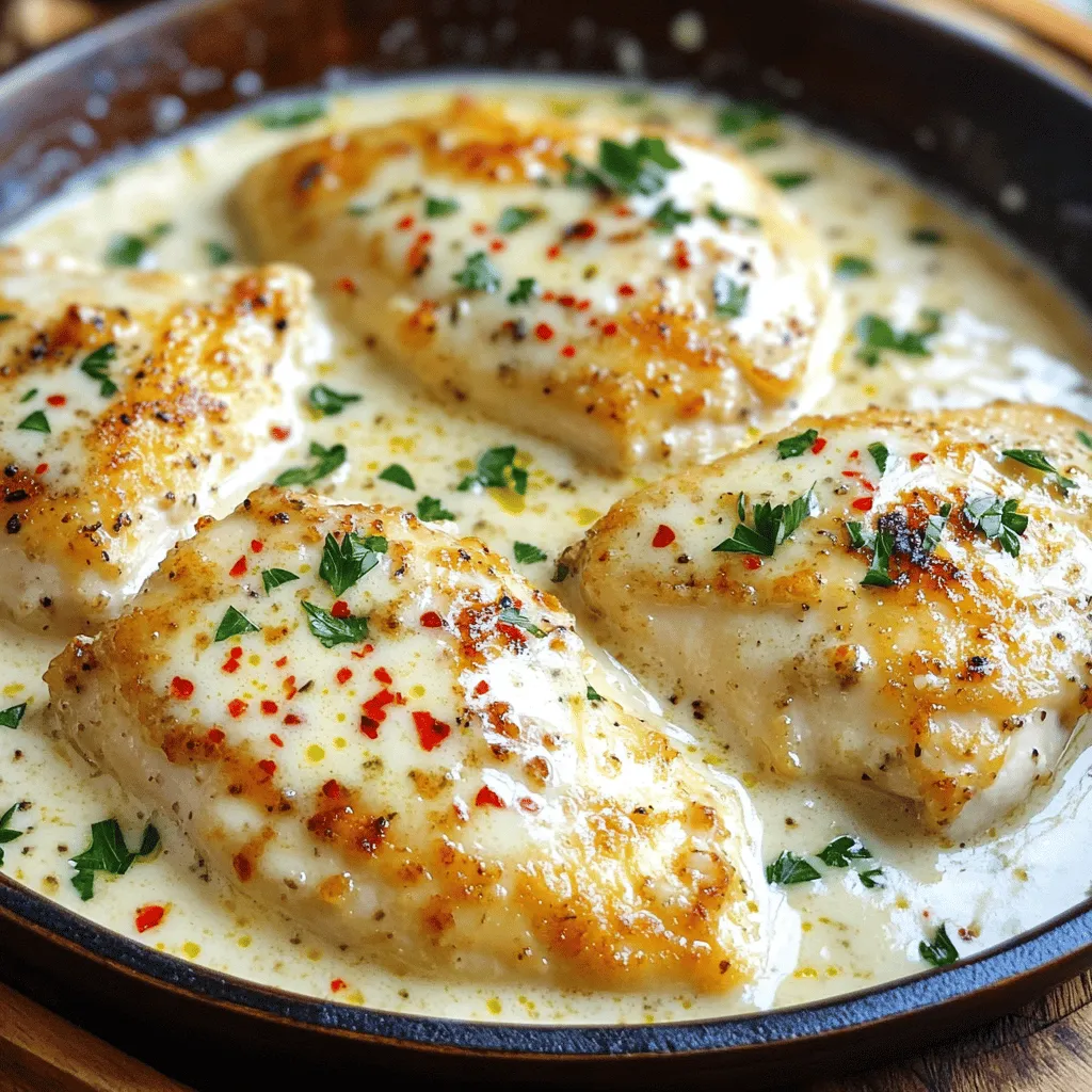 To make your Garlic Parmesan Chicken Skillet, gather these items: - 4 boneless, skinless chicken breasts - 1 tablespoon olive oil - 4 cloves garlic, minced - 1 cup chicken broth - 1 cup heavy cream - 1 cup grated Parmesan cheese - 1 teaspoon Italian seasoning - ½ teaspoon red pepper flakes (optional for heat) - Salt and pepper to taste - Fresh parsley, chopped for garnish You can swap some ingredients based on what you have. If you don't have chicken broth, use vegetable broth. For a lighter dish, use half-and-half instead of heavy cream. If you dislike Parmesan, try another cheese like mozzarella or cheddar. You can leave out the red pepper flakes if you prefer no heat. Fresh parsley can be replaced with basil for a different flavor. Start by measuring your ingredients carefully. Use a dry measuring cup for the cheese and liquid measuring cup for the broth and cream. Mince the garlic finely to release all its flavor. For the chicken, make sure to pat it dry with paper towels before seasoning. This helps the chicken sear better in the pan. Prepare all ingredients before cooking, as this makes the process smooth and quick. You can find the full recipe to guide you step by step. First, let’s prepare the chicken. Season the chicken breasts on both sides with salt and pepper. This adds great flavor. Next, heat one tablespoon of olive oil in a large skillet over medium-high heat. Add the chicken breasts and sear them for about 5-7 minutes on each side. Look for a nice golden brown color. When cooked through, remove the chicken from the skillet and set it aside. Now, it’s time to sauté the garlic. In the same skillet, lower the heat to medium. Add the minced garlic and cook it for about one minute until it smells amazing. Be careful not to burn it. After that, pour in one cup of chicken broth. Bring this to a simmer and scrape the bottom of the skillet. This helps pick up all those tasty bits left behind. Let the broth reduce for about 3-4 minutes. Next, we’ll make the sauce. Stir in one cup of heavy cream, one cup of grated Parmesan cheese, one teaspoon of Italian seasoning, and optional red pepper flakes if you like some heat. Mix everything well and let the sauce simmer for another 5 minutes. You want it to thicken up nicely. Finally, return the cooked chicken breasts to the skillet. Coat them in that creamy sauce and let them heat through for a couple of minutes. For a fresh touch, sprinkle with chopped parsley right before serving. - Prepare the Chicken: 5 minutes - Sear the Chicken: 10-14 minutes - Sauté Garlic: 1 minute - Create the Sauce: 8-10 minutes - Combine Chicken and Sauce: 2-3 minutes Overall, you can make this dish in about 30 minutes. To make sure your chicken is cooked right, use a meat thermometer. The internal temperature should reach 165°F. If you don’t have a thermometer, cut into the thickest part. The juices should run clear, not pink. Also, letting the chicken rest for a few minutes after cooking keeps it juicy. Enjoy this Garlic Parmesan Chicken Skillet with confidence! For the full recipe, check out the details above. When making Garlic Parmesan Chicken Skillet, avoid overcooking the chicken. It can dry out quickly. Use a meat thermometer to check for doneness. Aim for 165°F (75°C). Also, don't burn the garlic. Sauté it gently until fragrant. If it turns brown, it gets bitter. Lastly, don’t skip the seasoning. Salt and pepper enhance the dish's flavor. You can boost the flavor in this dish easily. Try adding fresh herbs like thyme or rosemary. They add a nice touch. For more heat, increase the red pepper flakes. A splash of lemon juice can brighten the sauce too. Experiment with different cheeses. Asiago or mozzarella can change the taste while keeping it creamy. A large skillet is key for this recipe. I recommend a non-stick one for easy cleanup. A meat thermometer helps ensure chicken cooks well. Use a wooden spoon for stirring sauce and scraping the pan. This keeps the flavors mixed and prevents sticking. Lastly, have a sharp knife handy for cutting the chicken after cooking. For the full cooking steps, check the Full Recipe. {{image_2}} You can swap chicken for other proteins. Turkey cutlets work well. Pork chops are another great option. For a lighter choice, try shrimp or tofu. Each protein adds a new taste to the dish. Just adjust the cooking time. Cook shrimp until pink. For pork, ensure it reaches a safe internal temperature. Adding vegetables boosts the meal's nutrition. Spinach, kale, or broccoli are excellent choices. Simply toss them into the skillet during the last few minutes of cooking. This way, they stay bright and crisp. You can also add bell peppers or zucchini for color and flavor. They cook quickly and add sweetness to the dish. To make this dish gluten-free, use gluten-free chicken broth. For a dairy-free version, coconut milk can replace heavy cream. Nutritional yeast gives a cheesy flavor without dairy. You can also use vegan cheese for a similar taste. These swaps let everyone enjoy this tasty meal without worry. After making Garlic Parmesan Chicken Skillet, let it cool down. Place the chicken in an airtight container. Store it in the fridge for up to three days. Keep the sauce separate to maintain its creamy texture. To reheat, use a skillet over medium heat. Add a splash of chicken broth or cream to keep it moist. Heat until warm, stirring gently. You can also use a microwave. Place it in a microwave-safe dish and cover with a lid. Heat for 1-2 minutes, stirring halfway through. You can freeze Garlic Parmesan Chicken Skillet for up to three months. Place the chicken and sauce in a freezer-safe container. When ready to eat, thaw it overnight in the fridge. Reheat using the instructions above for the best results. Enjoy your meal even days later! The best way to season chicken is with salt and pepper. This simple mix brings out the natural flavor. You can also add garlic powder or paprika for more taste. If you want it even better, try using fresh herbs like thyme or rosemary. These add a nice touch and a fresh aroma. Just remember to season both sides of the chicken well. Yes, you can use frozen chicken for this recipe. However, you need to thaw it first. The best way is to place it in the fridge overnight. If you're in a hurry, you can use the microwave to thaw it. Just be careful not to start cooking it. Once thawed, follow the recipe as usual for great results. To make the sauce thicker, you can add a bit of cornstarch. Mix one tablespoon of cornstarch with two tablespoons of cold water. Stir this mixture into the sauce while it simmers. Another way is to let the sauce cook longer. This will reduce the liquid and make it thicker. You can also add more Parmesan cheese to help thicken the sauce while boosting the flavor. For the full recipe, check out the complete instructions! We covered essential ingredients and how to measure them well. You learned step-by-step cooking instructions and tips to check if your chicken is done. Avoid common mistakes and enhance flavors with the right tools. Remember, you can try protein swaps or add veggies for a healthy twist. Finally, store your food safely with the right methods. Use this guide to create delicious meals with confidence. Happy cooking!