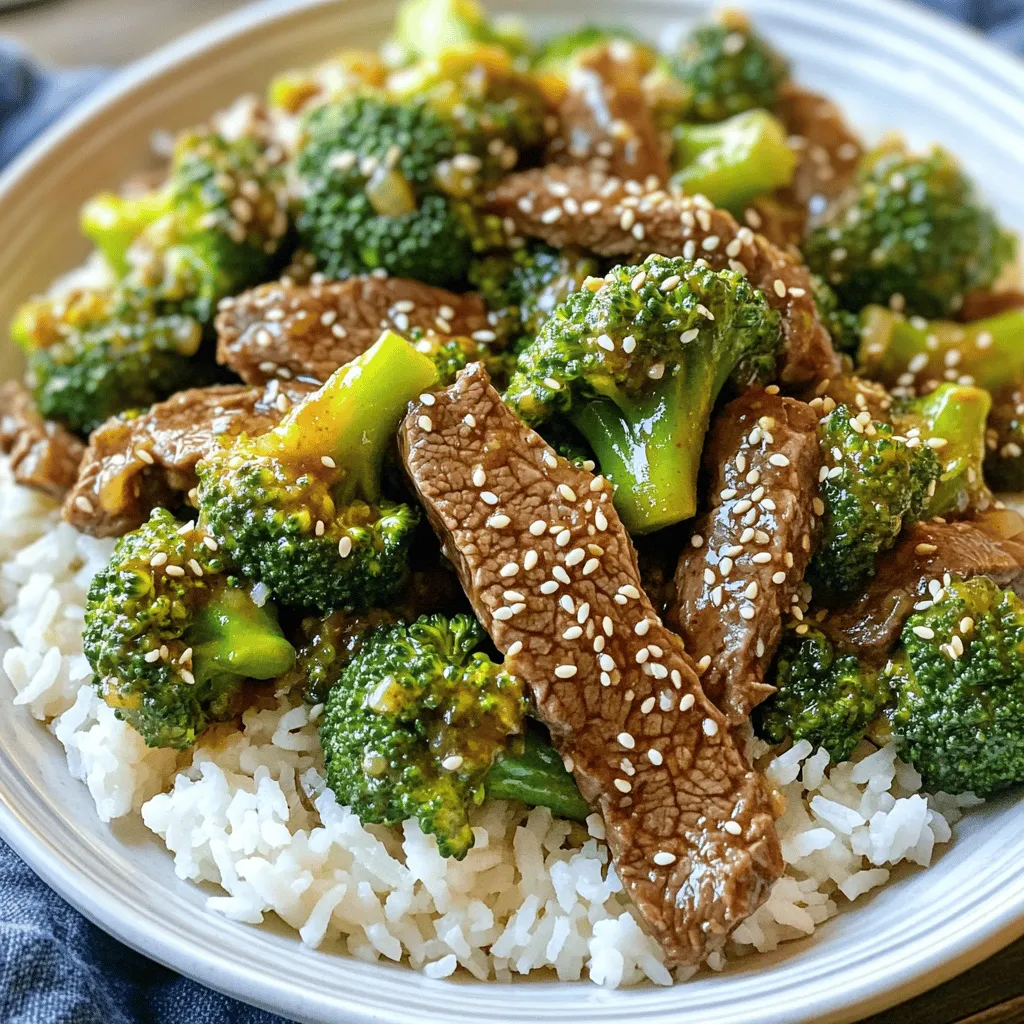 To make Better Than Takeout Beef and Broccoli, you will need the following ingredients: - 1 lb flank steak, thinly sliced against the grain - 3 cups broccoli florets - 2 tablespoons vegetable oil - 2 cloves garlic, minced - 1 inch ginger, grated - 1/4 cup soy sauce (low sodium) - 2 tablespoons oyster sauce - 1 tablespoon cornstarch - 1/2 cup beef broth (low sodium) - 1 tablespoon sesame oil - 1 teaspoon sugar - 1/4 teaspoon black pepper - Cooked rice or quinoa for serving These ingredients combine to create a dish that is not only tasty but also quick to prepare. Flank steak adds a rich protein, while broccoli gives a nice crunch. The sauces bring depth and umami flavor to the meal. Using low sodium soy sauce and beef broth helps control salt levels while still keeping the dish flavorful. The sesame oil adds a nutty aroma, which makes this dish stand out. Make sure to slice the flank steak against the grain. This method ensures the meat is tender and easy to chew. You can also customize your dish by adding other vegetables like bell peppers or snap peas. Once you gather these ingredients, you can follow the full recipe to create your delicious meal. First, take the flank steak and slice it thinly against the grain. This helps make it tender. Next, place the beef in a bowl. Add 1/4 cup of soy sauce, 2 cloves of minced garlic, 1 inch of grated ginger, and 1/4 teaspoon of black pepper. Mix everything well to coat the beef. Let it marinate for at least 15 minutes. This step boosts the flavor and makes the beef juicy. While the beef marinates, prepare the sauce. In a bowl, mix 2 tablespoons of oyster sauce, 1/2 cup of beef broth, 1 tablespoon of cornstarch, 1 tablespoon of sesame oil, and 1 teaspoon of sugar. Whisk until smooth. Set the sauce aside for later. It will add a rich taste to your dish. Now, let’s get cooking! Bring a pot of salted water to a boil. Add 3 cups of broccoli florets and blanch for 2 minutes. This keeps the broccoli bright and crisp. Drain the broccoli and set it aside. In a large skillet or wok, heat 2 tablespoons of vegetable oil over medium-high heat. Add the marinated beef in a single layer. Cook for 2-3 minutes until browned, stirring occasionally. Remove the beef and set it aside. In the same skillet, add the remaining tablespoon of oil. Toss in the leftover minced garlic and stir-fry for about 30 seconds. Then, add the blanched broccoli and stir-fry for 1-2 minutes. Finally, return the beef to the skillet. Pour the prepared sauce over the beef and broccoli. Stir well and cook for another 2-3 minutes until the sauce thickens and everything is heated through. This makes a delicious meal that’s better than takeout! For the full recipe, be sure to check out the detailed instructions. To make your dish shine, always use fresh ingredients. Fresh garlic and ginger amplify the taste. They add zest and fragrance. Also, let your beef marinate longer. The longer you marinate, the deeper the flavor. Aim for at least 15 minutes, but more is better. High heat is key for great sear on the beef. A hot skillet or wok helps lock in juices. Cook the beef in batches if needed. This prevents steaming and ensures browning. Stir-fry quickly for the best texture. The beef should be tender, and the broccoli should remain crisp. Presentation matters, even for a home-cooked meal. Serve with a sprinkle of sesame seeds or sliced green onions. These small touches add color and flavor. Use colorful plates to make your dish pop. A vibrant plate makes any meal look gourmet. For the full recipe, check out the Better Than Takeout Beef and Broccoli. {{image_2}} You can switch out the beef in this dish. Try chicken, tofu, or shrimp. Each option brings a unique flavor. If you need a gluten-free option, use tamari instead of soy sauce. Tamari works well without missing that savory taste. You can add more veggies for extra crunch. Bell peppers, snap peas, or carrots all work great. They add color and texture to your meal. You can also try different greens like bok choy. This will give your dish a fresh twist. Serve your beef and broccoli with different grains. Quinoa or cauliflower rice are tasty choices. They add health benefits and keep the dish light. You can also add a side salad. This will make your meal more complete and balanced. For the full recipe, check the section above. Enjoy your cooking journey! Store your Beef and Broccoli leftovers in an airtight container. This keeps the flavors fresh and the dish safe to eat. It will stay good for about 3-4 days in the fridge. Remember to let it cool before sealing it up. This helps avoid condensation, which can make it soggy. To freeze Beef and Broccoli, pack it in a freezer-safe container. Make sure to leave some space at the top, as the dish may expand. You can freeze it for up to three months. When you’re ready to eat, let it thaw in the fridge overnight. Reheat it in a skillet over medium heat. Add a splash of water or broth to help keep it moist and tasty. Meal prepping makes weeknight dinners easy. Chop your broccoli and slice the flank steak in advance. Store them in separate containers in the fridge. You can also mix your sauce ingredients and keep them ready to go. For sides, consider cooking rice or quinoa ahead of time. They reheat well and pair perfectly with this dish. Enjoy quick, delicious meals all week long! Yes, you can use frozen broccoli. It saves time and effort. Frozen broccoli is picked at its peak. This means it maintains good flavor. To use it, just thaw it first. You can also blanch it in boiling water for 2 minutes. This keeps its bright color and crispness. Add it to your dish like you would fresh broccoli. It will still taste great! Check the thickness of the beef slices. Thin slices cook faster, about 2-3 minutes. For thicker pieces, cook for about 4-5 minutes. The beef should turn a nice brown color. You can also use a meat thermometer. For medium-rare, aim for 135°F. For medium, it should be 145°F. Once cooked, let it rest for a few minutes. This helps the juices stay inside. Serve your beef and broccoli with cooked rice or noodles. Both options soak up the sauce well. You can also try quinoa for a healthy twist. A side salad adds freshness and crunch. If you want more veggies, stir-fry some bell peppers or carrots. These pair nicely and add color to your meal. For the full recipe, check out the complete guide! This recipe is a tasty and easy way to enjoy beef and broccoli. You learned how to marinate the beef and cook it perfectly. Using fresh ingredients makes a big difference in flavor. You can try different proteins and veggies to make it your own. Remember to store leftovers right to keep them fresh. By preparing ahead, you’ll have quick meals ready. Dive in, experiment, and enjoy your delicious creation!