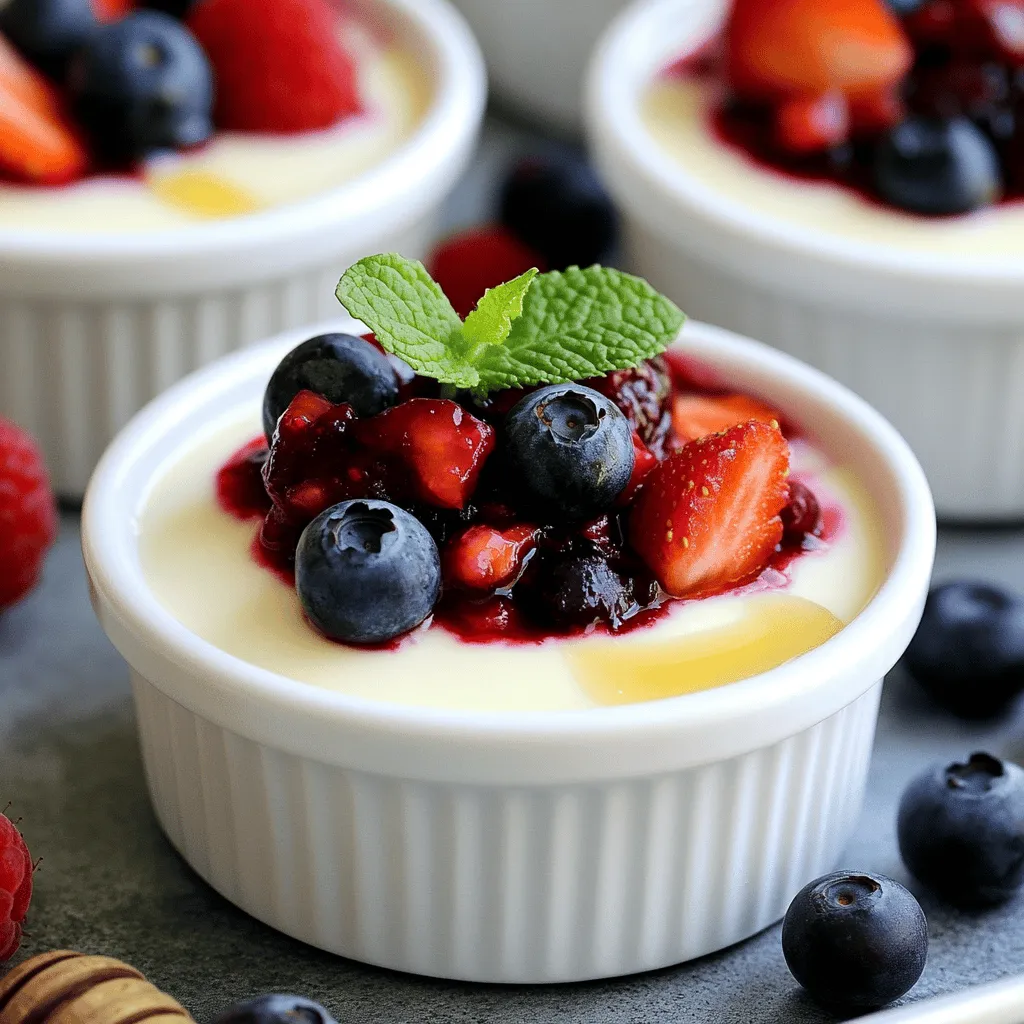 To make a tasty Vanilla Panna Cotta, you need: - 2 cups heavy cream - 1 cup whole milk - 1/2 cup granulated sugar - 2 teaspoons pure vanilla extract - 2 1/2 teaspoons powdered gelatin - 3 tablespoons cold water For the berry compote, gather: - 1 cup mixed berries (strawberries, blueberries, raspberries) - 1 tablespoon honey - 1 teaspoon lemon juice - A pinch of salt If you want a lighter version, use coconut cream instead of heavy cream. This keeps the dish creamy and rich. For a healthier sweetener, try using maple syrup or a sugar substitute. Both options work well and can change the flavor nicely. You will need a few simple tools to make this dish: - Small mixing bowls - Measuring cups and spoons - A whisk or spoon for mixing - A saucepan for heating - Ramekins or dessert cups for serving - A small saucepan for the berry compote These tools make it easy to prepare and serve your Vanilla Panna Cotta with Berry Compote. You can find the Full Recipe online for more detailed steps and tips! To start with the panna cotta, we need to bloom the gelatin. - First, sprinkle the powdered gelatin over 3 tablespoons of cold water. - Let it sit for about 5 to 10 minutes. This helps the gelatin absorb the water. Next, we combine the cream and sweeteners. - In a medium saucepan, mix together 2 cups of heavy cream, 1 cup of whole milk, and 1/2 cup of granulated sugar. - Add 2 teaspoons of pure vanilla extract and a pinch of salt. - Heat this mixture over medium-low heat. Stir it gently, but do not let it boil. Once the mixture is warm, we add the bloomed gelatin. - Remove the saucepan from the heat and stir in the bloomed gelatin. - Keep mixing until the gelatin is fully dissolved. Now, we need to cool and refrigerate the panna cotta. - Allow the mixture to cool for about 10 minutes. - Pour it into small ramekins or dessert cups, filling them about three-quarters full. - Place them in the fridge for at least four hours, or until they set firm. While the panna cotta sets, let’s make the berry compote. - In a small saucepan, combine 1 cup of mixed berries, 1 tablespoon of honey, and 1 teaspoon of lemon juice. - Cook over medium heat for about 8 to 10 minutes. Stir gently until the berries soften and create a thick syrup. For the right syrup consistency, keep an eye on the cooking time. - If it gets too thick, you can add a splash of water to loosen it. - Allow the compote to cool before using it on the panna cotta. Now you have a delicious dessert ready to impress! For the complete recipe, check the Full Recipe link. To get the best texture, control the temperature of your cream mixture. Heat it gently until warm, but do not boil. This step is key. Once you mix in the gelatin, it should dissolve completely. For the panna cotta to set well, you need to refrigerate it for at least four hours. I suggest leaving it overnight for the best results. When serving, you want your panna cotta to look stunning. I like to garnish it with a mint leaf or a fresh berry. This adds color and freshness. You can also serve panna cotta with other desserts. It pairs well with cookies or chocolate treats. This way, you create a lovely dessert platter for your guests. One common mistake is overheating the cream mixture. If you bring it to a boil, the panna cotta may not set. Another mistake is not letting it refrigerate long enough. Without enough time, it won't firm up properly. Always make sure to follow the time guidelines for the best outcome. {{image_2}} You can change the flavor of panna cotta easily. Try using different extracts. Almond or coconut extracts add a nice twist. You can also mix in other flavors like coffee or citrus. Just add these flavors when you heat the cream. This way, they blend well. Feel free to switch up the berries in your compote. Use seasonal fruits like peaches, cherries, or figs. They can bring a new taste to your dish. Adding herbs or spices can also spice things up. Mint or basil can give your compote a fresh kick. A pinch of cinnamon adds warmth and depth. If you need a vegan option, use coconut milk instead of cream. Agar-agar is a great substitute for gelatin. For a sugar-free treat, try using stevia or monk fruit. These options keep the dish tasty without the sugar. Low-carb followers can skip the honey and use a low-carb sweetener. This keeps the dessert light and delicious. For the complete recipe, check out the Full Recipe for Vanilla Panna Cotta with Berry Compote. To keep your panna cotta fresh, cover it with plastic wrap or a lid. Place it in the fridge for safe storage. It should stay good for a few days. The berry compote can also go in the fridge. Store it in an airtight container. It should last about a week. You can freeze panna cotta, but it may change in texture. If you want to try it, place it in a freezer-safe container. When you’re ready to eat, let it thaw slowly in the fridge. This helps keep the creamy texture you love. In the fridge, panna cotta lasts about 4 to 5 days. If it starts to smell or look strange, toss it out. For the berry compote, check for mold or off smells. If you see or smell anything weird, it’s best to throw it away. You can serve panna cotta in many fun ways. First, think about your plates. A white plate makes the dessert pop. Next, add a garnish. A fresh mint leaf looks nice. You can also add an extra berry on top for color. Drizzle some berry compote over the panna cotta right before serving. This adds flavor and looks great. Yes, panna cotta is great to make ahead. You can prepare it a day in advance. Just keep it in the fridge. It stays fresh and tasty. This makes it easy for parties or special meals. To check if panna cotta is set, gently shake the ramekin. It should jiggle slightly but not be liquid. If it wobbles a bit, it's ready. You can also insert a toothpick into the panna cotta. If it comes out clean, it is set. You can find the Full Recipe for Vanilla Panna Cotta with Berry Compote [here](#). In this blog post, I shared how to make Vanilla Panna Cotta with Berry Compote. You learned about the needed ingredients and their substitutions. I outlined the step-by-step instructions for cooking and setting the panna cotta. I also included tips for texture, serving, and common mistakes. Lastly, I provided storage options to keep your dessert fresh. Remember, cooking is fun and rewarding. Enjoy creating this creamy dessert your way!