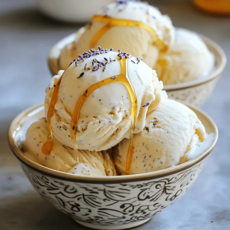 To make honey lavender ice cream, you need a few key ingredients: - 2 cups heavy cream - 1 cup whole milk - 3/4 cup honey - 2 tablespoons dried culinary lavender - 5 large egg yolks - 1 teaspoon vanilla extract - Pinch of salt Using high-quality ingredients is crucial. Culinary lavender brings a unique flavor. Look for culinary-grade lavender, not just any dried flowers. Pure honey adds sweetness while enhancing the lavender notes. Avoid processed honey, as it lacks natural flavor. If you want to make changes, there are good substitutes. You can use full-fat coconut milk instead of heavy cream for a dairy-free option. For whole milk, almond milk or oat milk works well. These substitutes may alter the flavor but can still taste great. For honey, maple syrup is a good alternative. It gives a different taste, but it pairs well with lavender. Adjust the amount to taste, as syrup can be sweeter. Enjoy experimenting with these options! To start, gather your ingredients. You need heavy cream, whole milk, honey, and dried lavender. In a medium saucepan, mix these items. Heat the mixture over medium heat. Watch it closely; you want it steaming, but not boiling. Stir it gently to blend the flavors. After about 10 minutes, remove the pan from the heat. Let it steep for 30 minutes. This step is key. It allows the lavender to infuse its lovely flavor into the cream. Be patient; this will make your ice cream taste amazing. Now, let’s make the custard. In a separate bowl, whisk together the egg yolks and a pinch of salt. This helps to add richness. Gradually pour the warm cream mixture into the bowl while whisking. This process, called tempering, keeps the yolks from scrambling. Once well combined, return the mixture to the saucepan. Cook it over low heat, stirring constantly. You want to thicken it without boiling. It should take about 5-7 minutes. The right texture is when it coats the back of a spoon. Remove it from the heat, and stir in vanilla extract. Let it cool to room temperature before refrigerating. If you don’t have an ice cream maker, don’t worry! Pour the cooled mixture into a shallow dish. Place it in the freezer. Every 30 minutes, take it out and stir. This helps break up ice crystals. Do this for about 2-3 hours until it’s thick and creamy. If you do have an ice cream maker, churn the mixture according to the instructions. Once it reaches a soft-serve consistency, transfer it to an airtight container. Freeze it for an additional 4 hours to firm up. For the best results, serve your Honey Lavender Ice Cream in elegant bowls. Add a sprinkle of dried lavender and a drizzle of honey on top. Enjoy this delightful and creamy treat! Adjust the sweetness and lavender strength to match your taste. If you want it sweeter, add more honey. For a stronger lavender taste, let the mixture steep longer. You can also mix in other flavors like lemon zest or vanilla to enhance the profile. A pinch of salt can bring out the sweetness too. Be careful not to overheat the mixture. If it boils, the ice cream can turn grainy. Always keep the heat low when thickening the base. Store the ice cream in an airtight container to prevent ice crystals. This keeps it smooth and creamy. Serve scoops in pretty bowls. Add a sprinkle of dried lavender on top. A drizzle of honey makes it look fancy. Pair it with fresh berries or shortbread cookies for a delightful treat. Enjoy your creamy creation! For the full recipe, check out the details above. {{image_2}} You can make honey lavender ice cream even more special by adding unique flavors. Consider mixing in fruits like lemon or berries. Lemon adds a bright zing to the creamy blend. You can also use berries like strawberries or blueberries for a sweet twist. These fruits bring color and freshness to your ice cream. Infusing the ice cream with herbs can also enhance the taste. Mint is a great option for a refreshing flavor. You can add a few fresh mint leaves during the heating step. Basil is another herb that adds a unique twist. Both herbs complement the lavender well and create a fun, new taste experience. If you want a dairy-free version, you can easily swap out the cream and milk. Use full-fat coconut milk or almond milk instead of heavy cream. These plant-based options will give your ice cream a rich texture. For sweetening, maple syrup works well in place of honey. It adds a nice flavor and keeps it vegan. When adjusting the recipe for dairy-free diets, be sure to check labels. Make sure your plant-based milk does not contain added sugars or fillers. This ensures you keep the ice cream creamy and delicious. By making these simple swaps, you can enjoy this delightful treat without dairy. Check the Full Recipe for more details on making this easy and tasty ice cream. Store your honey lavender ice cream in an airtight container. This keeps air out and prevents freezer burn. Make sure the lid fits tightly. Place a piece of parchment paper over the ice cream before sealing for extra protection. This method helps maintain its creamy texture. You can keep it frozen for about two weeks. After that, the flavor may fade, and the texture may change. Always check for ice crystals or off smells before eating. If you notice these signs, it's best to discard it. To soften the ice cream before serving, take it out of the freezer. Let it sit for about 10 minutes. This gentle warming helps make scooping easier. You can also run a warm scoop under hot water for a quick fix. If it gets too hard, re-churn it to restore creaminess. Place the ice cream back in your ice cream maker. Churn it for a few minutes until it's soft and smooth again. This step brings back the delightful texture you love. Enjoy your honey lavender ice cream at its best! Honey lavender ice cream is a sweet, creamy dessert. It combines the rich taste of honey with the floral notes of lavender. The texture is smooth and velvety, making each bite a delight. You get a unique flavor that feels both refreshing and calming, perfect for warm days. Yes, you can! If you lack an ice cream maker, pour the mixture into a shallow dish. Freeze it for about an hour. Then, stir it well with a fork. Repeat this process every 30 minutes until the ice cream is firm and fluffy. To get a creamy texture, watch the cooking time closely. Do not rush when cooking the custard. Stir constantly while it thickens. Let it cool completely before churning. This step helps prevent ice crystals and ensures smooth ice cream. You can find honey lavender ice cream at many specialty ice cream shops. Look for local brands that focus on unique flavors. Stores like Whole Foods and specialty grocery shops may also carry it. Always check the frozen dessert aisle for new finds. Honey offers natural sweetness and has antibacterial properties. It can help soothe a sore throat and boost energy. Lavender is known for its calming effects. It may aid in sleep and relaxation. Using them in cooking adds flavor and health benefits. Honey lavender ice cream combines delightful flavors and quality ingredients. By using pure honey and culinary lavender, you create a treat that stands out. Follow the step-by-step guide for a creamy base and tips to avoid common mistakes. Don't forget to explore variations for exciting twists and to choose proper storage methods for the best texture. With the right approach, you can make this delicious dessert at home. Enjoy the sweet rewards and share this delightful treat with friends and family.