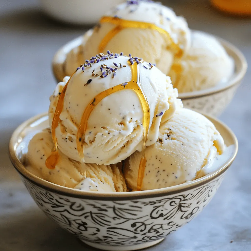 To make honey lavender ice cream, you need a few key ingredients: - 2 cups heavy cream - 1 cup whole milk - 3/4 cup honey - 2 tablespoons dried culinary lavender - 5 large egg yolks - 1 teaspoon vanilla extract - Pinch of salt Using high-quality ingredients is crucial. Culinary lavender brings a unique flavor. Look for culinary-grade lavender, not just any dried flowers. Pure honey adds sweetness while enhancing the lavender notes. Avoid processed honey, as it lacks natural flavor. If you want to make changes, there are good substitutes. You can use full-fat coconut milk instead of heavy cream for a dairy-free option. For whole milk, almond milk or oat milk works well. These substitutes may alter the flavor but can still taste great. For honey, maple syrup is a good alternative. It gives a different taste, but it pairs well with lavender. Adjust the amount to taste, as syrup can be sweeter. Enjoy experimenting with these options! To start, gather your ingredients. You need heavy cream, whole milk, honey, and dried lavender. In a medium saucepan, mix these items. Heat the mixture over medium heat. Watch it closely; you want it steaming, but not boiling. Stir it gently to blend the flavors. After about 10 minutes, remove the pan from the heat. Let it steep for 30 minutes. This step is key. It allows the lavender to infuse its lovely flavor into the cream. Be patient; this will make your ice cream taste amazing. Now, let’s make the custard. In a separate bowl, whisk together the egg yolks and a pinch of salt. This helps to add richness. Gradually pour the warm cream mixture into the bowl while whisking. This process, called tempering, keeps the yolks from scrambling. Once well combined, return the mixture to the saucepan. Cook it over low heat, stirring constantly. You want to thicken it without boiling. It should take about 5-7 minutes. The right texture is when it coats the back of a spoon. Remove it from the heat, and stir in vanilla extract. Let it cool to room temperature before refrigerating. If you don’t have an ice cream maker, don’t worry! Pour the cooled mixture into a shallow dish. Place it in the freezer. Every 30 minutes, take it out and stir. This helps break up ice crystals. Do this for about 2-3 hours until it’s thick and creamy. If you do have an ice cream maker, churn the mixture according to the instructions. Once it reaches a soft-serve consistency, transfer it to an airtight container. Freeze it for an additional 4 hours to firm up. For the best results, serve your Honey Lavender Ice Cream in elegant bowls. Add a sprinkle of dried lavender and a drizzle of honey on top. Enjoy this delightful and creamy treat! Adjust the sweetness and lavender strength to match your taste. If you want it sweeter, add more honey. For a stronger lavender taste, let the mixture steep longer. You can also mix in other flavors like lemon zest or vanilla to enhance the profile. A pinch of salt can bring out the sweetness too. Be careful not to overheat the mixture. If it boils, the ice cream can turn grainy. Always keep the heat low when thickening the base. Store the ice cream in an airtight container to prevent ice crystals. This keeps it smooth and creamy. Serve scoops in pretty bowls. Add a sprinkle of dried lavender on top. A drizzle of honey makes it look fancy. Pair it with fresh berries or shortbread cookies for a delightful treat. Enjoy your creamy creation! For the full recipe, check out the details above. {{image_2}} You can make honey lavender ice cream even more special by adding unique flavors. Consider mixing in fruits like lemon or berries. Lemon adds a bright zing to the creamy blend. You can also use berries like strawberries or blueberries for a sweet twist. These fruits bring color and freshness to your ice cream. Infusing the ice cream with herbs can also enhance the taste. Mint is a great option for a refreshing flavor. You can add a few fresh mint leaves during the heating step. Basil is another herb that adds a unique twist. Both herbs complement the lavender well and create a fun, new taste experience. If you want a dairy-free version, you can easily swap out the cream and milk. Use full-fat coconut milk or almond milk instead of heavy cream. These plant-based options will give your ice cream a rich texture. For sweetening, maple syrup works well in place of honey. It adds a nice flavor and keeps it vegan. When adjusting the recipe for dairy-free diets, be sure to check labels. Make sure your plant-based milk does not contain added sugars or fillers. This ensures you keep the ice cream creamy and delicious. By making these simple swaps, you can enjoy this delightful treat without dairy. Check the Full Recipe for more details on making this easy and tasty ice cream. Store your honey lavender ice cream in an airtight container. This keeps air out and prevents freezer burn. Make sure the lid fits tightly. Place a piece of parchment paper over the ice cream before sealing for extra protection. This method helps maintain its creamy texture. You can keep it frozen for about two weeks. After that, the flavor may fade, and the texture may change. Always check for ice crystals or off smells before eating. If you notice these signs, it's best to discard it. To soften the ice cream before serving, take it out of the freezer. Let it sit for about 10 minutes. This gentle warming helps make scooping easier. You can also run a warm scoop under hot water for a quick fix. If it gets too hard, re-churn it to restore creaminess. Place the ice cream back in your ice cream maker. Churn it for a few minutes until it's soft and smooth again. This step brings back the delightful texture you love. Enjoy your honey lavender ice cream at its best! Honey lavender ice cream is a sweet, creamy dessert. It combines the rich taste of honey with the floral notes of lavender. The texture is smooth and velvety, making each bite a delight. You get a unique flavor that feels both refreshing and calming, perfect for warm days. Yes, you can! If you lack an ice cream maker, pour the mixture into a shallow dish. Freeze it for about an hour. Then, stir it well with a fork. Repeat this process every 30 minutes until the ice cream is firm and fluffy. To get a creamy texture, watch the cooking time closely. Do not rush when cooking the custard. Stir constantly while it thickens. Let it cool completely before churning. This step helps prevent ice crystals and ensures smooth ice cream. You can find honey lavender ice cream at many specialty ice cream shops. Look for local brands that focus on unique flavors. Stores like Whole Foods and specialty grocery shops may also carry it. Always check the frozen dessert aisle for new finds. Honey offers natural sweetness and has antibacterial properties. It can help soothe a sore throat and boost energy. Lavender is known for its calming effects. It may aid in sleep and relaxation. Using them in cooking adds flavor and health benefits. Honey lavender ice cream combines delightful flavors and quality ingredients. By using pure honey and culinary lavender, you create a treat that stands out. Follow the step-by-step guide for a creamy base and tips to avoid common mistakes. Don't forget to explore variations for exciting twists and to choose proper storage methods for the best texture. With the right approach, you can make this delicious dessert at home. Enjoy the sweet rewards and share this delightful treat with friends and family.