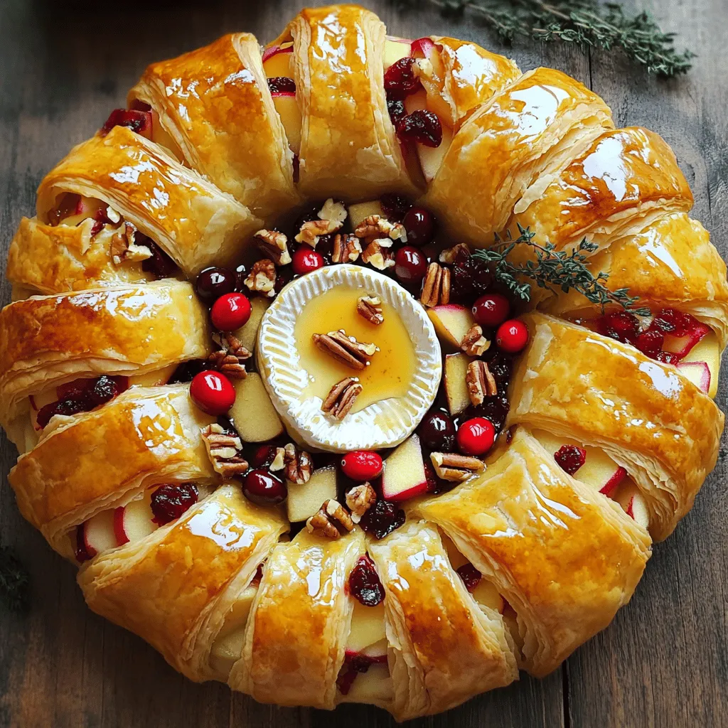 Cooking this Baked Brie and Cran Apple Puff Pastry Wreath is simple and fun. You need to gather a few key ingredients that come together to create a delicious treat. - 1 sheet of puff pastry, thawed - 8 oz wheel of Brie cheese - 1 cup fresh cranberries - 1 medium apple, diced (preferably Granny Smith) - 1/4 cup brown sugar - 1/2 teaspoon cinnamon - 1 tablespoon maple syrup - 1 egg, beaten (for egg wash) - Chopped pecans, for garnish (optional) - Fresh thyme or rosemary, for garnish (optional) Using good-quality ingredients makes a big difference. The Brie cheese needs to be creamy and rich. Fresh cranberries give a nice tartness, while the apple adds sweetness. Brown sugar and cinnamon blend perfectly for a lovely flavor. Maple syrup adds a hint of earthiness. You can skip the optional garnishes, but they make your dish look even better. This recipe is all about balance. You want every bite to taste great, so choose your ingredients wisely. For the full recipe, check the details above. - Preheat the Oven Start by preheating your oven to 400°F (200°C). This step is vital for achieving a perfect bake. - Cook the Cran Apple Mixture In a medium saucepan, mix together the fresh cranberries, diced apple, brown sugar, cinnamon, and maple syrup. Cook this over medium heat. Stir until the cranberries burst and the mixture thickens, about 5-7 minutes. Once done, remove it from the heat and let it cool slightly. - Roll Out Puff Pastry Take your thawed puff pastry and place it on a lightly floured surface. Roll it out into a large circle, aiming for a diameter of about 14 inches. This will be the base of your wreath. - Create Triangles Next, cut the puff pastry into triangles. Start by making a small circle in the center for the Brie cheese. Then slice from the edge of the circle towards the center, creating 12 equal triangles. This will help form the wreath shape later. - Assemble the Wreath Place the wheel of Brie in the center of the pastry circle. Spoon the cran apple mixture over the Brie, making sure to cover it evenly. Now, fold the triangles of puff pastry over the filling. Tuck the tips under the cheese and overlap them slightly to create that beautiful wreath shape. - Brush with Egg Wash Take your beaten egg and brush it over the puff pastry. This will give the wreath a lovely golden color as it bakes. - Bake the Wreath Place the assembled wreath in the preheated oven. Bake for 20-25 minutes, or until the pastry is golden brown and flaky. Keep an eye on it to avoid burning. - Cooling and Serving Once baked, let the wreath cool for a few minutes. Then, transfer it to a serving platter. For a lovely finish, you can garnish it with chopped pecans and fresh thyme or rosemary if you like. For the full recipe, including detailed ingredient lists, check out the [Full Recipe]. Tips for Puff Pastry - Make sure the puff pastry is cold. Cold pastry puffs up better. - Roll it out on a floured surface to avoid sticking. - Keep the edges thick for a nice rise during baking. Cheese Selection Tips - Use a soft Brie for creamy texture and rich flavor. - You can mix in a little goat cheese for added tang. - Ensure the cheese is at room temperature for easy melting. Tips for Optimal Browning - Brush the pastry with a beaten egg for a golden look. - Bake at 400°F (200°C) for even browning. - Keep an eye on it; ovens can vary in heat. Best Dipping Accompaniments - Serve with crispy crackers for a nice crunch. - Sliced baguette pairs well with the warm cheese. - Fresh veggies like carrot sticks add a fresh bite. Garnishing Ideas - Sprinkle chopped pecans on top for a nutty crunch. - Add fresh thyme or rosemary for a pop of color. - A drizzle of honey can enhance the sweetness. Presentation Tips - Place the wreath on a large platter for a festive look. - Surround it with fruits or nuts for color. - Serve warm for the best flavor and texture. For the full recipe, refer to the detailed cooking instructions provided earlier. {{image_2}} - Alternative Cheeses You can use different cheeses if Brie isn't your favorite. Camembert or goat cheese work well. They both melt nicely and add their own unique flavors. - Different Fruit Options Change up the fruit for new taste. Pears, figs, or even dried fruits can add a sweet touch. They mix well with the cheese and add more texture. - Sweeteners Variations If you prefer less sugar, try honey or agave syrup. These sweeteners can enhance flavors without being too sweet. They also add a nice glaze to the dish. - Spices to Enhance Flavor Try adding nutmeg or ginger for a spicy kick. A dash of allspice can also bring warmth to the dish. These spices can elevate the taste and excite your palate. - Adding Nuts or Seeds Mix in chopped walnuts or almonds for crunch. Sunflower seeds can also add a fun texture. They provide a nice contrast to the soft cheese and buttery pastry. - Adding Fresh Herbs Fresh herbs like basil or chives can brighten the dish. They add a fresh note that balances the rich flavors. Don't be afraid to experiment with different herbs for your personal twist. Explore more ideas and check out the full recipe for your next gathering! To keep your Baked Brie and Cran Apple Puff Pastry Wreath fresh, store leftovers right. Place the wreath in an airtight container. You can keep it in the fridge for up to three days. To prevent sogginess, avoid stacking it with other items. If you want to freeze the wreath, wrap it tightly in plastic wrap, then place it in a freezer bag. This method can keep it good for up to three months. To reheat your wreath, preheat the oven to 350°F (175°C). Place the wreath on a baking tray. Cover it with foil to prevent the pastry from burning. Bake for about 15-20 minutes or until warm. This method helps keep the puff pastry crispy. Avoid microwaving, as this can make the pastry chewy. For best results, always reheat in the oven for that delightful crunch. Yes, you can use frozen puff pastry. Just thaw it before you roll it out. It works just as well as fresh pastry. The wreath is done when the pastry turns golden brown. Look for a flaky and crisp texture. Store leftovers in the fridge for up to three days. Cover them tightly to keep them fresh. Yes, you can prepare the wreath ahead of time. Just bake it when you're ready to serve. Try serving it with honey, balsamic glaze, or a fruit chutney. They add great flavors to the dish. Feel free to check out the Full Recipe for more details on this delicious treat! This blog post covered how to make a delicious puff pastry wreath with brie and cranberries. You learned about the key ingredients and saw step-by-step instructions for making it. Tips helped troubleshoot common issues and suggested variations to try. Proper storage and reheating techniques ensure your leftovers stay tasty. Enjoy creating this fun dish that impresses everyone. Cooking should be joyful and fulfilling. Dive in, and let your creativity shine!