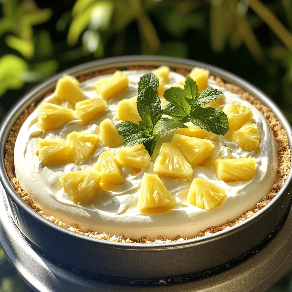 - 1 ½ cups graham cracker crumbs - ½ cup unsweetened shredded coconut - ½ cup unsalted butter, melted - 1 (8 oz) package cream cheese, softened - ½ cup powdered sugar - 1 teaspoon vanilla extract - 1 (8 oz) container whipped topping, thawed - 1 cup crushed pineapple, drained - ½ cup pineapple chunks, for garnish - Fresh mint leaves, for garnish (optional) To create this dessert, you need a few simple ingredients. The graham cracker crumbs form the base. The coconut adds a nice texture. Cream cheese makes the filling creamy and rich. The crushed pineapple gives a tropical twist. Do you need some alternatives? You can use gluten-free graham crackers for a gluten-free option. For a dairy-free version, try using vegan cream cheese. You can also use coconut cream instead of whipped topping. This makes it rich and creamy without dairy. You will need a few essential tools. A 9-inch springform pan is important for easy removal of the dessert. A medium bowl helps mix the crust, while a large bowl is for the filling. An electric mixer will quickly blend the cream cheese and sugar. Lastly, a spatula is useful for smoothing the filling. For the complete steps to make this dessert, check out the Full Recipe. To make the crust, start with graham cracker crumbs. You need 1 ½ cups. Next, add ½ cup of unsweetened shredded coconut. Then, pour in ½ cup of melted unsalted butter. Mix these ingredients in a medium bowl. Stir until it looks like wet sand. Now, take a 9-inch springform pan. Press the crumb mixture firmly into the bottom. Make sure it is even. This will create a solid base for your cheesecake. Once done, place the pan in the fridge. Let it chill while you make the filling. Next, grab a large bowl. You will need 1 (8 oz) package of softened cream cheese. Beat it with an electric mixer until smooth. Slowly add ½ cup of powdered sugar. Mix until it is fluffy. This should take a few minutes. Then, add 1 teaspoon of vanilla extract. Blend until combined. Now it's time for the fun part! Gently fold in 1 (8 oz) container of thawed whipped topping. Make sure it is well blended. Finally, fold in 1 cup of drained crushed pineapple. This will add the tropical flavor that makes it special. Now you are ready to assemble! Pour the cheesecake filling over the chilled crust. Use a spatula to smooth the top. Cover the springform pan with plastic wrap. Place it back in the fridge. Chill for at least 4 hours. For the best firmness, chill overnight. After chilling, carefully remove the springform pan. Decorate the top with pineapple chunks and fresh mint leaves. This adds a nice touch before serving. Enjoy your delightful no-bake pineapple cheesecake dessert! To make a creamy no-bake cheesecake, start with soft cream cheese. Beat it until smooth with an electric mixer. Mix well with powdered sugar for sweetness. Add vanilla extract for flavor and mix again. Gently fold in whipped topping for lightness. Finally, add drained crushed pineapple slowly. This keeps the mixture airy and smooth. Avoid over-mixing, as it can make the texture dense. When serving, cut the cheesecake into even slices. Each slice should be about one inch thick. This size is perfect for enjoying the flavors. For a pretty look, top each slice with pineapple chunks and mint leaves. The green mint adds a nice touch to the yellow pineapple. Use a clean knife for each cut to keep edges smooth. To keep the dessert fresh, cover it tightly with plastic wrap. Store in the fridge for up to five days. If you want to save it longer, you can freeze it. Wrap slices in plastic, then place them in an airtight container. Frozen cheesecake can last for up to two months. Thaw it in the fridge before serving for the best taste. {{image_2}} You can make this dessert even more fun by adding other fruits. Try mango or coconut for a tropical touch. You can mix in diced mango with the crushed pineapple. This adds a sweet, juicy burst to each bite. For coconut lovers, use more shredded coconut in the crust or the filling. It brings a lovely texture and flavor. Want to change the taste? Add extracts like almond or lemon. Just a few drops can really change the game. You can also play with spices. A pinch of cinnamon or nutmeg can add warmth to your cheesecake. Experimenting with flavors makes this dessert your own. Pair your cheesecake with sauces for extra flavor. Drizzle caramel or chocolate sauce on top before serving. Fresh fruit on the side, like strawberries or kiwi, adds color and taste. You can also serve it with whipped cream for a fluffy finish. These simple touches elevate your no-bake cheesecake delight. For the full recipe, check out the No-Bake Pineapple Cheesecake Delight! To keep your no-bake pineapple cheesecake fresh, store it in the fridge. Use an airtight container or wrap it tightly with plastic wrap. This helps prevent the dessert from absorbing other smells and flavors in the fridge. If you want to store it longer, you can freeze it. Just make sure to wrap it well to avoid freezer burn. In the fridge, your cheesecake will stay good for about 3 to 4 days. If you freeze it, it can last for up to 2 months. Just remember that freezing may change the texture a bit when you thaw it. For the best taste and texture, try to eat it within that time. You don’t really need to reheat this dessert. If it’s too firm after freezing, let it sit at room temperature for about 15 minutes. This will soften it just enough for easy slicing. Serve it chilled for the best flavor! For the full recipe, check out the complete instructions above. Yes, you can use fresh pineapple. Fresh pineapple adds a bright, juicy taste. Just make sure to chop it into small pieces. You should also drain it well, as extra juice can make the cheesecake runny. Canned pineapple is sweet and soft, so it blends easily. Fresh pineapple gives a more vibrant flavor and texture. Both options work well; it just depends on your taste. The no-bake cheesecake should chill for at least 4 hours. For the best results, chill it overnight. This will help it set firmly. If you cut it too soon, it may fall apart. A longer chill time allows the flavors to blend nicely. Make sure to cover it with plastic wrap so it stays fresh in the fridge. If you need a cream cheese substitute, you have options. You can use Greek yogurt for a tangy flavor. Silken tofu works well for a dairy-free choice. Another option is to use a vegan cream cheese. These substitutes will keep the cheesecake creamy and tasty. Each option has its own flavor, so choose based on what you prefer. In this post, I shared how to make a no-bake pineapple cheesecake. We covered ingredients, substitutions, and tools you need. I gave step-by-step instructions for the crust and filling. You also learned tips for a smooth texture and how to serve it well. No matter your preferences, this dessert offers many options to make it your own. Enjoy experimenting with tropical flavors and unique toppings. Keep it fresh with proper storage. No-bake cheesecakes can be fun and easy—perfect for any occasion!