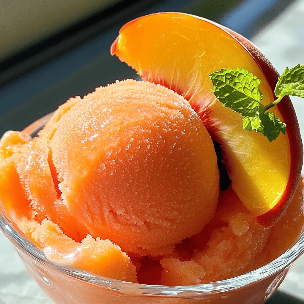 - 4 ripe peaches, peeled and diced - 1/2 cup coconut milk - 1/4 cup maple syrup - 1 tablespoon lemon juice - 1 teaspoon fresh ginger, grated - Pinch of salt - Slices of fresh peach - Mint sprigs - Blender or food processor - Shallow dish or baking pan In making dairy-free peach sorbet, you need a few simple ingredients. The peaches are the star of this treat. Choose ripe peaches to get the sweetest flavor. Coconut milk gives the sorbet its creamy texture without any dairy. Maple syrup adds sweetness, while lemon juice brightens the taste. Fresh ginger gives a nice kick, and a pinch of salt enhances all the flavors. You can add some garnishes if you want. Fresh peach slices look pretty and taste great. A sprig of mint adds a nice touch too! To blend everything smoothly, a good blender or food processor works best. After mixing, pour the blend into a shallow dish or baking pan to freeze. These tools make the process easy and fun! For the full recipe, check out the instructions in the next section. Start by peeling your ripe peaches. Make sure to choose peaches that are soft and sweet. After peeling, dice them into smaller pieces. This helps the blending process. Next, place the diced peaches into a blender or food processor. Add the following ingredients: - 1/2 cup coconut milk - 1/4 cup maple syrup - 1 tablespoon lemon juice - 1 teaspoon fresh ginger, grated - Pinch of salt These ingredients create a delicious mix. The coconut milk adds creaminess, while the maple syrup gives sweetness. The lemon juice and ginger add a nice zing. Now it’s time to blend. Turn on your blender and mix the ingredients until smooth. You want a creamy texture with no fruit chunks. If it tastes too tart, add more maple syrup to sweeten it. Once blended, pour the mixture into a shallow dish or baking pan. Spread it out evenly. This helps it freeze faster. Place the dish in the freezer and let it freeze for about 2 hours. After 2 hours, check your sorbet. The edges should start to solidify. Take the dish out of the freezer. Use a fork to scrape and stir the mixture. This breaks up any icy parts. Return the dish to the freezer. Wait another 2 to 3 hours. You want the sorbet to be firm but still scoopable. Before serving, let it sit at room temperature for a few minutes. This softens it, making it easier to scoop. Serve in chilled bowls or cones. You can add a slice of fresh peach or a sprig of mint for a nice touch. Enjoy your creamy and simple dairy-free peach sorbet! - Tips for selecting ripe peaches: Choose peaches that feel soft but not mushy. The skin should have a nice blush. Ripe peaches smell sweet and fragrant. If you can find local peaches, they often taste best. - Adjusting sweetness levels: Taste the blended mixture before freezing. If it needs more sweetness, add maple syrup. Start with small amounts, and blend again. You want it sweet but not overly sugary. - Adding spices or extracts: For a twist, add a pinch of cinnamon or nutmeg. You can also try vanilla extract for a richer taste. Ginger adds a nice spice, too. - Incorporating other fruits: Mix in berries for added tartness. Mango or pineapple can bring a tropical vibe. Just remember to keep the fruit ratios balanced. - Fixing sorbet that is too icy: If your sorbet is too icy, let it sit at room temp for a few minutes before scooping. You can also blend it again before serving to smooth it out. - Adjusting frozen texture: If the sorbet is too hard, scrape it with a fork after two hours in the freezer. This helps break up icy bits and gives it a smoother texture. {{image_2}} You can mix peaches with other fruits for fun flavors. Berries like strawberries and blueberries pair well with peaches. This mix adds sweetness and a burst of color. You can also use tropical fruits like mango or pineapple. These fruits will bring a bright, sunny taste to your sorbet. If you want to change the sweetness, try using agave syrup or honey. Both options give a unique flavor. For those avoiding sugar, you can find sugar-free sweeteners. Just remember to adjust the amount based on your taste. To make your sorbet more interesting, add herbs like basil or mint. These herbs give the sorbet a fresh kick. You can also infuse it with different citrus juices. A splash of lime or orange juice can really brighten the flavors. Explore these variations to find your perfect sorbet! For the full recipe, check out the Sweet Summer Peach Sorbet. To keep your dairy-free peach sorbet fresh, store it in the freezer. Use an airtight container or a shallow dish to hold the sorbet. This way, it won’t absorb any unwanted odors. Cover the top with plastic wrap before sealing the lid. This extra layer keeps moisture out and flavor in. For the best taste, eat your sorbet within two weeks. After that, it may lose some flavor and texture. Check for signs of freezer burn, like icy crystals on the surface. If you see these, the texture may be affected, but it is still safe to eat. Yes, you can re-freeze sorbet if it starts to melt. But, this may change the texture. To restore the texture, use a fork to break up the sorbet after it melts. Stir it well and refreeze. This will help bring back some creaminess. For more tips, you can check the Full Recipe for a perfect sorbet experience. To make dairy-free peach sorbet, start with ripe peaches. Peel and dice them. Place the diced peaches in a blender. Add coconut milk, maple syrup, lemon juice, grated ginger, and a pinch of salt. Blend until smooth. Pour the mix into a shallow dish. Freeze for about two hours. When it starts to freeze, scrape it with a fork. This breaks up icy bits. Freeze again for two to three hours until firm. Yes, you can use frozen peaches! They are a great option. If using frozen peaches, let them thaw a bit first. Drain excess liquid before blending. This keeps the sorbet from being too watery. The taste will still be delicious, and you won't lose that peach flavor. If you don't want coconut milk, try almond milk or cashew milk. These nut-based milks work well. You can also use oat milk for a creamy texture. Just choose unsweetened versions to keep the flavor balanced. Each option will change the taste slightly, but the sorbet will still be good. Yes, this sorbet is vegan-friendly! All the ingredients are plant-based. Peaches, coconut milk, and maple syrup are all vegan. You can enjoy this treat without any animal products. This makes it a great choice for everyone, regardless of diet. This blog post covered everything you need to make tasty dairy-free peach sorbet. We started with the simple ingredients: ripe peaches, coconut milk, and maple syrup. Then, I gave you step-by-step instructions to create the perfect texture. I shared tips for flavors and storage to ensure your sorbet stays fresh. Experimenting with fruits and sweeteners can lead to new treats. By following these steps, you’ll make a delicious dessert that everyone can enjoy. Get ready to impress your friends and family with your sorbet-making skills!