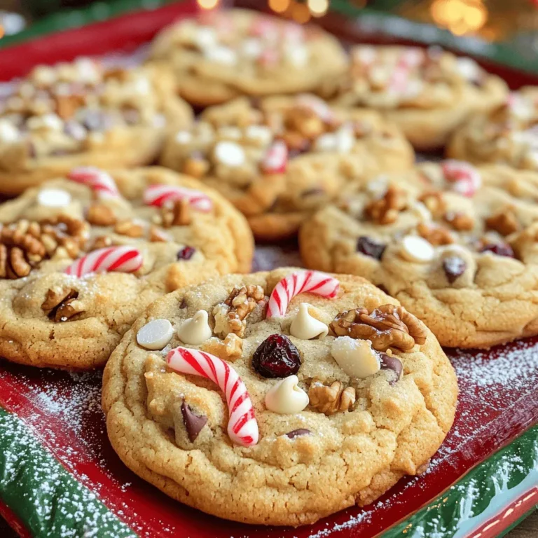For these Kitchen Sink Christmas Cookies, you need a mix of tasty ingredients. Here’s the full list: - 2 ¼ cups all-purpose flour - 1 teaspoon baking soda - ½ teaspoon salt - 1 cup unsalted butter, softened - ¾ cup brown sugar, packed - ¾ cup granulated sugar - 2 large eggs - 1 teaspoon vanilla extract - 1 cup semi-sweet chocolate chips - ½ cup white chocolate chips - ½ cup crushed candy canes - ½ cup chopped walnuts or pecans - ½ cup dried cranberries or raisins - ½ teaspoon ground cinnamon Each ingredient plays a special role. The flour gives structure. The butter adds richness. Sugars bring sweetness, and eggs help bind everything. Chocolate chips add delight. Crushed candy canes give a festive crunch. Nuts add a nice texture, and dried fruit adds a hint of chewiness. The cinnamon warms up the flavor. Gather these items before you start. Having everything ready makes baking easy. Trust me; these cookies will become a holiday favorite! For the full recipe, check below! Start by preheating your oven to 350°F (175°C). This step is key. While the oven heats, line two baking sheets with parchment paper. This keeps the cookies from sticking. In a medium bowl, whisk together the all-purpose flour, baking soda, salt, and ground cinnamon. Make sure to mix them well. This helps to evenly distribute the leavening agents. Set this bowl aside for later. In a large mixing bowl, cream together the softened butter, brown sugar, and granulated sugar. Use an electric mixer on medium speed. Mix until the mixture is light and fluffy. This process takes about 3 to 5 minutes. Add the eggs, one at a time, beating well after each addition. Then, mix in the vanilla extract until combined. Gradually add the dry flour mixture to the wet mixture. Mix on low speed just until combined. Avoid overmixing; this keeps your cookies tender. Using a spatula, fold in the semi-sweet chocolate chips, white chocolate chips, crushed candy canes, chopped nuts, and dried cranberries. Make sure everything is evenly mixed. Each bite should offer a burst of flavor and texture. Using a tablespoon or cookie scoop, drop rounded balls of dough onto the prepared baking sheets. Leave space between each ball. Bake in the preheated oven for 10-12 minutes. The edges should be golden brown. The centers may seem soft, but they will firm up as they cool. After baking, let the cookies cool on the sheets for 5 minutes. Then, transfer them to wire racks to cool completely. For the full recipe, refer to the earlier section. To get the right texture, you need to pay close attention to a few details. First, measure your flour correctly. Too much flour can make cookies dry. Use a spoon to scoop flour into your cup, then level it off. This method helps you avoid adding too much. Next, don’t overmix the dough. Mix until the ingredients just blend together. Overmixing can lead to tough cookies. Lastly, try chilling the dough for 30 minutes before baking. This step helps the cookies hold their shape better. When you mix your dough, always start with soft butter. Cold butter doesn’t cream well, which affects the final result. Cream the butter and sugars until light and fluffy. This process adds air, making cookies soft and chewy. Add eggs one at a time, mixing well after each. This ensures even blending. When you add dry ingredients, mix on low speed. This way, you keep the air in the dough. Remember to fold in your mix-ins gently. This keeps your cookie dough thick and rich. Cooling cookies properly is key to keeping their texture. Let them sit on the baking sheet for about 5 minutes after baking. This helps them firm up. Then, transfer them to a wire rack to cool completely. For storage, keep your cookies in an airtight container. This helps maintain their freshness. You can also freeze these cookies. Just place them in a freezer bag. They will last for up to three months this way. Enjoy your Kitchen Sink Christmas Cookies any time! For the full recipe, check out the complete guide. {{image_2}} You can make these cookies your own with fun mix-ins. Here are some ideas: - Peanut butter chips for a nutty twist. - Toffee bits add a caramel crunch. - Marshmallows give a chewy texture. - Chopped dried fruits, like apricots or figs, bring sweetness. Try mixing and matching to find your favorite combo! Want to make these cookies gluten-free? Use a gluten-free flour blend. Look for blends that mimic all-purpose flour. This way, you keep the same great taste. Check the label to ensure it has xanthan gum. It helps bind the ingredients together. For a vegan version, swap out a few ingredients: - Use vegan butter instead of regular butter. - Substitute flax eggs for regular eggs. Mix 1 tablespoon of ground flaxseed with 2.5 tablespoons of water. Let it sit until it thickens. - Choose dairy-free chocolate chips to keep it vegan-friendly. With these swaps, you’ll still enjoy delicious, festive cookies! Feel free to explore these variations with the Full Recipe for Kitchen Sink Christmas Cookies. To keep your Kitchen Sink Christmas Cookies fresh, store them in an airtight container. This helps keep them soft and chewy. Layer the cookies with parchment paper to avoid sticking. If you have different types of cookies, store them separately. Mixing flavors can change their taste. You can freeze these cookies for later enjoyment. First, let the cookies cool completely. Place them in a single layer on a baking sheet. Freeze for about 2 hours, until solid. Then, transfer them to a freezer-safe bag or container. Label the bag with the date. They can last up to three months in the freezer. When stored properly, the cookies stay fresh for about one week at room temperature. If you freeze them, you can enjoy them for up to three months. Remember, they taste best within the first few weeks. For the freshest flavor, eat them soon after baking. You will want to savor these delightful treats. Enjoy every bite! Kitchen Sink Christmas Cookies get their name because they use many different mix-ins. You can add almost anything you like. This includes chocolate chips, nuts, and dried fruits. The idea is to throw in all your favorites, just like a kitchen sink collects everything. This makes each bite unique and fun! Yes, you can! Feel free to swap semi-sweet chocolate chips for dark chocolate or milk chocolate chips. You can even mix all three types of chocolate for a sweet treat. Each type adds its own flavor and richness. Experimenting with chocolate is a great way to personalize your cookies. To get a soft center, do not overbake your cookies. Bake them until they are golden brown around the edges but still soft in the middle. The cookies will continue to cook a bit after you take them out. You can also chill the dough for a bit before baking. This helps keep the center soft and chewy. If you need an egg substitute, you can use unsweetened applesauce or mashed banana. Use 1/4 cup of either for each egg. You can also try flax eggs. To make one, mix 1 tablespoon of ground flaxseed with 2.5 tablespoons of water. Let it sit for a few minutes to thicken. You can get creative with your cookie decorations! Try drizzling melted chocolate on top or adding sprinkles. Crushed candy canes make great holiday decorations too. You can even use icing to write fun messages. Let your imagination run wild to make these cookies festive and fun! This guide showed you how to make Kitchen Sink Christmas Cookies. We detailed ingredients, step-by-step instructions, and tips for the perfect cookies. You learned about variations and how to store them for later. Experiment with mix-ins and flavors to make it your own. The more you bake, the better you’ll get at it. Have fun and enjoy sharing these delicious cookies with others!