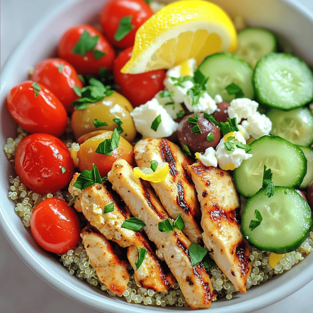 To make the Greek chicken bowl, you need these key items: - 2 boneless, skinless chicken breasts - 2 tablespoons olive oil - 1 tablespoon dried oregano - 1 teaspoon garlic powder - 1 teaspoon paprika - Salt and pepper to taste - 1 cup quinoa, rinsed - 2 cups vegetable broth or water - 1 large cucumber, diced - 1 pint cherry tomatoes, halved - 1 cup kalamata olives, pitted and sliced - 1/2 red onion, finely chopped - 1 cup feta cheese, crumbled - 1/4 cup fresh parsley or dill, chopped - Zest and juice of 1 lemon These ingredients create a bright and flavorful dish. The chicken brings protein, while the quinoa adds fiber. The veggies and olives provide crunch and zest. Feel free to mix it up with these optional add-ins: - Avocado slices for creaminess - Grilled zucchini or bell peppers for more veggies - Chickpeas for extra protein - Tzatziki sauce for a cool, creamy touch You can also swap the quinoa for brown rice or couscous. Each choice gives a unique flavor and texture. This Greek chicken bowl serves four and packs a lot of nutrition. Each serving contains: - Calories: Approximately 450 - Protein: About 30 grams - Carbohydrates: Roughly 40 grams - Fat: Around 20 grams - Fiber: About 5 grams This meal is balanced and filling. It supports energy and keeps you satisfied. For more details on the recipe, check out the Full Recipe. First, let’s make the marinade. In a medium bowl, mix together these ingredients: - 2 tablespoons olive oil - 1 tablespoon dried oregano - 1 teaspoon garlic powder - 1 teaspoon paprika - Salt and pepper to taste Add the chicken breasts to the bowl. Make sure to coat them well with the marinade. Cover the bowl and let it sit for at least 30 minutes. If you have time, let it marinate overnight in the fridge. This step gives the chicken great flavor. While your chicken marinates, it’s time to cook the quinoa. Grab a saucepan and add 2 cups of vegetable broth or water. Bring it to a boil. Once boiling, add 1 cup of rinsed quinoa. Lower the heat to a simmer, cover the pot, and let it cook for about 15 minutes. Check the quinoa; it should absorb all the liquid. After cooking, fluff it with a fork. Now, it’s time to grill the chicken. Preheat your grill or skillet to medium-high heat. Place the marinated chicken on the grill. Cook it for about 6-7 minutes on each side. Check the internal temperature; it should reach 165°F (75°C). Once done, take it off the heat and let it rest for a few minutes. After resting, slice the chicken into strips to serve in your bowl. These steps will help you create a tasty Greek chicken bowl. For the complete recipe, check the Full Recipe section. Enjoy your cooking! To get the most flavor from your chicken, marinate it well. I mix olive oil, oregano, garlic powder, paprika, salt, and pepper in a bowl. Coat the chicken breasts fully with this mix. Letting it sit for at least 30 minutes helps the flavors soak in. For even more taste, marinate overnight. Cooking the chicken right is key for juiciness. After marinating, preheat your grill or skillet over medium-high heat. Cook the chicken for 6-7 minutes on each side. Use a meat thermometer to check when it reaches 165°F (75°C). Let it rest for a few minutes before slicing. This keeps the juices in. How you serve your Greek chicken bowl makes it special. Start with a base of fluffy quinoa. Then, top it with sliced chicken and a fresh Mediterranean salad mix. Add diced cucumber, halved cherry tomatoes, olives, red onion, and crumbled feta cheese. A sprinkle of chopped parsley or dill adds a nice touch. For a pop of color, finish with a lemon wedge. This makes the dish bright and inviting! {{image_2}} You can easily make a vegetarian Greek bowl. Simply replace chicken with roasted chickpeas or grilled veggies. Both options add great flavor and texture. Use zucchini, bell peppers, or eggplant for a tasty mix. These veggies pair well with the Mediterranean flavors. You can also add extra feta cheese or avocado for creaminess. Feel free to switch up the seasonings. Instead of oregano, try thyme or rosemary for a different taste. A dash of cumin gives it a warm flavor. You could also add smoked paprika for a hint of smokiness. Experiment with spices to find your favorite blend. Each one will change the bowl’s character and make it unique. Customize your toppings to suit your taste. Add grilled artichokes or roasted red peppers for extra flavor. You might also like to include fresh spinach or arugula for a peppery bite. Nuts like pistachios or almonds add crunch. Don't forget about the dressing! A drizzle of tahini or yogurt sauce can really elevate the dish. This flexibility lets you create a bowl that’s just right for you. To store leftovers, let the Greek chicken bowl cool to room temperature. Place the chicken, quinoa, and salad in separate airtight containers. This keeps each part fresh. Store them in the fridge for up to three days. You can freeze the Greek chicken bowl for later. First, let everything cool down. Then, put the chicken and quinoa in freezer-safe bags. Make sure to squeeze out as much air as possible. You can freeze the salad mix, but leave out the feta and fresh herbs. This helps keep them fresh. Use the frozen meal within three months for the best taste. When ready to eat, thaw the chicken and quinoa overnight in the fridge. You can reheat them in the microwave or on the stovetop. Heat until warmed through, about 2-3 minutes in the microwave. For the salad, add fresh herbs and feta after reheating to keep flavors bright. Enjoy your meal! You can use rice, couscous, or farro. Each option adds a unique taste. Brown rice is healthy and fills you up. Couscous cooks fast and is light. Farro has a chewy texture and nutty flavor. Choose what fits your meal best! Yes, you can prep this dish in advance. Marinate the chicken a day before. Cook the quinoa and store it in the fridge. You can also chop veggies ahead. Just combine everything before serving for fresh taste. You can serve it with pita bread or tzatziki sauce. A fresh Greek salad pairs nicely too. You might add some roasted vegetables for extra color. For dessert, try a light yogurt with honey and nuts. Enjoy a complete Mediterranean meal! This post covered how to make a tasty Greek chicken bowl. We looked at key ingredients, step-by-step cooking, and tips for great flavor. You learned about variations, storage, and answers to common questions. Try different ingredients to make this bowl your own. Enjoy making it your way, whether you prefer chicken or a vegetarian option. Cooking can be fun and rewarding. I hope these ideas inspire you to create a delicious meal!