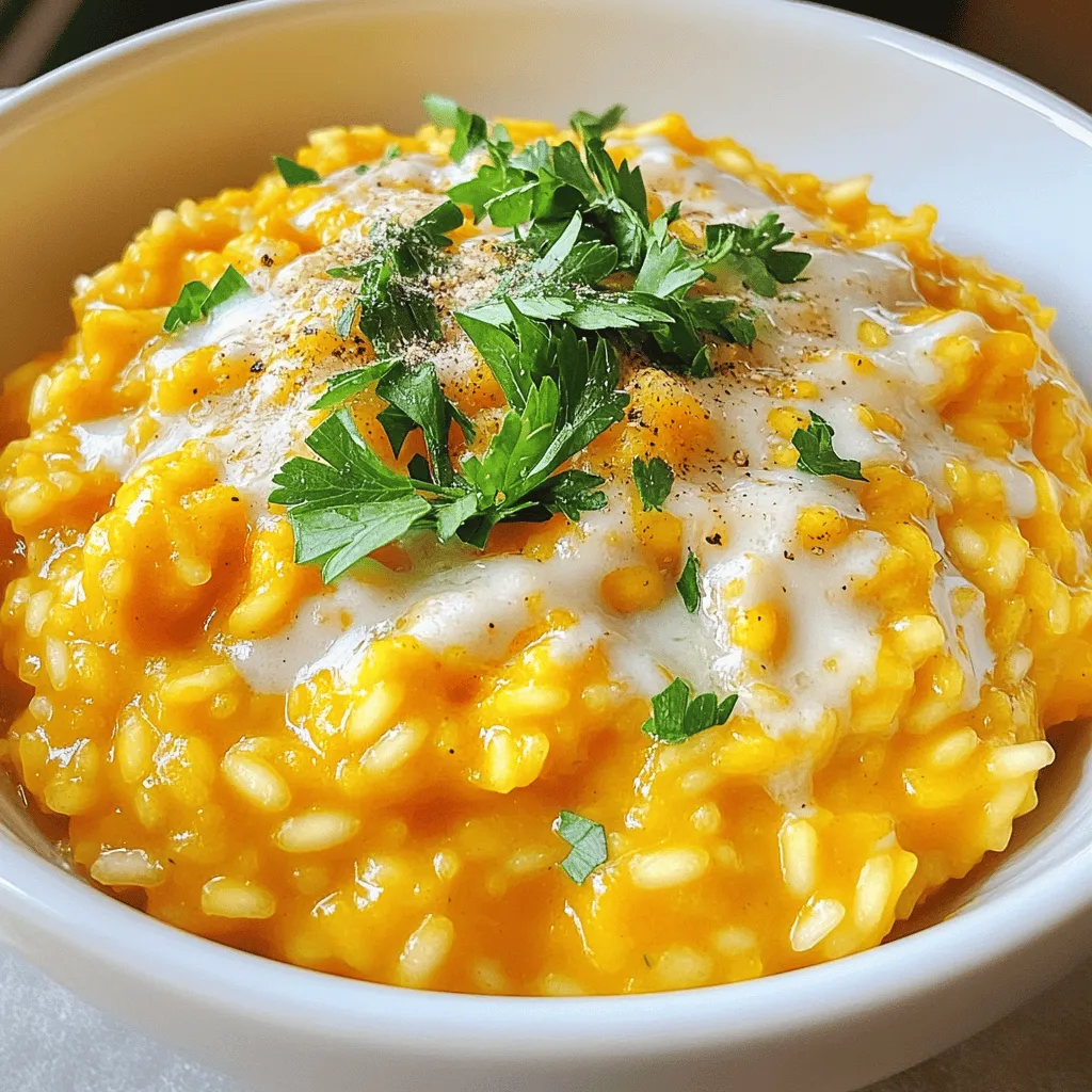 To create this creamy pumpkin risotto, you need a few key ingredients: - 1 cup Arborio rice - 1 cup pumpkin puree (canned or fresh) - 4 cups vegetable broth - 1 small onion, finely chopped - 2 cloves garlic, minced - 1 teaspoon dried thyme - 1 teaspoon ground nutmeg - 1/2 cup grated Parmesan cheese - 2 tablespoons unsalted butter - Salt and pepper to taste - Fresh parsley, chopped (for garnish) These ingredients work together to create a rich and warm dish that is perfect for fall. You can make your risotto even better with some fun garnishes: - A drizzle of olive oil adds flavor. - Toasted pumpkin seeds provide crunch. - A sprinkle of red pepper flakes adds heat. - A dollop of cream can make it richer. Feel free to mix and match these garnishes to make the dish yours. Choosing the right ingredients is key to great risotto. Here are some tips: - Rice: Use Arborio rice. It has the right starch for creaminess. - Pumpkin: Fresh pumpkin is great, but canned works well too. Look for pure pumpkin, not pie filling. - Broth: Choose quality vegetable broth for the best flavor. Homemade is even better. - Cheese: Use good Parmesan cheese. Grate it fresh for the best taste. With these tips, you’ll ensure your pumpkin risotto shines. For the full recipe, check out the details above! To start, turn on your Instant Pot and choose the Sauté function. Add 2 tablespoons of unsalted butter to melt. Once the butter melts, toss in 1 small chopped onion. Cook it for about 3 minutes until it turns soft and translucent. Next, add 2 minced garlic cloves. Stir this mixture for 30 seconds until it smells amazing. This step builds a strong flavor base for your risotto. Now it’s time to add the rice. Pour in 1 cup of Arborio rice and stir it for about 2 minutes. This toasts the rice and helps it soak in the flavors. After that, mix in 1 cup of pumpkin puree, 1 teaspoon of dried thyme, 1 teaspoon of ground nutmeg, and salt and pepper to taste. Then, pour in 4 cups of vegetable broth. Stir everything well to combine all the ingredients. Close the Instant Pot lid, making sure the valve is set to Sealing. Select the Manual or Pressure Cook setting and set the timer for 6 minutes. When the timer goes off, let the pressure release naturally for 5 minutes. After that, carefully switch the valve to Venting to release any remaining pressure. Once you open the lid, the risotto should look creamy and slightly firm. Stir it gently to mix it all up. Then, fold in 1/2 cup of grated Parmesan cheese. This adds richness to the dish. If your risotto is too thick, you can add a splash of vegetable broth to make it perfect. Spoon the creamy risotto into bowls. Garnish with chopped parsley and extra Parmesan, if you like. Enjoy your delicious meal! For the full recipe, check the earlier section. To get that dreamy, creamy texture, use Arborio rice. This rice has high starch, which helps create a rich and velvety risotto. When you sauté the rice, it absorbs flavors well. After pressure cooking, stir in grated Parmesan cheese. This cheese adds creaminess and depth. If the risotto feels thick, just add a splash of broth. Stir until you reach your desired consistency. One mistake is not to toast the rice long enough. Toasting adds flavor and helps with creaminess. Another error is rushing the pressure release. Always allow for a natural release for at least five minutes. This helps the risotto finish cooking and keeps it creamy. Finally, avoid overcooking the risotto. It should be al dente, not mushy. Always ensure your Instant Pot seals well. A good seal helps maintain pressure for cooking. Use the sauté function to add flavor before pressure cooking. This step is key in developing taste. Clean your Instant Pot thoroughly after use. This keeps it in great shape and ready for your next dish. For precise cooking, refer to the Full Recipe for step-by-step guidance. {{image_2}} You can easily make this dish vegan. Simply skip the Parmesan cheese and butter. Use coconut cream or a vegan butter alternative. This change keeps the creaminess while making it plant-based. The pumpkin adds natural sweetness, so you won’t miss the dairy. Adding herbs and spices can elevate your risotto. Fresh sage pairs well with pumpkin. Just chop it finely and add it during cooking. You can also try rosemary for a strong flavor. A pinch of cayenne pepper adds heat, while a sprinkle of cinnamon can give warmth. Feel free to customize your risotto with other ingredients. Add cooked mushrooms for a savory touch. Spinach or kale can boost nutrients and color. You might even try chickpeas for protein. Just remember to adjust the broth as needed if you add more ingredients. For the complete preparation details, check out the Full Recipe. To keep your leftover risotto fresh, you should store it in an airtight container. Let the risotto cool to room temperature before sealing it. This helps prevent moisture build-up and keeps it creamy. It can stay in the fridge for up to three days. If you want to eat it later, freezing is a great option. When you reheat risotto, you want to keep it creamy. Place it in a pot over low heat. Add a bit of vegetable broth or water to loosen it up. Stir it often. You can also use the microwave. Just add a splash of liquid and cover it. Heat in short bursts, stirring in between until warmed through. If you choose to freeze your risotto, pour it into a freezer-safe container. Leave some space at the top, as it will expand. Risotto can be frozen for up to three months. To thaw, move it to the fridge overnight before reheating. This way, you can enjoy your creamy pumpkin risotto at a later time! For the full recipe, check out the complete guide. Yes, you can use different rice. Arborio rice works best for creamy risotto. Other options are Carnaroli or Vialone Nano. These choices have high starch. This starch gives risotto its creamy texture. Using long-grain rice will not give the same results. To make risotto without an Instant Pot, start with a skillet. Use a medium heat on your stove. Sauté the onions and garlic in butter. Add the Arborio rice and toast it for two minutes. Gradually add warm broth, one cup at a time. Stir often until the rice absorbs the liquid. This will take about 20 minutes. Finish with pumpkin puree and cheese for creaminess. Creamy pumpkin risotto goes well with many dishes. Try serving it with roasted chicken or sautéed greens. A fresh salad with nuts adds crunch. Grilled vegetables also pair nicely. You can even add a poached egg on top for extra protein. You can easily boost the nutrition of your risotto. Add diced spinach or kale for extra vitamins. Incorporating cooked lentils or chickpeas adds fiber and protein. You can use whole grain Arborio rice for more nutrients. Additionally, replace some broth with a vegetable-rich puree. This will add flavor and health benefits. For the full recipe, check out the [Full Recipe]. In this article, we explored how to make creamy pumpkin risotto in an Instant Pot. I shared key ingredients and optional garnishes to enhance flavor. You learned step-by-step cooking instructions and tips for a perfect texture. We also discussed variations, storage info, and answered common questions. Making risotto is easy when you follow these steps. Enjoy your delicious meal, and don’t hesitate to get creative with flavors! Cooking should be fun, so keep experimenting and savoring every bite.