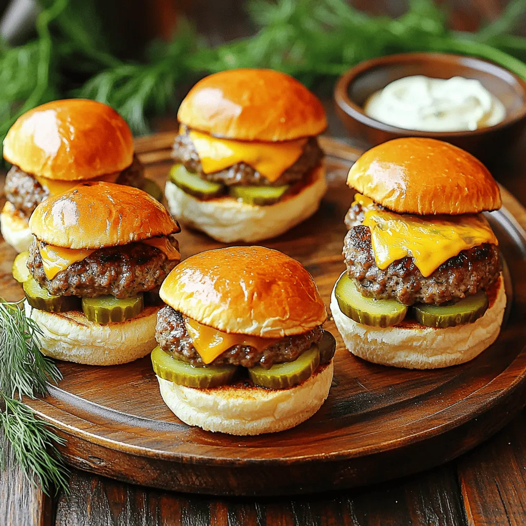 - 1 lb ground beef (80/20 blend) - 6 slider buns - 1 cup dill pickles, sliced - 6 slices cheddar cheese - 1 teaspoon garlic powder - 1 teaspoon onion powder - 1/4 cup mayonnaise - 1 tablespoon Dijon mustard - 1 tablespoon dill pickle juice - Fresh dill (optional) - Additional pickles To make Dill Pickle Cheeseburger Sliders, gather these ingredients first. I love using a good ground beef blend, like 80/20. This mix gives you juicy, flavorful patties. Slider buns should be soft and fresh. They should hold all the goodness without falling apart. Dill pickles add that tangy crunch we all crave. I use sliced pickles for easy stacking. Cheese is a must, and cheddar melts perfectly on hot patties. Now, let's talk about seasonings. Garlic and onion powders boost the beef flavor. They add depth without overpowering the dish. The creamy sauce makes each bite better. Mayonnaise, Dijon mustard, and dill pickle juice come together to create a delicious tang. For garnish, fresh dill adds a nice touch, but it’s optional. I also like to have more pickles on the side. This way, everyone can add as many as they want! This list of ingredients sets you up for success. Check out the Full Recipe for details on preparation and cooking. Enjoy every bite of your sliders! - Preheat your grill or griddle to medium heat. This helps cook the patties just right. - In a large bowl, mix the ground beef with garlic powder, onion powder, salt, and pepper. Use your hands to combine gently. You want it mixed, but not overworked. - Form the meat into six small patties. Make a slight indent in the center of each one. This keeps them flat while cooking. - Grill the patties for about 3-4 minutes on one side. Flip and add a slice of cheddar cheese on each patty. Cook for another 3-4 minutes until the cheese melts and the patties are done to your liking. - Toast the slider buns on the grill or in a toaster until they are golden brown. This adds a nice crunch. - In a small bowl, mix mayonnaise, Dijon mustard, and dill pickle juice to create a tangy sauce. Spread this on the bottom half of each bun. - Stack the cheesy patty on top of the sauce. Add several slices of dill pickles on each patty. Finally, cap it with the top half of the bun. - If you want, add fresh dill on top for extra flavor. Enjoy your tasty sliders right away! Check out the Full Recipe for more detailed steps and tips! To make the best sliders, aim for the right burger doneness. For juicy burgers, cook them to medium. This means an internal temperature of 160°F. Use a meat thermometer for accuracy. Let the patties rest for a few minutes after cooking. This keeps the juices inside. Avoid puffed-up patties by making a small indent in the center of each. This simple trick helps them cook evenly. It also prevents them from ballooning while on the grill. Tweak the sauce flavors to fit your taste. If you like it tangy, add more dill pickle juice. For a creamier sauce, increase the mayonnaise. You can also mix in a splash of hot sauce for some heat. If you want alternatives to dill pickle juice, try lemon juice or apple cider vinegar. Both add a nice tang without overpowering the flavor of the sliders. For a great serving display, arrange the sliders on a large platter. Stack them neatly and add some extra dill pickles on the side. This gives guests a choice to add more if they want. Serve the remaining tangy sauce in a small bowl for dipping. Consider adding chips or fries as a side. These pair well and make the meal even more fun! {{image_2}} To make your Dill Pickle Cheeseburger Sliders even better, you can add spices. A pinch of smoked paprika or cayenne pepper gives a nice kick. You can also experiment with different cheeses. Try pepper jack for heat or gouda for creaminess. Each cheese changes the flavor and makes it fun! If you need gluten-free options, look for special slider buns made from rice or almond flour. These work well and taste great. For a vegetarian choice, use black bean patties or lentil patties. They soak up flavors well and still give you that satisfying bite. You can make sliders in different sizes. Mini sliders are perfect for parties. Standard sliders are filling and great for a meal. Just remember, cooking times will change based on size. Smaller patties cook in about 2-3 minutes per side, while larger ones may take 4-5 minutes. This helps you serve them just right! Store leftover sliders in an airtight container. This keeps them fresh longer. The best time to eat them is within three days. After that, the taste may fade. Keep the components separate if possible. The patties stay good for up to four days. The buns can last about two days. To freeze sliders, wrap each one in plastic wrap. Then, place them in a freezer bag. This prevents freezer burn. You can freeze patties and buns separately. For patties, freeze them flat. This makes them easier to thaw. To thaw, move them to the fridge overnight. You can also use the microwave for faster results. The best way to reheat sliders is in the oven. Preheat it to 350°F. Place the sliders on a baking sheet. Cover them with foil to keep them moist. Heat for about 10-15 minutes. You can also use a skillet on low heat. Add a splash of water and cover it. This keeps the sliders juicy while warming them up. To make Dill Pickle Cheeseburger Sliders, follow these easy steps: 1. Preheat your grill or stovetop griddle over medium heat. 2. In a bowl, mix the ground beef, garlic powder, onion powder, salt, and pepper. 3. Form the beef into six small patties. Make a small indent in the center of each. 4. Grill the patties for 3-4 minutes, then flip them. Add a slice of cheddar cheese. 5. Cook for another 3-4 minutes until the cheese melts. 6. While patties cook, mix mayonnaise, Dijon mustard, and dill pickle juice to make the sauce. 7. Toast the slider buns until golden brown. 8. Spread sauce on the bottom half of each bun, add the patty, and top with pickles. 9. Close the sliders and serve. For the full recipe, check the main article. The best meat for sliders is an 80/20 ground beef blend. This mix gives juicy flavor. The higher fat content helps keep the sliders moist as they cook. You can also try blends with brisket or chuck for unique tastes. A good mix ensures your sliders are not dry and have a great bite. Yes, you can prepare sliders ahead of time. You can form the patties and store them in the fridge for up to a day. This saves time when you're ready to cook. Just remember to keep them covered. You can also mix the sauce ahead and store it in the fridge. Toast the buns just before serving for the best taste. You can customize your sliders easily! Here are some ideas: - Add jalapeños for spice. - Use different cheeses like Swiss or pepper jack. - Top with crispy bacon for crunch. - Swap out the sauce with barbecue or ranch dressing. These changes will give your sliders a unique twist and keep things fun. You learned how to make delicious Dill Pickle Cheeseburger Sliders. We covered key ingredients like beef, cheese, and pickles. Followed by easy prepping, cooking, and assembling steps. You discovered helpful tips for cooking and saucing. We looked at tasty variations and storage options too. Now, it's your turn to try these sliders. Customize them to fit your taste. Enjoy making them for friends and family, and have fun! Happy cooking!